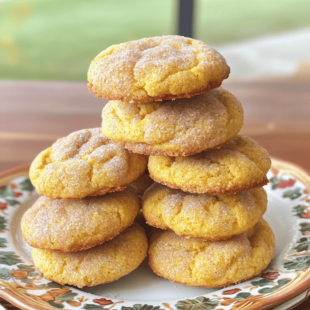 To make chewy pumpkin snickerdoodle cookies, gather these items: - 1 cup unsalted butter, softened to room temperature - 1 cup packed brown sugar - 1/2 cup granulated sugar, plus 1/3 cup for rolling - 1/2 cup pure pumpkin puree - 2 large eggs - 3 cups all-purpose flour - 2 teaspoons cream of tartar - 1 teaspoon baking soda - 1/2 teaspoon salt - 1 tablespoon ground cinnamon - 1/2 teaspoon ground nutmeg - 1/4 teaspoon ground ginger - 1/4 teaspoon ground allspice - 2 teaspoons ground cinnamon (for rolling) This recipe makes about 24 cookies. Each cookie is a perfect bite-sized treat. If you want more, you can double the recipe. Just remember to adjust your baking sheets! You can swap some ingredients if needed. For a dairy-free option, use a vegan butter. If you want a gluten-free treat, try a gluten-free flour blend. For a fun twist, add chocolate chips or chopped nuts to the dough. You can also use pumpkin spice if you don't have individual spices on hand. This gives a warm flavor that goes well with pumpkin. Enjoy exploring these options! First, gather all your ingredients. You will need: - 1 cup unsalted butter, softened to room temperature - 1 cup packed brown sugar - 1/2 cup granulated sugar, plus 1/3 cup for rolling - 1/2 cup pure pumpkin puree - 2 large eggs - 3 cups all-purpose flour - 2 teaspoons cream of tartar - 1 teaspoon baking soda - 1/2 teaspoon salt - 1 tablespoon ground cinnamon - 1/2 teaspoon ground nutmeg - 1/4 teaspoon ground ginger - 1/4 teaspoon ground allspice - 2 teaspoons ground cinnamon (for rolling) Start by preheating your oven to 350°F. Line your baking sheets with parchment paper. This helps the cookies not stick. In a large bowl, mix the softened butter, brown sugar, and granulated sugar. Use an electric mixer to blend everything until it’s light and fluffy. This should take about 3 to 4 minutes. Next, add the pumpkin puree and mix until smooth. Add the eggs, one at a time, mixing well after each. In another bowl, whisk together the flour, cream of tartar, baking soda, salt, and spices. Mix these dry ingredients into the wet mixture. Stir gently until just combined. The dough should be soft and slightly sticky. Prepare the rolling mixture by combining 1/3 cup of granulated sugar with 2 teaspoons of ground cinnamon in a small bowl. Mix it well. Take a tablespoon of dough and roll it into a ball. Coat each ball in the cinnamon-sugar mix. Place the dough balls on your lined baking sheets, leaving about 2 inches between them. This space allows the cookies to spread. Bake the cookies for 10 to 12 minutes. They should have golden edges but soft centers. They will firm up as they cool. After baking, let the cookies sit on the baking sheets for 5 minutes. This helps them set. Once they are slightly firm, transfer them to wire racks. Let them cool completely. For storage, place the cookies in an airtight container. They will stay fresh for about a week. You can also freeze them for longer storage. Enjoy these delightful treats! For the full recipe, refer to the recipe section above. To get that perfect chewy texture in your pumpkin snickerdoodle cookies, focus on two main things: the right flour and the mixing method. Use all-purpose flour; it gives the best chew. When mixing your dough, do not overmix. Mix until just combined; this keeps your cookies soft. Baking for the right time is also key. Pull them out when the edges are golden but the centers look soft. They will firm up as they cool. Accurate measuring helps make great cookies. Use a kitchen scale for your flour; it ensures you have the right amount. If you don’t have a scale, spoon the flour into your measuring cup and level it with a knife. Do not pack the flour down. For sticky ingredients like pumpkin puree, use a liquid measuring cup. This method gives you the right amount without mess. A few mistakes can ruin your cookies. First, do not skip the cream of tartar; it gives snickerdoodles their classic tang. Avoid using cold butter; it should be soft. Cold butter makes the dough tough. Lastly, do not skip the chilling step if your dough is too sticky. Chilling firms up the dough, making it easier to roll. For the full recipe, check the section above. {{image_4}} You can make chewy pumpkin snickerdoodle cookies gluten-free. Just swap regular flour for a gluten-free blend. Look for a blend that has xanthan gum in it. This helps the cookies hold together well. Adjust baking time if needed. Want to mix things up? Try adding chocolate chips or nuts. Dark chocolate chips add a sweet touch. Walnuts or pecans lend a nice crunch. Simply fold them in when you mix the dough. This makes each bite exciting and new. Get creative with seasonal flavors! Adding dried cranberries gives a tart taste. This pairs well with the sweet pumpkin. You can also use apple pieces for an autumn twist. Just chop them small and mix them in. These additions add fun and flavor to your cookies. For the full recipe, check out the main section of the article. To keep your chewy pumpkin snickerdoodle cookies fresh, store them in an airtight container. This prevents air from making them hard. Place parchment paper between layers if stacking. This helps them stay soft and not stick together. Make sure to store them in a cool, dry place. If you live in a humid area, the fridge is a good option. These cookies stay fresh for about one week at room temperature. If stored in the fridge, they can last up to two weeks. However, the cookies might dry out a bit in the fridge. For the best taste and texture, eat them within the first few days. You can freeze these cookies for later enjoyment. First, let the cookies cool completely. Then, place them in a single layer on a baking sheet. Freeze them for about an hour until firm. After that, transfer the cookies to an airtight freezer bag. They can last up to three months in the freezer. When ready to eat, just thaw them at room temperature. For extra warmth, pop them in the oven for a few minutes. Enjoy your chewy pumpkin snickerdoodle cookies any time! For the full recipe, check out the details above. To make chewy pumpkin snickerdoodle cookies from scratch, start by mixing butter and sugars. Add in pumpkin puree and eggs. Then, mix flour with spices and baking soda. Combine both mixtures gently to form a soft dough. Roll the dough into balls, coat them in cinnamon sugar, and bake at 350°F for 10 to 12 minutes. This will give you soft and tasty cookies. Yes, you can use canned pumpkin puree. It is a great time-saver and works well in this recipe. Just make sure to choose pure pumpkin puree, not pumpkin pie filling. This ensures your cookies have the right flavor and texture. If your dough is too sticky, you can chill it in the fridge for 30 minutes. This will help firm it up, making it easier to roll into balls. You can also dust your hands and work surface with a little flour to help manage the stickiness. You can make these cookies vegan by swapping eggs for a flaxseed mixture or applesauce. Use vegan butter instead of regular butter. Ensure your pumpkin puree is also vegan-friendly. This way, you can enjoy delicious cookies without animal products. You can find the full recipe for chewy pumpkin snickerdoodle cookies in the recipe section. This will guide you through every step and help you create these delightful treats at home. In this blog post, we explored how to make chewy pumpkin snickerdoodle cookies. We covered key ingredients, portion sizes, and even alternatives. You learned the steps for preparation, baking, and storage. I shared tips for perfect texture, measuring, and avoiding mistakes. We looked at gluten-free options and tasty flavor twists. To wrap it up, this cookie recipe is easy and fun. These tips streamline the process, ensuring your cookies are a hit every time. Enjoy baking and sharing them!