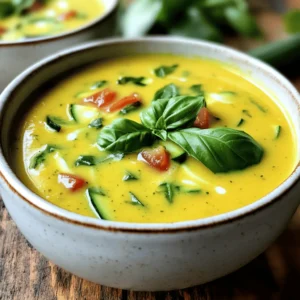 - Chopped zucchinis (3 medium) - Diced ripe tomatoes (4 medium) - Finely chopped onion (1 small) - Minced garlic (2 cloves) The main ingredients in this soup give it a rich and fresh taste. The zucchinis add a soft texture while the tomatoes bring sweetness and acidity. The onion and garlic create a strong base, enhancing the overall flavor. - Vegetable broth (3 cups) - Coconut milk or heavy cream (1 cup) - Olive oil (2 tablespoons) - Dried herbs (basil and oregano) For the liquid, I use vegetable broth. It gives the soup depth. Coconut milk creates a creamy feel. If you prefer, you can use heavy cream instead. Olive oil adds a nice richness, while the dried herbs bring the flavors together. - Salt and freshly ground black pepper - Fresh basil leaves for garnish The right seasoning is key. Salt and fresh black pepper enhance the soup’s taste. I love to garnish with fresh basil leaves. They add a pop of color and freshness to each bowl. For the full recipe, check out the [Full Recipe]. 1. Heat 2 tablespoons of olive oil in a large pot over medium heat. 2. Add 1 small onion, finely chopped. Sauté for 3-4 minutes. The onion will turn soft and clear. 3. Next, add 2 cloves of minced garlic. Cook for 1 minute. Stir often to avoid burning. 4. Now, add 3 medium zucchinis, chopped into bite-sized pieces, and 4 medium ripe tomatoes, diced. Cook for 5-7 minutes. Stir occasionally until the zucchinis soften. 1. Pour in 3 cups of vegetable broth. Sprinkle in 1 teaspoon of dried basil and 1 teaspoon of dried oregano. 2. Season with salt and freshly ground black pepper. Bring to a boil. Reduce heat to let it simmer for 15 minutes. This helps flavors mix well. 1. After simmering, take the pot off the heat. Use an immersion blender to puree the soup. It should be smooth and creamy. 2. If you don’t have an immersion blender, carefully use a regular blender. Blend in batches and let steam escape. 3. Stir in 1 cup of coconut milk (or heavy cream). Place the pot back on low heat for about 5 minutes. Adjust seasoning if needed. 4. Serve hot in bowls and garnish with fresh basil leaves. For a special touch, drizzle extra coconut milk on top. This soup is not just easy to make; it’s also a warm, nourishing dish that you will love. Enjoy this delightful and nutritious soup using the Full Recipe. To get the best taste from your zucchini tomato soup, adjust the seasoning. Start with salt and pepper. Taste as you cook, and add more if needed. If you want more depth, try adding a splash of balsamic vinegar. It enhances the sweetness of the tomatoes. You can also boost flavor with spices. Try a pinch of red pepper flakes for heat or a dash of smoked paprika for a rich twist. Fresh herbs like thyme or parsley can add brightness. Sautéing your veggies properly sets the stage for a great soup. Heat the olive oil over medium heat and add onions first. Cook until they are soft and fragrant. This usually takes about 3-4 minutes. Then, add garlic for just 1 minute to prevent burning. Using an immersion blender makes blending easy. You can blend the soup right in the pot. If you don’t have one, transfer the soup in batches to a regular blender. Always let steam escape to avoid splatters. Serve your soup in bowls for a cozy feel. To make it look fancy, drizzle a bit of extra coconut milk on top. It adds creaminess and visual appeal. You can also garnish with fresh basil leaves. They not only look great but also add a fresh flavor. For extra flair, sprinkle some black pepper or drizzle a bit of olive oil over each bowl. For the full recipe, check out the [Full Recipe]. {{image_4}} You can easily make this soup fit your diet. For a vegan option, use coconut milk. It adds creaminess without dairy. If you prefer a non-vegan soup, heavy cream works well too. If you need a low-sodium version, choose low-sodium vegetable broth. You can also skip adding extra salt during cooking. Taste and adjust the salt later. Feel free to swap in other veggies. Carrots and bell peppers add nice flavor and color. You can also use yellow squash for a twist. The base of the soup stays the same, so you can be creative. Using fresh herbs can boost the taste. Basil and oregano taste great fresh. They add a bright flavor that dried herbs may lack. Just remember to adjust the amount since fresh herbs are stronger. Want to spice things up? Add a pinch of red pepper flakes or cayenne. This will give your soup a nice kick. You can also mix in proteins like beans or lentils. They make the soup heartier and more filling. Black beans or chickpeas work well. They add texture and extra nutrients. For the full recipe, check out the [Full Recipe]. To keep your zucchini tomato soup fresh, store it in an airtight container. Place it in the fridge right after it cools down. It’s best to eat it within three to four days. If you want longer storage, consider freezing it. Pour the cooled soup into freezer-safe bags. Make sure to leave some space at the top for expansion. Freeze the soup flat for easy stacking. It can last up to three months in the freezer. You can reheat your soup using a microwave or on the stovetop. For the microwave, place the soup in a bowl and cover it. Heat it in short bursts, stirring in between. On the stovetop, pour the soup into a pot. Warm it over low heat, stirring often. If you want to keep the soup creamy, add a splash of coconut milk or cream while reheating. This helps restore its smooth texture. In the fridge, your zucchini tomato soup lasts about three to four days. After that, the quality may drop. Look for signs of spoilage like an off smell or mold. If you see any of these signs, it’s best to throw the soup away. Always trust your senses when checking for freshness. For more detailed steps, you can check the Full Recipe. Yes, you can make zucchini tomato soup ahead of time. This soup actually tastes better after it sits for a day. Here are some tips for meal prepping: - Cool the soup completely before storing it. This helps prevent condensation. - Use airtight containers to keep the soup fresh in the fridge. - Reheat gently on the stove or in the microwave. Stir well to ensure even warmth. Absolutely! Zucchini tomato soup is packed with nutrients. Here are some key benefits: - Zucchini is low in calories and high in water, making it great for hydration. - Tomatoes are rich in vitamins C and K, plus they have antioxidants like lycopene, which is good for heart health. - Onions and garlic add flavor and are known for their immune-boosting properties. If you want a thicker soup, try these methods: - Add a potato: Cook a diced potato with the soup and blend it in. - Use less broth: Start with 2 cups of broth and add more as needed. - Blend less: If you prefer some texture, blend only half the soup. Yes, you can use canned tomatoes. They are often picked and canned at peak ripeness. Here’s how they impact your soup: - Flavor: Canned tomatoes can be sweeter and richer due to the canning process. - Texture: They may break down more, giving you a smoother soup. - Convenience: Canned tomatoes save prep time and work well in any season. For the full recipe, check out the [Full Recipe]. Zucchini tomato soup is simple yet delicious. You learned about key ingredients, like zucchini and tomatoes, and how to prepare them step by step. Tips on flavors and presentation enhance your dish. Dietary swaps offer options for everyone. Storing and reheating are easy with the methods shared. In closing, you can enjoy this soup any time. It’s tasty, healthy, and versatile. Make it your own, and savor the flavors.