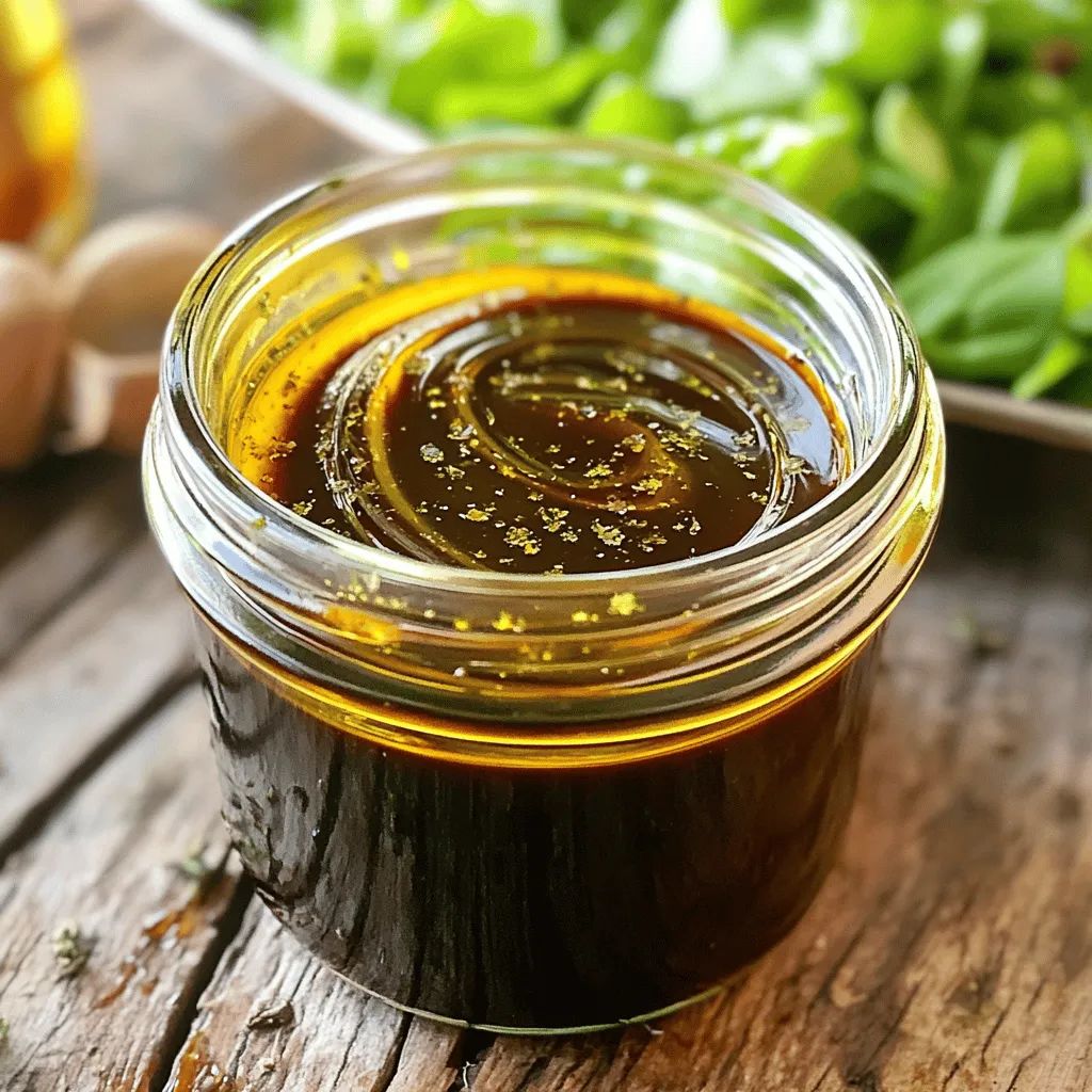 - 1/2 cup balsamic vinegar - 1/4 cup extra virgin olive oil - 1 tablespoon Dijon mustard - 1 tablespoon honey (or use maple syrup for a vegan alternative) - 1 clove garlic, finely minced - Sea salt and freshly ground black pepper, to taste - 1 teaspoon dried oregano - 1 teaspoon freshly chopped basil (optional, for extra freshness) When I create homemade balsamic dressing, I focus on fresh, high-quality ingredients. Balsamic vinegar is the star of this dressing. It brings a rich, sweet, and tangy flavor. I use extra virgin olive oil for its smoothness and healthy fats. Dijon mustard adds a nice kick and helps emulsify the dressing. For sweetness, honey works well, but maple syrup is a great vegan choice. A touch of garlic enhances the taste with its bold flavor. Sea salt and freshly ground black pepper balance the dressing. I also like to add dried oregano for a bit of earthiness. If you want a pop of freshness, use freshly chopped basil. Using quality ingredients makes a huge difference. This dressing is not just a topping; it elevates your salads and dishes. You can find the full recipe in the section above. To start, grab a medium-sized mixing bowl. First, pour in 1/2 cup balsamic vinegar. Then add 1 tablespoon Dijon mustard, 1 tablespoon honey, and 1 clove garlic, finely minced. Use a whisk to mix these ingredients. Keep whisking until the mixture is smooth. Next, slowly drizzle in 1/4 cup extra virgin olive oil while whisking. This helps to emulsify the dressing, creating a creamy texture. Keep whisking until the oil blends well with the vinegar mixture. Now, it's time to add flavor. Fold in 1 teaspoon dried oregano and 1 teaspoon freshly chopped basil if you want extra freshness. These herbs will enhance the taste of your dressing. Next, taste your dressing. Add sea salt and freshly ground black pepper to your liking. If you want a sweeter taste, add a bit more honey or maple syrup. For the best flavor, let your dressing rest for at least 15 minutes. This time allows the ingredients to meld together. If you have leftovers, transfer the dressing to an airtight container. Store it in the fridge. It can last up to a week. Just shake it before using to re-emulsify. For the full recipe, check out the link above. To get a creamy texture, whisk hard. Start with a steady hand. Add the olive oil slowly while whisking. This helps mix the oil with the vinegar. If you pour too fast, they won't blend well. A good trick is to use a bowl that is not too wide. This keeps the oil close to the vinegar for better mixing. Common mistakes to avoid include not whisking enough and adding oil too quickly. If the dressing separates, just whisk it again. Always taste as you go to ensure the right flavor. You can boost the flavor with fresh herbs. Try parsley, thyme, or rosemary. These will add a nice touch to your dressing. Adding a pinch of red pepper flakes gives a little heat too. Balancing flavors is key. Aim for sweet, tangy, and savory. If it's too tangy, add more honey. If it’s too sweet, add more vinegar. Adjusting these flavors makes the dressing perfect for your taste. Balsamic dressing pairs well with salads, grilled veggies, and roasted meats. It makes a great dip for bread too. Drizzle it over fresh greens or mix it into roasted vegetables for added flavor. When serving, drizzle lightly over your dish. A little goes a long way. Make sure to toss salads well to coat everything evenly. Enjoy your homemade dressing on various meals, and let its flavor shine! Check the [Full Recipe] for more details. {{image_4}} You can easily make this dressing vegan. Simply swap honey for maple syrup. This switch keeps the sweetness but fits a vegan diet. You can also add a touch of agave syrup if you prefer. Other vegan-friendly ingredients include nutritional yeast. This adds a cheesy flavor without dairy. Get creative with different herbs. Try adding thyme or parsley for a fresh twist. You can also experiment with sweet or savory profiles. For a sweet touch, add a bit of fruit puree, like raspberry or peach. If you want a savory flavor, try adding chopped shallots or minced onion. If you like heat, spice it up! Add chili flakes for a mild kick. You can also use sriracha for a bolder flavor. Start with a small amount and adjust to your taste. Mix well to ensure the spice distributes evenly throughout the dressing. Store your leftover balsamic dressing in a clean, airtight container. Glass jars are great for this. You can keep it in the fridge for up to a week. The flavors will deepen as it sits, making it even tastier. Don't let any dressing go to waste! You can use excess dressing on grilled veggies, as a marinade for chicken, or drizzled over roasted potatoes. If you see any signs of separation, just shake or stir it before use. Always check for any off smells or changes in color before using dressing that has been stored. If your homemade dressing has a strange smell or looks cloudy, it's best to toss it. Look out for any mold or significant changes in texture. To dispose of expired dressing, pour it down the sink and rinse the container before recycling. Always prioritize safety when consuming or storing food. For the full recipe and more tips, check out the Zesty Homemade Balsamic Dressing. Yes, you can use regular vinegar. However, it changes the flavor. Balsamic vinegar has a sweet and rich taste. Regular vinegar is more acidic and sharp. You can try red wine vinegar for a similar flavor. Apple cider vinegar is another option, but it will taste different. Adjusting the amount of sweetener may help balance the flavors. Making this dressing is quick and easy. It only takes about 10 minutes to prepare. Once you mix the ingredients, let it sit for 15 minutes. This resting time lets the flavors blend well. In total, you will spend about 25 minutes from start to finish. If you don’t have a whisk, don’t worry! You can use a fork or a small jar. When using a jar, add all the ingredients. Seal the lid and shake it well. This method works great for mixing and emulsifying. A blender is another option for a smooth texture. Just blend until combined. This blog post covered how to make a delicious balsamic dressing. I shared the ingredients, preparation steps, and helpful tips to create a tasty blend. You learned about flavor variations and storage tips, ensuring your dressing lasts longer. Now, you have the tools to make this dressing your own. Play with flavors and enjoy it on salads or veggies. With a few simple steps, you can create a restaurant-quality dressing at home. Enjoy your culinary creations!