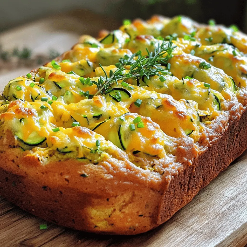 - 2 medium zucchinis, grated - 1 cup sharp cheddar cheese, shredded - 1 ½ cups all-purpose flour - 1 teaspoon baking powder - ½ teaspoon baking soda - ½ teaspoon salt - 2 large eggs - ½ cup plain Greek yogurt - ¼ cup olive oil - 1 tablespoon fresh thyme leaves (or 1 teaspoon dried thyme) - 1 tablespoon fresh chives, finely chopped - Optional: ½ teaspoon black pepper Gathering quality ingredients is key to making savory cheddar zucchini bread. I love using fresh zucchinis, as they enhance the taste and moisture of the bread. Sharp cheddar adds a bold flavor that makes every bite exciting. - Calories per slice: About 150 calories - Macros: - Carbs: 18g - Protein: 6g - Fat: 7g Zucchini is low in calories and high in water. It helps keep the bread moist without adding too many calories. Cheddar cheese gives you protein and fat. This balance makes the bread a good choice for a snack or side dish. Eating this bread gives you the benefit of vegetables while enjoying a tasty treat. You can feel good serving this to family and friends. Want to explore more? Check the Full Recipe for details! Preheat your oven to 350°F (175°C). This is the right temperature for baking. Prepare a 9x5-inch loaf pan. You can grease it lightly or use parchment paper. This makes it easy to remove the bread later. Grate the zucchini using a box grater. Make sure to use medium-sized holes. If your zucchini is very watery, squeeze it gently. Remove some of the excess moisture before using it. This helps the bread stay fluffy. In a large bowl, combine the all-purpose flour, baking powder, baking soda, and salt. Mix these well with a whisk to blend them evenly. If you like a little heat, add the optional black pepper. It gives a nice kick to the bread. In another mixing bowl, beat the two large eggs until light and frothy. Add the plain Greek yogurt and olive oil to the eggs. Mix until the wet ingredients are smooth and creamy. This will ensure your bread stays moist. Gradually pour the wet mixture into the dry ingredients. Stir gently until just combined. It’s okay if there are a few lumps. Overmixing can make the bread tough, so be careful. Now, fold in the grated zucchini and shredded cheddar cheese. Also, add the fresh thyme and chives. This brings out the great flavors in the bread. Pour the batter into your prepared loaf pan. Use a spatula to smooth the top. Make sure the batter is evenly spread out. Bake in the preheated oven for about 45-50 minutes. The top should be golden brown. A toothpick inserted in the center should come out clean. Once baked, remove the loaf from the oven. Let it cool in the pan for about 10 minutes. Then, transfer the bread to a wire rack. This helps it cool completely. For a fun serving suggestion, slice the bread warm. Enjoy it with a dollop of herbed butter or a fresh garden salad. For the complete steps, check the Full Recipe. 1. Overmixing the batter: When mixing your wet and dry ingredients, stop as soon as they blend. A few lumps are just fine. Overmixing makes your bread dense, not fluffy. 2. Not removing excess moisture from zucchini: Zucchini holds a lot of water. If you skip squeezing out the extra moisture, your bread may turn soggy. Always gently press the grated zucchini with a clean towel before mixing. - Adding herbs or spices: Boost flavor by mixing in fresh herbs like basil or dill. A pinch of garlic powder or paprika can also add depth. - Suggestions for cheese variations: While sharp cheddar is great, try mixing in gouda or feta for a new twist. Each cheese brings a unique taste to your bread. - Choosing the right size pan: A 9x5-inch loaf pan works best for this recipe. This size ensures even baking. If you use a smaller pan, your bread may overflow. - Alternatives to greasing: Instead of greasing, line your pan with parchment paper. This makes removal easy and keeps your loaf intact. It also helps with cleanup! For a complete guide, check the Full Recipe. {{image_4}} You can switch up the cheese for great taste. Gouda offers a smooth, creamy flavor. Feta adds a tangy bite that pairs well with zucchini. Mixing cheeses can also create unique flavors. For instance, blend cheddar with mozzarella for a melting experience. Experiment and find your favorite combo! If you want a healthier option, try whole wheat flour. It adds a nutty flavor and more fiber. For gluten-free needs, substitute with almond or oat flour. Each flour brings its own character to the bread, so don’t hesitate to explore. Just remember, different flours can change the texture. Get creative with add-ins for extra crunch. Nuts like walnuts or pecans add depth. Seeds, such as sunflower or pumpkin, give a nice bite. You can also mix in sun-dried tomatoes or olives. These ingredients bring unique flavors and textures. Add your favorite toppings to make this dish your own! To keep your savory cheddar zucchini bread fresh, let it cool completely. Wrap it tightly in plastic wrap or aluminum foil. You can also place it in an airtight container. This will help keep the bread moist and flavorful. I recommend using a container that fits the loaf snugly to prevent any air exposure. If you want to freeze your bread, slice it first. Wrap each slice in plastic wrap, then place them in a freezer bag. This way, you can grab a slice whenever you want. When you are ready to eat, take out a slice and let it thaw at room temperature. You can also use a microwave for quick thawing. Properly stored, the bread lasts about 4-5 days at room temperature. You can extend its life up to 3 months in the freezer. Always check for signs of spoilage. If you see mold or notice an off smell, it’s best to throw it away. Enjoy your delicious bread while it’s fresh! Yes, you can use frozen zucchini in this recipe. First, thaw the zucchini fully. After thawing, drain it well. Squeeze out excess water using a clean kitchen towel. This step keeps your bread from getting soggy. You can tell the bread is done by checking its color and texture. Look for a golden-brown top. Insert a toothpick in the center; it should come out clean. If it comes out wet, bake it for a few more minutes. Yes, you can make this bread vegan. Replace eggs with flaxseed meal or applesauce. Use plant-based yogurt instead of Greek yogurt. For cheese, try a dairy-free cheese option. These swaps keep your bread tasty and plant-based. This bread is great for meal prep. You can cut it into slices and store them. Use an airtight container in the fridge for up to a week. For longer storage, freeze slices in a freezer bag. To reheat, just pop them in the toaster or microwave. This recipe for zucchini bread blends fresh ingredients for a tasty treat. We covered everything from the main ingredients to baking tips and possible variations. With careful prep, you can avoid common mistakes and enhance flavors to suit your taste. Remember to store leftovers properly for future enjoyment. I hope you feel inspired to bake this delicious bread at home. Trust me, your friends and family will be glad you did! Enjoy every slice!