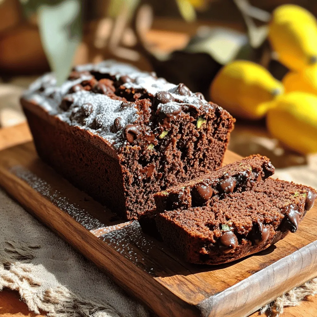- 1 cup grated zucchini (about 1 medium zucchini) - 1/2 cup unsweetened cocoa powder - 1 cup gluten-free all-purpose flour Grated zucchini is the star of this bread. It adds moisture and nutrients. This also helps keep the bread soft and tender. Cocoa powder gives a rich chocolate flavor. Use unsweetened cocoa for the best taste. Gluten-free all-purpose flour ensures everyone can enjoy this treat. - 1/4 cup chopped walnuts or pecans - 1/2 cup dairy-free chocolate chips If you want a little crunch, add walnuts or pecans. They pair well with the soft bread. Dairy-free chocolate chips are great for those with allergies. Both options can make your bread even more delicious. - 9x5-inch loaf pan - Mixing bowls A 9x5-inch loaf pan is perfect for baking this bread. It gives the right shape and size. You also need mixing bowls to combine your ingredients. Having these tools ready makes the process smooth. For the full recipe, check out the complete instructions above. 1. Preheat the oven and prepare the loaf pan: Start by preheating your oven to 350°F (175°C). Grab a 9x5-inch loaf pan. Lightly grease it or line it with parchment paper. This step helps the bread come out easily when baked. 2. Drain the zucchini: Take your grated zucchini, about one medium-sized zucchini, and place it in a medium bowl. Add a pinch of salt and let it sit for about 10 minutes. This resting time helps the zucchini release excess moisture. After 10 minutes, gently press the zucchini with a clean cloth or paper towel to remove the extra liquid. Set it aside. 1. Combine dry ingredients: In a large mixing bowl, whisk together the gluten-free all-purpose flour, cocoa powder, baking soda, baking powder, and salt. Make sure there are no lumps. This mixture gives your bread a rich chocolate flavor. 2. Mix the wet ingredients: In another bowl, combine the granulated sugar, brown sugar, vegetable oil, eggs, and vanilla extract. Whisk until the mixture is smooth and creamy. This step adds moisture and sweetness to your bread. 1. Incorporate zucchini and chocolate chips: Gradually fold the dry ingredients into the wet mixture. Be gentle and avoid overmixing. The batter should be thick and a bit lumpy. Carefully fold in the drained zucchini and chocolate chips. If you like, add chopped walnuts or pecans for crunch. 2. Bake and test for doneness: Pour the batter into your prepared loaf pan. Spread it evenly. Place the pan in your preheated oven and bake for 50-60 minutes. Start checking for doneness at the 50-minute mark. Insert a toothpick into the center; if it comes out clean, your bread is ready. Once done, let it cool in the pan for 10 minutes. Then, transfer it to a wire rack to cool completely. For the full recipe, check out the detailed steps to make this delicious gluten-free chocolate zucchini bread! To make the best gluten-free chocolate zucchini bread, you need to avoid overmixing the batter. Overmixing can make the bread dense. When you combine wet and dry ingredients, mix gently until just combined. A few lumps are okay! Another key point is the moisture content of the zucchini. If your zucchini is too wet, it can make the bread soggy. After grating the zucchini, let it sit with a pinch of salt for about ten minutes. This process helps draw out excess moisture. Once time is up, press the zucchini gently to remove any extra liquid before adding it to your batter. You can serve this bread warm or at room temperature. Warm slices are soft and comforting. Room temperature slices have a rich flavor that shines through. For an elegant touch, try garnishing your bread. Dusting slices with powdered sugar adds a nice sweetness and looks lovely. You can also add a dollop of whipped cream or a scoop of vanilla ice cream for a special dessert. To store leftovers, keep the bread in an airtight container. This helps keep it fresh for up to five days. If you want to keep it longer, you can freeze it. Just wrap slices tightly in plastic wrap and store them in a freezer bag. When you want to enjoy a slice, reheat it in the microwave for 10 to 15 seconds. You can also warm it in the oven at 350°F for about five minutes. This brings back the soft texture and rich flavor. For the full recipe, check out the complete instructions above. Enjoy baking! {{image_4}} You can easily switch flours in this recipe. Almond flour adds a nutty taste. Coconut flour can make it lighter, but use less. Each flour changes the texture a bit. If you're vegan, swap the eggs for flax eggs. Mix one tablespoon of ground flaxseed with three tablespoons of water. Let it sit for a few minutes to thicken. You can also use applesauce or mashed bananas for moisture. Want to spice it up? Add cinnamon or nutmeg. Just a half teaspoon of cinnamon brings warmth. Nutmeg adds a nice touch, too. You can also mix in fruits like blueberries or chopped apples. They add sweetness and moisture. Nuts like walnuts or pecans give a crunchy texture. Just remember to chop them before adding. Need smaller servings? Pour the batter into mini loaf pans. Bake for about 25-30 minutes. Check them with a toothpick to see if they’re done. To make more, double the ingredients. You can bake two loaves at once. Just make sure your oven has enough space. Enjoy making this bread your own with fun tweaks! For the full recipe, check out the main section. Zucchini is low in calories, making it a great choice for many diets. One medium zucchini has about 33 calories. It is rich in vitamins A and C, both good for your skin and eyes. Zucchini also contains potassium, which helps your heart and muscles. Plus, it has fiber, aiding digestion. Baking gluten-free can offer many benefits. It can help those with gluten sensitivities or celiac disease. Using gluten-free options can also add unique flavors and textures to your baking. You can enjoy delicious treats without worrying about gluten. In this gluten-free chocolate zucchini bread, each serving has about 200 calories. The bread provides a good balance of carbs, fats, and proteins. It contains around 6 grams of protein, 10 grams of fat, and 30 grams of carbs. These numbers will vary based on the specific brands and ingredients you use. Key nutrients in this recipe include calcium, iron, and dietary fiber. These nutrients help support your overall health. Enjoying this bread lets you savor a delicious treat while also getting some nutrition. If you want to lower the sugar in your bread, try using less granulated sugar. You can swap half of it for unsweetened applesauce. This keeps your bread sweet but cuts down on calories. For healthier fats, consider using applesauce instead of oil. This swap can reduce fat content while keeping the bread moist. You can also use coconut oil if you want a different flavor. These choices make it easy to enjoy a tasty treat without guilt. For the Full Recipe, you can refer to the beginning of this article and create your own delicious loaf! Yes, you can make this recipe vegan. To replace the eggs, use flaxseed meal or chia seeds. For each egg, mix one tablespoon of flaxseed meal or chia seeds with three tablespoons of water. Let it sit for about five minutes to thicken. For the dairy, opt for plant-based milk and dairy-free chocolate chips. These swaps keep your bread rich and tasty. To keep your gluten-free bread moist, focus on your zucchini. Make sure to drain it well, but don't overdo it. The zucchini adds moisture to the bread. Using oil in the batter also helps. Choose a good quality oil like coconut oil or vegetable oil. Lastly, avoid overmixing the batter, as this can dry it out. Yes, you can freeze the bread. First, let it cool completely. Then, wrap it tightly in plastic wrap or aluminum foil. Place it in a freezer-safe bag or container. When you're ready to enjoy it, thaw it in the fridge overnight. For a quick fix, you can also use the microwave for a few seconds. Chocolate zucchini bread pairs well with coffee or tea. A warm cup of chai or a rich espresso works nicely. You can also serve it as dessert. Top it with whipped cream, or a scoop of vanilla ice cream for a treat. This bread is tasty on its own, but these additions make it extra special. This gluten-free chocolate zucchini bread combines healthy ingredients with great taste. You learned about key ingredients like zucchini and cocoa powder. We explored helpful tips for perfecting your bread and enhancing flavors with fun add-ins. You can even adjust the recipe for dietary needs or make mini loaves. To sum it up, this recipe is easy to follow and gives you tasty results. Enjoy your baking and share this treat with family and friends!