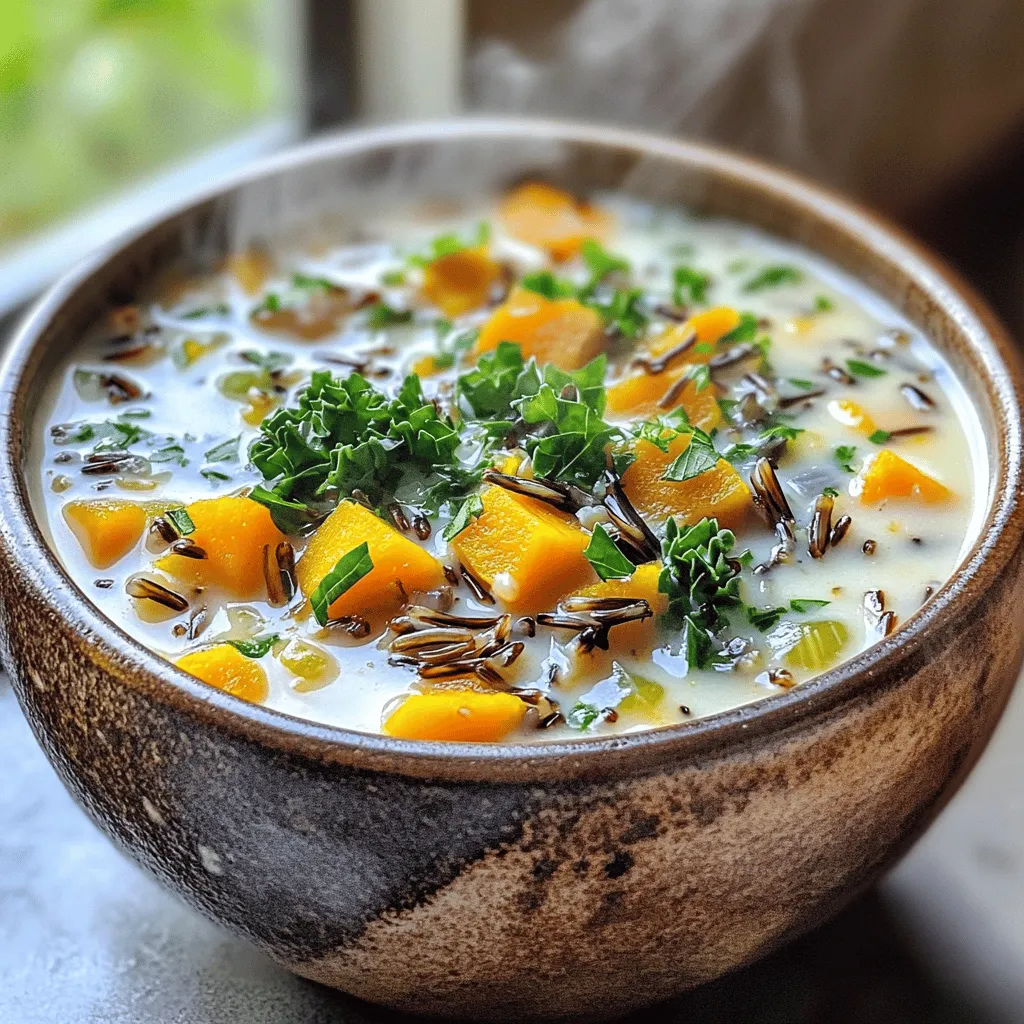 - 1 cup wild rice, rinsed and drained - 1 tablespoon olive oil - 1 medium onion, finely diced - 2 cloves garlic, minced - 2 medium carrots, diced - 2 celery stalks, diced - 1 medium butternut squash, peeled and diced into 1-inch cubes - 1 teaspoon dried thyme - 1 teaspoon dried sage - 6 cups vegetable broth - 1 cup kale, stems removed and chopped - 1 can (15 oz) coconut milk - Salt and pepper to taste - 2 tablespoons fresh parsley, finely chopped (for garnish) I love using wild rice in this soup. It gives a great nutty flavor. Olive oil helps to sauté the vegetables, making them tender and flavorful. For the veggies, I use onion, garlic, carrots, celery, and butternut squash. These add a nice mix of sweetness and earthiness. Herbs like dried thyme and sage bring warmth to the soup. Vegetable broth serves as a tasty base. The addition of coconut milk makes the soup creamy and rich. Lastly, fresh parsley adds a pop of color and flavor when you serve it. For the full recipe, check out the detailed instructions on how to make this cozy dish. Sautéing the base vegetables Start by heating 1 tablespoon of olive oil in a large pot over medium heat. Once the oil is warm, add 1 medium onion, finely diced. Cook the onion for 3-4 minutes until it turns soft and clear. Then, add 2 cloves of minced garlic, 2 diced carrots, and 2 diced celery stalks. Stir and cook this mix for about 5 minutes. This helps the veggies soften and release their flavors. Infusing flavors with herbs Now, it’s time to add the magic. Toss in 1 medium butternut squash, peeled and diced into 1-inch cubes. Sprinkle in 1 teaspoon of dried thyme and 1 teaspoon of dried sage. Stir well and cook for another 2 minutes. This step fills your kitchen with wonderful smells and lets the herbs blend into the veggies. Adding wild rice and simmering After the veggies have cooked, pour in 6 cups of vegetable broth. Next, add 1 cup of rinsed wild rice. Bring the soup to a boil, then reduce the heat to low. Cover the pot and let everything simmer gently for 40-45 minutes. The wild rice will cook and become soft, giving the soup a hearty feel. Incorporating kale and coconut milk Once the rice is tender, stir in 1 cup of chopped kale and 1 can of coconut milk. Let the soup simmer for another 10 minutes. This will help the kale wilt and mix well with the rich, creamy soup. Garnishing with parsley When you're ready to serve, taste the soup. Add salt and pepper to match your flavor. Ladle the soup into bowls and sprinkle 2 tablespoons of finely chopped fresh parsley on top. This adds a nice pop of color and freshness. Pairing with crusty bread For a complete meal, serve the soup with some crusty bread. This makes for a cozy autumn dish that warms the heart. You can find the full recipe [here](Full Recipe). To make your Cozy Autumn Wild Rice Soup even tastier, try adding more herbs. Fresh thyme or rosemary can add a lovely touch. You can also sprinkle in some smoked paprika for a hint of warmth. If you like a little heat, a pinch of crushed red pepper flakes can elevate the flavor. Cooking wild rice takes a bit of care. I recommend rinsing it well under cold water before cooking. This removes any debris and helps it cook better. Use a 3:1 ratio of liquid to rice for the best texture. For your veggies, chop them evenly. This helps them cook at the same rate. You want them tender but not mushy. Serve your soup in rustic bowls for a cozy feel. I love using wide, deep bowls that allow for easy ladling. To make it extra special, add a drizzle of coconut milk on top before serving. Pair your soup with warm, crusty bread. This creates a nice contrast and makes for a comforting meal. For a pop of color, sprinkle fresh parsley over the top before serving. For the full recipe, check out the Cozy Autumn Wild Rice Soup section. {{image_4}} You can easily make this soup vegetarian or vegan. Simply replace the vegetable broth with a homemade or store-bought version that is vegan. To add protein, consider using lentils or chickpeas. These options add texture and keep your soup hearty. You might also try adding tofu for a protein boost. Just make sure it's cubed and sautéed before adding it to the soup. Fall offers a bounty of vegetables. You can swap out butternut squash for sweet potatoes or parsnips. Both add a sweet flavor that pairs well with wild rice. If you like, toss in some mushrooms for a rich earthiness. Don't be shy with spices! You can add a pinch of nutmeg or cinnamon for warmth. Adjust the spice levels to match your taste. If you want to save time, use a slow cooker or Instant Pot. For the slow cooker, cook on low for 6-8 hours. For an Instant Pot, set it for 25 minutes on high pressure. Both methods yield a deeply flavored soup. Keep in mind that cooking time changes the texture of the rice. The wild rice may be softer in these methods, but it will still taste great. For the full recipe, check the earlier sections. After you enjoy your Cozy Autumn Wild Rice Soup, store the leftovers in the fridge. Use an airtight container to keep it fresh. Make sure it cools down before sealing. This helps avoid condensation, which can make the soup watery. For longer storage, consider freezing. Portion the soup into freezer-safe bags. Flatten them for easy stacking. Label them with the date to keep track. When you're ready to enjoy the soup again, choose the best reheating method. I recommend using a pot on the stove. Heat it over medium-low heat, stirring often. This helps maintain the flavor. You can also use the microwave, but be careful. Heat in short bursts and stir in between. After reheating, check the seasoning. You may need to add a pinch of salt or pepper. In the fridge, your soup lasts about 3 to 4 days. In the freezer, it can stay good for up to 3 months. Always check for signs of spoilage. If you see any off smells or mold, it’s best to toss the soup. Trust your senses; they are your best guide. Enjoy your Cozy Autumn Wild Rice Soup to the last drop! To make Cozy Autumn Wild Rice Soup, follow these steps: 1. Heat olive oil in a large pot over medium heat. 2. Add diced onion and cook for 3-4 minutes until it’s soft. 3. Stir in minced garlic, diced carrots, and celery. Cook for 5 minutes. 4. Add diced butternut squash, thyme, and sage. Cook for 2 more minutes. 5. Pour in vegetable broth and add rinsed wild rice. Bring to a boil. 6. Lower heat, cover the pot, and simmer for 40-45 minutes. 7. Once the rice is tender, stir in chopped kale and coconut milk. 8. Simmer for another 10 minutes and season with salt and pepper. 9. Serve hot, garnished with fresh parsley. You can find the full recipe in the previous sections. Yes, you can use brown rice, but it changes the flavor and texture. Brown rice is nuttier and chewier than wild rice. It also cooks faster. If you choose brown rice, adjust the cooking time. Brown rice takes about 30-35 minutes to cook. Wild rice has a unique taste and a delightful chewy texture. I recommend sticking with wild rice for the best flavor. Yes, this soup is gluten-free. However, always check labels for safety. Some vegetable broths may include gluten. Look for brands that state “gluten-free” clearly. The rest of the ingredients, like wild rice and vegetables, are naturally gluten-free. This makes the soup a safe choice for those with gluten sensitivities. You have many options for adding protein. Here are some ideas: - Chicken: Shredded cooked chicken adds a nice flavor. - Turkey: Diced turkey works well, especially after holidays. - Beans: Cannellini or chickpeas boost protein and fiber. - Tofu: Firm tofu can add plant-based protein. - Lentils: Red or green lentils blend nicely with the soup. Each addition changes the soup's taste and texture. Choose one that you enjoy! In this blog post, we explored how to make a hearty Cozy Autumn Wild Rice Soup. We discussed essential ingredients like wild rice, fresh veggies, and flavorful herbs. I provided step-by-step instructions to help you sauté, simmer, and serve this delicious dish. You also learned handy tips for enhancing flavors and variations to fit your needs. Whether you prefer vegan options or want to adapt the recipe, you have choices. Now, enjoy making this comforting meal to warm your autumn days. It’s time to gather your ingredients and create something special!