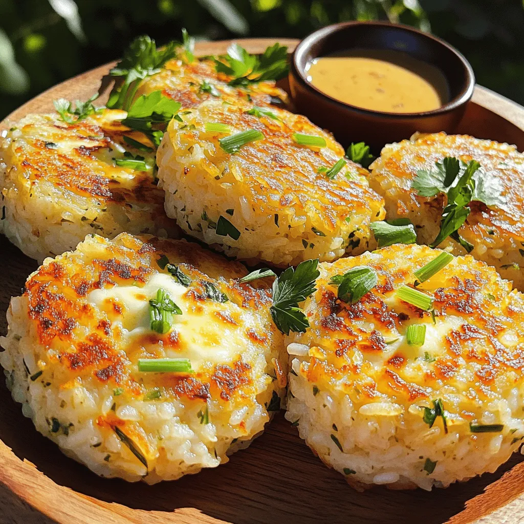 - 2 cups cooked jasmine rice - 1/2 cup grated mozzarella cheese - 1/4 cup fresh parsley, finely chopped - 1/4 cup green onions, finely chopped - 1/2 teaspoon garlic powder - 1/2 teaspoon onion powder - 1/2 teaspoon paprika - Salt and freshly cracked black pepper to taste - 1/2 cup all-purpose flour (or substitute with gluten-free flour) - 1 large egg, beaten - Olive oil (for frying) Rice patties start with simple, tasty ingredients. I always use cooked jasmine rice because it has a nice texture. Mozzarella cheese adds a creamy touch. Fresh herbs like parsley and green onions bring bright flavors. The garlic and onion powders give a warm taste, while paprika adds color. Season with salt and pepper to make it pop. - Gluten-free flour - Vegan alternatives If you want to change things up, try gluten-free flour. It works well in this recipe. For a vegan option, you can swap the cheese with a plant-based kind and use a flax egg instead of the regular egg. This way, everyone can enjoy rice patties! - Yogurt sauce - Sweet chili sauce Dipping sauces make rice patties even better! I love yogurt sauce for its cool, creamy texture. Sweet chili sauce adds a nice kick. You can try both to see which one you like more. They both enhance the flavors of the crispy rice patties. For the full recipe, check the instructions above! To make the perfect rice patty, start with cooked rice. Use about 2 cups of jasmine rice or your choice. In a large bowl, combine the rice with half a cup of grated mozzarella cheese. Next, add in a quarter cup of fresh parsley and green onions, both finely chopped. Then, sprinkle in half a teaspoon of garlic powder, onion powder, and paprika. Don't forget to add salt and black pepper to taste. Mix everything well until all the ingredients blend together smoothly. Once your mixture is ready, it’s time to shape the patties. Take a handful of the rice mixture and form it into a patty about 2 inches wide and half an inch thick. Make sure the patties are compact. This step helps them hold together while cooking. After shaping, dip each patty into a beaten egg. This coating will help create a crispy outer layer when you fry them. For frying, heat a non-stick skillet over medium heat. Pour in enough olive oil to cover the bottom. You want the oil to shimmer but not smoke. Carefully add the patties to the skillet in small batches. Leave space between them. Fry each side for about 3-4 minutes. You want them golden brown and crispy. Once done, place them on a plate with paper towels to drain excess oil. Enjoy your crispy herb-infused rice patties warm or with your favorite dipping sauce. To ensure your rice patties hold together, start with the right rice. Use cooked jasmine rice, as it is sticky yet fluffy. After mixing in cheese and herbs, add flour slowly. This helps bind the mixture well. Shape the patties gently but firmly. Make them compact, about 2 inches wide and 1/2 inch thick. This way, they stay intact when frying. Frying gives the patties their crunch. Heat your olive oil to medium before adding the patties. The oil should shimmer but not smoke. If it's too hot, the outsides burn while the insides stay raw. Fry the patties in batches to keep them crispy. Give each patty space, so they don't steam. Cook for about 3-4 minutes per side until golden brown. One common mistake is overcrowding the pan. If you add too many patties at once, they won’t cook right. They can stick together and lose their crispiness. Also, avoid mixing too loosely. If your mixture is too wet or crumbly, the patties will fall apart. Stick to the recipe for best results. For more details, check the Full Recipe. {{image_4}} You can make vegan rice patties easily. Replace mozzarella cheese with vegan cheese. Use flaxseed meal or chia seeds instead of eggs. Mix 1 tablespoon flaxseed meal with 3 tablespoons water. Let it sit for five minutes to thicken. This mix helps bind the patties. You can also use mashed bananas or applesauce for moisture and binding. If you need gluten-free rice patties, swap all-purpose flour for gluten-free flour. Brown rice flour or almond flour works great. Just ensure the flour you choose is fine and dry. This change does not affect the taste or texture much, so enjoy the same crispy delight! Rice patties are popular in many places. In Japan, they are called onigiri and often have fillings like pickled plum. In South America, people make rice patties with spices and beans. Each culture adds unique flavors. Try using spices like cumin or cilantro for a Latin twist. Go on an adventure and explore these flavors in your own kitchen! To keep your rice patties fresh, store them in an airtight container. Place a piece of parchment paper between layers to avoid sticking. Refrigerate them if you plan to eat them within three days. For longer storage, freeze the patties. Lay them flat on a baking sheet first. Once frozen, transfer them to a freezer bag. This method helps keep their shape. When you want to enjoy your rice patties again, you need the right reheating method. For crispiness, use a skillet. Heat a small amount of olive oil over medium heat. Place the patties in the pan and cook for about three minutes on each side. You can also use an air fryer. Set it to 350°F (175°C) and cook for 5-7 minutes. Both methods will restore that lovely crunch. Cooked rice patties last in the fridge for about three days. If you freeze them, they can last up to three months. After that, the quality may decrease. Make sure to label your containers with the date. This way, you will know when to eat them or toss them out. Enjoy your crispy herb-infused rice patties anytime with these simple storage tips from the Full Recipe! Rice patties are small cakes made from cooked rice. They often include cheese, herbs, and spices. They are great for snacks or appetizers. You can find them in many cultures, each with unique twists. They are easy to make and fun to eat. Yes, you can prepare rice patties in advance. Mix the ingredients and form the patties. Then, cover them and chill in the fridge. You can fry them later for a quick snack. Just remember to let them sit at room temperature for a few minutes before frying. To make rice patties gluten-free, swap all-purpose flour with gluten-free flour. You can use rice flour or almond flour as good options. The cooking method stays the same. Just ensure all other ingredients are gluten-free. Rice patties pair well with various dips. Try yogurt sauce for a cool touch. Sweet chili sauce adds a nice kick. You can also serve them with salsa or guacamole for extra flavor. They make a great starter for any meal. Rice patties are done when they are golden brown and crispy. Check both sides for a nice color. When you press them, they should feel firm. Let them cool a bit before eating. Enjoy the crunchiness and deliciousness of your creation! Rice patties are tasty and easy to make. We covered key ingredients, how to mix and fry them, and tips for best results. You can create variations for all diets, too. Storing and reheating them is simple, ensuring you enjoy leftovers later. With this guide, you have everything to make perfect rice patties. Enjoy your cooking adventure and impress everyone with your delicious dish!