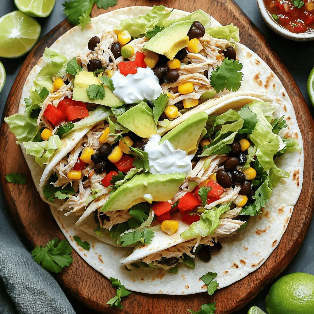 To make tasty chicken tortilla wraps, gather these key ingredients: - 2 cups cooked chicken, shredded - 4 large flour tortillas - 1 cup black beans, drained and rinsed - 1 cup corn (fresh or canned) - 1 red bell pepper, diced - 1 avocado, sliced - 1 cup shredded lettuce - ½ cup fresh cilantro, chopped - ½ cup plain Greek yogurt - 2 tablespoons lime juice - 1 teaspoon chili powder - Salt and pepper to taste These ingredients blend together to create a flavorful meal. The chicken provides protein, while the veggies add crunch and freshness. You can boost the taste of your wraps with these optional ingredients: - Jalapeños for heat - Sour cream for creaminess - Shredded cheese for richness - Hot sauce for a spicy kick Feel free to mix and match these options. They let you personalize your wraps to suit your taste. Understanding the nutrition in your wraps can help you make better choices: - Chicken: High in protein, low in fat. - Black beans: Great source of fiber and protein. - Corn: Provides essential vitamins and minerals. - Avocado: Packed with healthy fats. - Greek yogurt: Offers calcium and probiotics. This meal is not only tasty but also full of nutrients. Enjoying chicken tortilla wraps can fit well into a balanced diet. You can find the full recipe to make these delicious wraps easily. First, let's prepare the chicken mixture. In a large bowl, mix together the shredded chicken, black beans, corn, diced red bell pepper, lime juice, chili powder, and a pinch of salt and pepper. Use a spatula to blend these ingredients well. This step takes about 5 minutes. Next, warm the tortillas. Heat a dry skillet on medium heat. Place each tortilla in the skillet for about 30 seconds on each side. This makes them soft and easy to wrap. This step also takes around 5 minutes. For the chicken, use cooked chicken. You can shred it from a rotisserie chicken or boil chicken breasts. If you boil, cook them for about 15 minutes until they are no longer pink inside. After cooking, let them cool, then shred them with two forks. This ensures tender and juicy chicken for your wraps. Now, let's assemble the wraps. Lay a warm tortilla flat on a plate. Spoon about a quarter of the chicken mixture into the center. Add a few slices of avocado and a handful of shredded lettuce on top. Next, add a spoonful of Greek yogurt and sprinkle fresh cilantro. This adds flavor and freshness. Now, gently fold the sides of the tortilla in. Starting from the bottom, roll it up tightly. Make sure the filling stays tucked in while you roll. Finally, slice each wrap in half diagonally for serving. Arrange the halves on a platter. To make it even prettier, add a small bowl of salsa or guacamole for dipping. Enjoy your zesty chicken tortilla wraps! For the full recipe, check out the section above. To make your chicken tortilla wraps taste amazing, focus on fresh ingredients. Fresh herbs like cilantro add a burst of flavor. Lime juice brightens the dish and balances the taste. Try marinating your chicken for a few hours with lime juice and spices to boost flavor. Adding spices, like chili powder, gives a nice kick. Always taste as you go, adjusting seasoning to your liking. One common mistake is overfilling the tortilla. Too much filling makes it hard to wrap. It can also lead to spills. Make sure to warm the tortillas first. This helps them bend easily without tearing. Also, don’t forget to chop your veggies evenly. This makes for a better texture and flavor in every bite. Lastly, don’t skip the toppings. They add layers of taste, making your wraps even better. You don’t need fancy tools for these wraps, but a few key items help. A large mixing bowl is essential for mixing ingredients. Use a spatula for easy mixing and serving. A skillet is great for warming tortillas. A good knife and cutting board will help you chop veggies quickly. If you want to make wrapping easier, try using parchment paper to hold the wrap until ready to eat. For the full recipe, check the detailed instructions above. {{image_4}} You can easily change up the chicken tortilla wraps. Swap the chicken for turkey or beef. Use grilled shrimp for a seafood twist. Instead of black beans, try pinto beans or lentils. If you want a kick, add jalapeños or diced green chilies. For a sweeter taste, mix in some pineapple chunks. These changes can make each wrap unique. Making vegetarian or vegan wraps is simple. For a vegetarian option, use extra veggies like mushrooms or zucchini. You can also add cheese or sour cream if you eat dairy. For a vegan option, replace the chicken with chickpeas or tofu. Use avocado or a vegan yogurt for creaminess. These swaps keep the wraps tasty and satisfying. Chicken tortilla wraps fit many events. For a casual lunch, serve with fruit and chips. If it’s a party, cut them into smaller pieces for easy snacking. Add colorful dips like salsa or guacamole on the side. For a picnic, pack them with a salad. They are also great for meal prep. You can make them ahead and store them for busy days. You can find the full recipe for these delicious wraps above. To keep your chicken tortilla wraps fresh, place them in an airtight container. Make sure to seal it well to avoid air getting in. You can also wrap each one tightly in plastic wrap. Store them in the fridge. They will last for about three days. If you want to keep them longer, freezing is a great option. To freeze chicken tortilla wraps, first, let them cool completely. Then wrap each one in plastic wrap, followed by aluminum foil. This extra layer helps prevent freezer burn. Label the wraps with the date. You can freeze them for up to three months. When you're ready to eat, just thaw them in the fridge overnight. To reheat your wraps, unwrap them first. You can use a microwave, but I prefer the oven for crispness. Preheat your oven to 350°F (175°C). Place the wraps on a baking sheet and heat for about 10-15 minutes. This way, they stay warm and the tortillas get a little crispy. Enjoy your zesty chicken tortilla wraps just like they were fresh! For the complete recipe, check out the Full Recipe section. To wrap a tortilla well, start with a warm tortilla. Place your filling in the center. Leave space at the edges. Fold in the sides first. Then, roll from the bottom upwards. Keep the filling snug inside. This method helps hold everything together. Yes, you can make Chicken Tortilla Wraps in advance! Prepare the filling and store it in the fridge. You can warm the tortillas just before serving. This keeps the wraps fresh and tasty. Just be careful not to fill them too early. Too much moisture can make the tortillas soggy. Many sides work great with Chicken Tortilla Wraps. Here are some ideas: - Fresh salsa - Guacamole - Chips - Corn salad - A light green salad These sides add flavor and color. They make your meal more fun. Kids love simple flavors. You can make wraps more kid-friendly by: - Using plain chicken without spices - Adding favorite veggies like carrots or cucumber - Swapping Greek yogurt for a mild ranch dressing - Offering cheese as an option This way, kids can create their own tasty wraps! In this blog post, we explored how to make tasty chicken tortilla wraps. We discussed key ingredients, cooking steps, and tips for success. You learned about storage methods and creative variations to try. Remember, these wraps are versatile and easy. With practice, you can make them just right for any meal. Experiment with flavors and have fun! Enjoy your delicious chicken tortilla wraps.