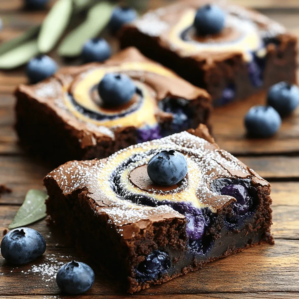 - 1 cup fresh blueberries - 1/2 cup unsalted butter, melted - 1 cup granulated sugar - 2 large eggs - 1 teaspoon pure vanilla extract - 1/3 cup unsweetened cocoa powder - 1/2 teaspoon baking powder - 1/4 teaspoon fine sea salt - 1 cup all-purpose flour - 1/2 cup semi-sweet chocolate chips (optional) You can swap butter with coconut oil for a dairy-free option. Use brown sugar instead of white sugar for a richer taste. For a gluten-free version, replace all-purpose flour with almond flour or oat flour. Each change will make the brownies unique and tasty. Using fresh blueberries is key. They bring a burst of flavor and a juicy texture. When you bite into a brownie, the blueberries give a sweet burst that pairs perfectly with the rich chocolate. Fresh berries keep their shape, adding visual appeal. They also add moisture, making the brownies fudgy and soft. Always choose ripe, vibrant blueberries for the best outcome. This simple choice can elevate your brownies from good to great! For the full recipe, refer to the section above. Preheat your oven to 350°F (175°C). This step is key for even baking. Next, prepare a 9x9-inch baking pan. You can grease it lightly with butter or line it with parchment paper. This makes it easier to lift the brownies out later. In a large bowl, whisk melted butter and granulated sugar together. Mix until the texture is creamy and smooth. Then, add in the eggs one at a time. Make sure to mix well after each egg. Stir in the vanilla extract until it’s fully combined. In another bowl, sift the cocoa powder, baking powder, sea salt, and flour. Sifting helps remove lumps. Gradually fold this dry mix into the wet ingredients. Be gentle; overmixing can make your brownies tough. Carefully fold in the fresh blueberries and chocolate chips if you want that extra sweetness. Avoid crushing the blueberries to keep their shape intact. Pour the brownie batter into the prepared baking pan. Use a spatula to spread it evenly. Bake in the preheated oven for 25-30 minutes. To check if they are done, insert a toothpick into the center. It should come out with a few moist crumbs, but no wet batter. After baking, let the brownies cool for about 10 minutes in the pan. Then, transfer them to a wire rack to cool completely before cutting. Enjoy the rich, decadent treat that is your fresh blueberry brownies! For the complete recipe, refer to the [Full Recipe]. To get brownies just right, avoid overmixing. Mix the wet and dry ingredients until they just come together. If you mix too much, the brownies can turn out tough. The right texture is soft and chewy. Remember, it’s okay if there are a few lumps. You can boost flavor by adding spices. A dash of cinnamon or nutmeg can add warmth. Another option is to mix in a splash of almond extract for a nutty twist. Try adding a pinch of sea salt to enhance the chocolate taste. Fresh lemon zest can also bring a bright note to your brownies. Serving brownies well makes them more appealing. Dust the top with powdered sugar for a sweet touch. A scoop of vanilla ice cream adds creaminess and pairs well with the blueberries. For a pop of color, scatter fresh blueberries on top. You can also serve them on a fancy plate to impress your guests. Check the Full Recipe for more ideas! {{image_4}} You can switch up the taste of your blueberry brownies by adding other fruits or nuts. Try using raspberries or chopped strawberries for a twist. Nuts like walnuts or pecans add a nice crunch. Mix in about 1/2 cup of your choice into the batter. This gives your brownies a new flavor profile while keeping them rich and delicious. If you have dietary needs, you can adapt this recipe easily. For a vegan option, swap the eggs with flaxseed meal or applesauce. Use plant-based butter and a sugar substitute to make it low-sugar. For gluten-free brownies, replace all-purpose flour with almond flour or gluten-free flour blends. Each option keeps the brownies tasty and rich. Seasonal fruits can add a fun twist to your brownies. In summer, use fresh peaches or cherries. In fall, try adding chopped apples or pumpkin puree. Top your brownies with whipped cream or a drizzle of caramel for extra flair. These small changes can make your brownies unique and exciting all year round. For the full recipe, check out the complete guide. To keep your brownies fresh, store them in an airtight container. This helps prevent them from drying out. Place a piece of parchment paper between layers to avoid sticking. You can also wrap them in plastic wrap for extra protection. Keep the container in a cool, dry place, away from sunlight. You can freeze brownies for later enjoyment. First, let them cool completely. Then, wrap each brownie in plastic wrap. After that, place the wrapped brownies in a freezer-safe bag. Squeeze out the air to avoid freezer burn. When you're ready to eat, thaw them in the fridge overnight or on the counter for a few hours. Fresh blueberry brownies last about five days at room temperature. If you store them in the fridge, they can last up to a week. For frozen brownies, they stay fresh for about three months. Remember, the sooner you eat them, the better they taste! You can use several egg substitutes to bind your brownies. Some great options include: - 1/4 cup unsweetened applesauce - 1/4 cup mashed banana - 1 tablespoon ground flaxseed mixed with 2.5 tablespoons water (let sit for 5 minutes) These alternatives work well to keep your brownies moist and tasty. They help hold the ingredients together, just like eggs do. Yes, you can use frozen blueberries! Here are some tips for using them: - Do not thaw the blueberries before adding them to the batter. This keeps them from turning mushy. - Toss the frozen blueberries in a bit of flour before mixing. This helps them not sink to the bottom. - Keep an eye on the baking time since frozen berries can add moisture to the batter. Cutting brownies can be tricky, but here are some techniques for neat slices: - Use a sharp knife. Dull knives crush the brownies and create messy edges. - Clean the knife with a damp cloth between cuts. This removes crumbs and helps keep edges smooth. - Wait until the brownies are cool. Cutting when they're warm leads to crumbling. Following these tips will yield beautiful, clean brownie squares. For the full recipe, check out the complete guide above. You now have all the tools to make delicious blueberry brownies. Start with fresh ingredients for the best taste. Follow the step-by-step guide to mix and bake perfectly. Remember, small tweaks can make a big difference in flavor and texture. Try the variations to keep things interesting. Finally, store them right to enjoy brownies longer. Get creative and share your creations with others. Happy baking!