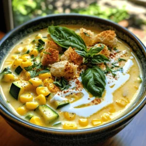 When making savory summer corn and zucchini chowder, it's important to gather fresh ingredients. Fresh produce will give your chowder the best flavor. Here’s what you need: - 4 ears of fresh corn, kernels removed - 2 medium zucchinis, diced into bite-sized pieces - 1 medium onion, finely chopped - 2 cloves garlic, minced - 4 cups vegetable broth - 1 cup heavy cream or coconut milk - 2 tablespoons extra virgin olive oil - 1 teaspoon smoked paprika - Salt and black pepper, to taste - Fresh thyme and basil, for garnish - Optional toppings such as croutons Using seasonal corn and zucchini makes this dish bright and tasty. Fresh herbs like thyme and basil add a nice touch. For a creamy base, you can choose heavy cream or coconut milk, depending on your preference. This chowder is not just a meal; it's a celebration of summer flavors. For the full recipe, check out the Sunny Corn and Zucchini Chowder. - Heat 2 tablespoons of olive oil in a large pot. - Add 1 medium onion, finely chopped, and 2 minced garlic cloves. - Sauté for about 5 minutes until soft and translucent, stirring often. - Add 4 ears of fresh corn, kernels removed, and 2 diced zucchinis. - Stir well and cook for 5 minutes until the vegetables soften. - Pour in 4 cups of vegetable broth. - Increase the heat slightly and let it simmer uncovered for 10 to 15 minutes. - Cook until the zucchini is tender but still holds its shape. - Use an immersion blender to blend part of the chowder in the pot. - If you prefer, blend 1 or 2 cups in a regular blender, then return to the pot. - Aim for a mix of creamy and chunky textures for great mouthfeel. - Stir in 1 cup of heavy cream or coconut milk for a lighter option. - Add 1 teaspoon of smoked paprika, salt, and freshly ground black pepper. - Stir in 1 tablespoon of chopped fresh thyme and heat for another 5 minutes. - Ladle the chowder into bowls and garnish with ¼ cup of fresh basil. - For added texture, sprinkle croutons on top before serving. For the full recipe, check out the Sunny Corn and Zucchini Chowder section. To get the best flavor, sauté the onion and garlic carefully. Keep the heat moderate to avoid burning the garlic. Stir the mix occasionally to ensure even cooking. This helps release the sweet notes from the onion and the strong flavor from the garlic. You want a mix of chunky and creamy textures in your chowder. Blend part of the chowder for creaminess while keeping some chunks. If you prefer not to blend, you can mash some of the corn and zucchini with a fork. This gives you that nice texture without fully blending everything. To boost flavors, consider adding fresh herbs like dill or parsley. Spices such as cumin or chili powder can also add depth. For a richer taste, use homemade vegetable broth instead of store-bought. It brings a unique flavor that elevates your chowder. For the full recipe, check out the Sunny Corn and Zucchini Chowder section. {{image_4}} You can boost the chowder's protein by adding chicken or shrimp. Cook diced chicken breast in the pot until golden. For shrimp, add them in the last few minutes of cooking. They cook fast and add great flavor. If you prefer a vegetarian option, try adding beans or lentils. These add protein and texture without meat. To make this chowder gluten-free, use gluten-free vegetable broth. Most store-bought broth is gluten-free, but check the label. For a dairy-free version, replace heavy cream with canned coconut milk. This will keep the chowder creamy while being gentle on your tummy. Feel free to get creative with seasonal veggies. Try adding bell peppers, tomatoes, or carrots in summer. For winter, swap in root vegetables like potatoes or sweet potatoes. These will add heartiness and warmth to the chowder. Each season brings new flavors to explore! For the full recipe, check out Sunny Corn and Zucchini Chowder. To store leftover chowder, use airtight containers. Glass or BPA-free plastic works best. Make sure to let the chowder cool completely before sealing. This helps prevent condensation. You can keep it in the fridge for up to 3 days. When reheating chowder, the stovetop is the best method. Pour it into a pot over low heat. Stir frequently to warm it evenly. If you use a microwave, heat in short bursts. Stir in between to avoid hot spots. To prevent cream from separating, heat slowly and gently. To freeze chowder, allow it to cool fully. Then, pour it into freezer-safe bags or containers. Leave some space for expansion. Label the bags with the date. It can last in the freezer for up to 3 months. When ready to eat, thaw it in the fridge overnight. Reheat it on the stovetop, stirring well to blend. Yes, you can make this chowder ahead of time. It tastes great even the next day. To prep ahead, cook the chowder and let it cool. Store it in an airtight container in the fridge. You can also chop the vegetables a day before. This saves time on cooking day. If you want a lighter option, use canned coconut milk. This adds a nice flavor too. You can also use half-and-half or whole milk. If you prefer dairy-free, try almond milk or cashew cream. Both work well to keep your chowder creamy. This chowder stays fresh for about 3 to 4 days in the fridge. Make sure to keep it in a sealed container. If you want to store it longer, freeze it. It can last for up to 3 months in the freezer. Yes, frozen corn and zucchini work well in this chowder. Just add them straight into the pot without thawing. They may need a few extra minutes to cook. This way, you can enjoy this dish even when fresh veggies are not in season. For the best flavor, try to use frozen produce without added sauces or spices. You now have a solid understanding of making summer corn and zucchini chowder. We covered the key ingredients and step-by-step instructions for a smooth cook. Tips and variations allow you to customize your chowder. It's easy to store and reheat leftovers, too. This dish is not just delicious; it's also flexible and perfect for any season. Enjoy creating your chowder, and share it with friends and family. Transform simple veggies into a comforting bowl today!