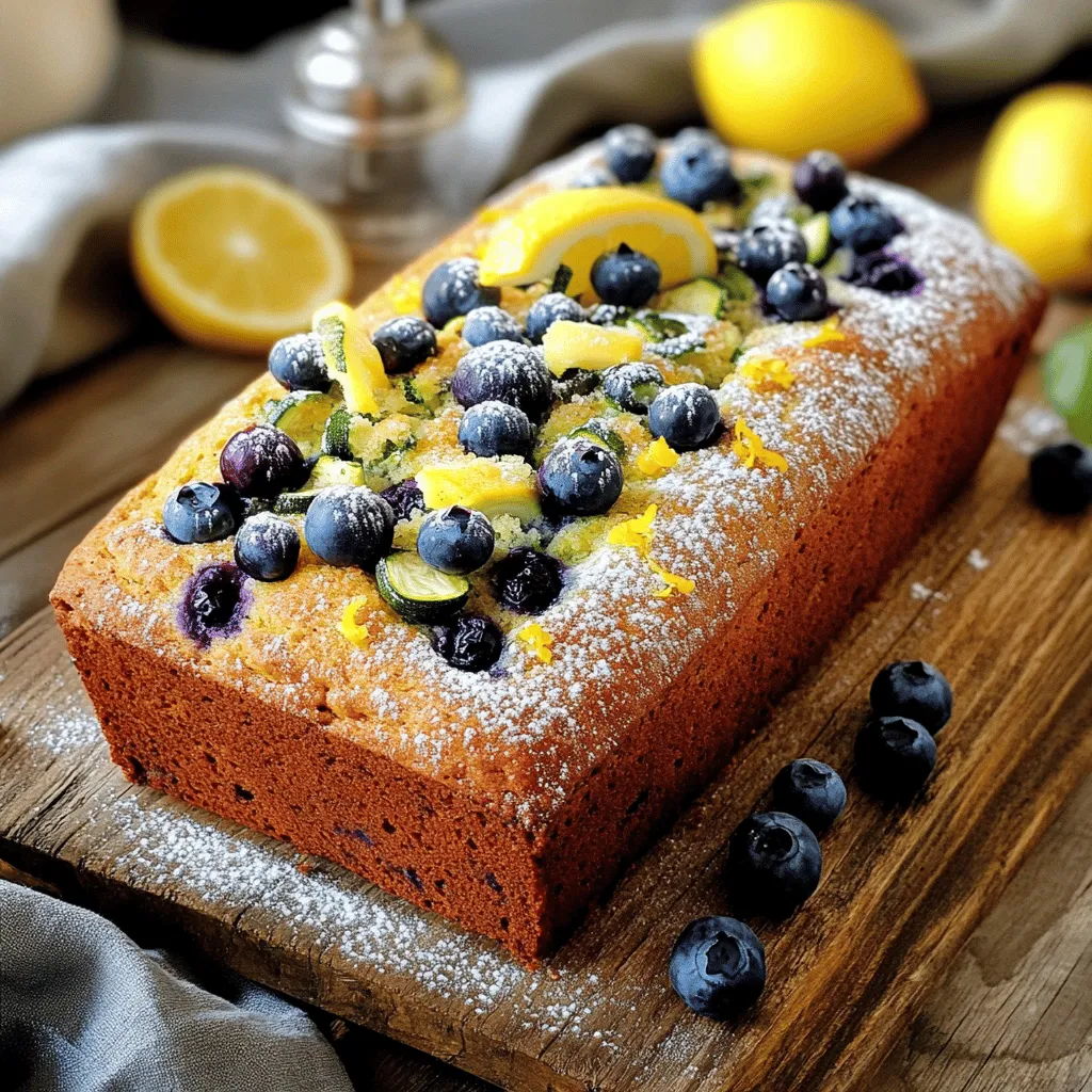 To make this tasty Lemon Blueberry Zucchini Bread, gather the following items: - 1 medium zucchini, grated (approximately 1 cup) - 1 cup fresh blueberries (or substitute with frozen blueberries if they are out of season) - 1/2 cup granulated sugar - 1/2 cup packed brown sugar - 1/2 cup vegetable oil (can also use melted coconut oil) - 2 large eggs - 1 teaspoon vanilla extract - Zest of 1 lemon - 2 tablespoons fresh lemon juice - 1 1/2 cups all-purpose flour - 1 teaspoon baking powder - 1/2 teaspoon baking soda - 1/2 teaspoon salt - 1 teaspoon ground cinnamon - 1/4 teaspoon ground nutmeg (optional) Each slice of this bread is a delightful mix of flavors and nutrients. Here’s a quick look at the nutritional content per serving: - Calories: About 180-200 - Protein: 3 g - Fat: 7 g - Carbohydrates: 30 g - Fiber: 1 g - Sugar: 10 g This bread is a great treat, but enjoy it in moderation! You might not have all the ingredients on hand. Here are some easy swaps: - Zucchini: Use yellow squash if you can’t find zucchini. - Blueberries: Raspberries or chopped strawberries work well too. - Vegetable oil: Substitute with applesauce for a lower-fat option. - Eggs: Use flaxseed meal mixed with water (1 tbsp flaxseed + 2.5 tbsp water = 1 egg) for a vegan option. - All-purpose flour: Use whole wheat flour for a healthier twist, but the texture will change slightly. Feel free to mix and match these substitutions to fit your taste and pantry! For the full recipe, check out the detailed instructions. First, we need to prepare the loaf pan. Preheat your oven to 350°F (175°C). Grease and flour a 9x5-inch loaf pan. You can also line it with parchment paper for easy removal. This step helps our bread come out smoothly. Next, let's get the ingredients ready. Grate one medium zucchini until you have about one cup. If you use fresh blueberries, rinse them gently. You can also use frozen blueberries if fresh ones are not available. Now, we’ll mix the sugars and oil. In a large bowl, add half a cup of granulated sugar and half a cup of brown sugar. Pour in half a cup of vegetable oil. Use a whisk to blend them until smooth. Then, we will incorporate the wet ingredients. Add two large eggs, one teaspoon of vanilla extract, the zest of one lemon, and two tablespoons of fresh lemon juice. Whisk until everything is well mixed. Next, we fold in the zucchini and blueberries. Gently add the grated zucchini and the blueberries to the mixture. Use a spatula to combine them carefully, so the blueberries don’t break. In a separate bowl, we prepare the dry ingredients. Whisk together one and a half cups of all-purpose flour, one teaspoon of baking powder, half a teaspoon of baking soda, half a teaspoon of salt, one teaspoon of ground cinnamon, and, if you like, a quarter teaspoon of ground nutmeg. Now, combine the wet and dry mixtures. Slowly add the dry mix to the wet mix. Stir gently until just combined. It’s okay if there are a few lumps; don’t overmix! Pour the batter into the prepared loaf pan. Smooth the top with a spatula. Now, place the pan in the oven. Bake for about 50 to 60 minutes. To check if it’s done, insert a toothpick into the center. It should come out clean. Once baked, take it out of the oven. Let it cool in the pan for about 10 minutes. Then, move the loaf to a wire rack to cool completely. Enjoy this lemon blueberry zucchini bread fresh from your kitchen! For the full recipe, refer back to the ingredients section. To make your lemon blueberry zucchini bread moist, always use fresh zucchini. Grate it finely for better mixing. The moisture from the zucchini keeps the bread soft. You can also add a little extra lemon juice for added moisture and flavor. Make sure to measure your flour correctly. Too much flour can lead to a dry loaf. One cup of flour should weigh about 120 grams. One common mistake is overmixing the batter. Mix just until the flour disappears. A few lumps are okay. Overmixing can make the bread tough. Also, don’t skip the cooling step. Let the bread cool in the pan for 10 minutes before moving it to a wire rack. This helps it set and makes slicing easier. To boost flavor, try adding a pinch of nutmeg with your spices. Nutmeg pairs well with lemon and gives a warm taste. You can also mix in some chopped nuts for crunch. If you want, add a splash of almond extract for a new twist. Serve warm with a pat of butter or cream cheese for extra richness. For the full recipe, check the earlier section. Enjoy your baking! {{image_4}} You can make this lemon blueberry zucchini bread even more fun. Try adding nuts like walnuts or pecans for a nice crunch. If you love chocolate, mix in some mini chocolate chips. You can swap out blueberries for other fruits too. Chopped strawberries or raspberries work great. If you want a twist, add shredded carrots for extra flavor. If you need a gluten-free option, you can use almond flour or a gluten-free flour blend. Make sure to check if the blend contains xanthan gum, as it helps with texture. Adjust the baking time slightly, as gluten-free breads can cook faster. Always test with a toothpick to see if it's done. You can create exciting flavors with this recipe. Try adding fresh herbs like basil or thyme for a savory bite. A touch of ginger can also add a spicy kick. For a tropical twist, mix in some crushed pineapple. Experiment with citrus too; lime zest can be a great alternative to lemon zest. Each variation brings a new taste that keeps this bread fresh and exciting. Check out the Full Recipe for more details! To keep your lemon blueberry zucchini bread fresh, store it in an airtight container. You can place it on the counter for up to three days. If you want it to last longer, store it in the fridge. This way, it can stay good for a week. Just make sure to wrap it in plastic wrap or foil first. You can freeze this bread for later enjoyment. First, let it cool completely. Then, wrap it tightly in plastic wrap. Place it in a freezer-safe bag or container. This will help prevent freezer burn. The bread can last in the freezer for up to three months. When you're ready to eat it, simply thaw it in the fridge overnight. To enjoy your bread warm, preheat your oven to 350°F (175°C). Remove the bread from any wrapping. Place it on a baking sheet and heat for about 10-15 minutes. This will refresh the flavors and make it taste like day one. You can also microwave a slice for about 20-30 seconds, but it won’t have the same nice crust. You can find the full recipe in the earlier section to make this delightful treat. Yes, you can use frozen blueberries in this recipe. They work well and add great flavor. Just remember to fold them in gently. This helps keep them whole and avoids turning the batter blue. If frozen blueberries are all you have, don’t worry. They still taste amazing! Lemon blueberry zucchini bread can last up to five days at room temperature. To keep it fresh, store it in an airtight container. If you want it to last longer, you can refrigerate it. In the fridge, it can last up to a week. Yes, you can make this recipe vegan easily. Replace the eggs with flax eggs. To do this, mix one tablespoon of ground flaxseed with two and a half tablespoons of water. Let it sit for a few minutes until it thickens. You can also swap the vegetable oil for a plant-based oil, like coconut oil. This way, you can still enjoy the delicious flavor of the bread! For the full recipe, check out the complete details above. This post covered everything you need for delicious bread. We discussed ingredients, nutrition, and substitutions. You learned the step-by-step process to mix and bake the batter. I shared tips for moist bread and how to avoid mistakes. We explored variations, from add-ins to gluten-free options, plus storage methods. In short, you now have a full guide to create perfect bread. Enjoy experimenting and have fun baking!
