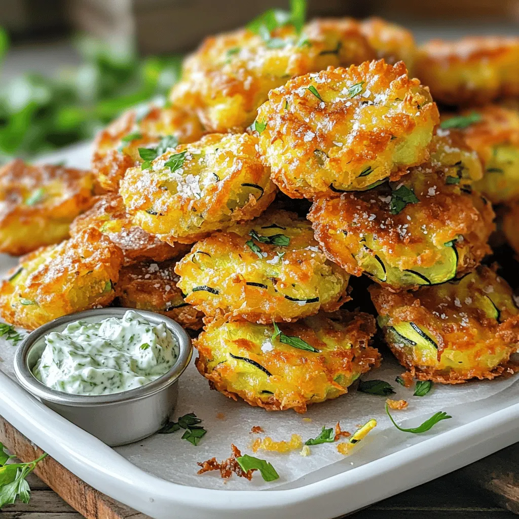 - 2 medium zucchinis, finely grated - 1 cup all-purpose flour - ½ cup freshly grated Parmesan cheese - 2 large eggs, lightly beaten - 1 teaspoon garlic powder - 1 teaspoon onion powder - ½ teaspoon baking powder - Salt and freshly ground black pepper, to taste - ¼ cup finely chopped fresh herbs (such as parsley, basil, or dill) - Olive oil, for frying Gathering the right ingredients sets you up for success. First, choose fresh zucchinis. They should be firm and bright. Grating them finely helps to mix well and cook evenly. All-purpose flour creates a nice base. It binds the mixture and helps give it structure. Parmesan cheese adds a rich flavor and a bit of saltiness. Using freshly grated cheese is key; it melts better and tastes fresher. The eggs help bind everything together. They add moisture and richness, making your puffs tender. Seasoning is important. Garlic and onion powder add depth. Baking powder makes your puffs light and airy. Don’t forget to season with salt and pepper. Adjust these to your taste. For an extra kick, consider adding fresh herbs. They brighten the dish with color and flavor. Olive oil is essential for frying. It gives your puffs that golden, crispy exterior. For the full recipe, be sure to check the instructions. To start, you need to grate the zucchini. Use a box grater for this task. After grating, take a clean kitchen towel. Place the grated zucchini in the center and gather the corners. Twist the towel to squeeze out excess moisture. This step is crucial. If the zucchini is too wet, the puffs won’t be crispy. Aim for a dry mixture. This helps the puffs hold together well. Next, grab a large mixing bowl. Combine the dried zucchini, all-purpose flour, and Parmesan cheese. Add the beaten eggs, garlic powder, onion powder, baking powder, salt, and pepper. Mix everything until it forms a cohesive mixture. This ensures each puff has great flavor. If you see lumps, keep mixing until smooth. Gently fold in the fresh herbs. This adds a burst of flavor to every bite. Now, it’s time to cook! Preheat a large skillet over medium heat. Pour in a thin layer of olive oil. Wait until the oil shimmers, but don’t let it smoke. Use a tablespoon to drop spoonfuls of the zucchini mixture into the skillet. Flatten each puff slightly with the back of the spoon. Cook the puffs for about 3-4 minutes on each side. Look for a golden color and crispy texture. If needed, add more oil between batches. Once done, place them on a paper towel-lined plate. This helps absorb any excess oil. Enjoy your crunchy and delicious snack! For the full recipe, check out the previous section. To make your zucchini puffs crispy, it’s key to squeeze out moisture. After grating the zucchini, use a clean kitchen towel. Gather the towel and twist until the zucchini feels dry. A dry mixture helps the puffs hold their shape and crisp up nicely. When it comes to seasoning, feel free to adjust based on your taste. If you love garlic, add more garlic powder. Like heat? A pinch of cayenne pepper can spice things up. Experimenting helps you find your perfect flavor blend. For presentation, arrange the puffs on a platter while warm. Garnish with fresh herbs and a sprinkle of Parmesan for added flair. This not only looks nice but also enhances the taste. Pair your zucchini puffs with a tasty dip. I recommend tzatziki for a refreshing touch. A zesty yogurt dip also works well, adding a creamy contrast to the crispy puffs. One common mistake is over-squeezing the zucchini. While it’s important to remove moisture, too much squeezing can dry out the mixture. On the flip side, under-squeezing may leave your puffs soggy. Another mistake is cooking at the wrong heat. If the heat is too high, the outside burns before the inside cooks. If the heat is too low, they won’t crisp up. Aim for medium heat for golden, crunchy puffs. For the full recipe, check out the [Full Recipe]. {{image_4}} You can change up the taste of your zucchini puffs easily. Try adding different cheeses like feta or cheddar. Each cheese brings its own unique flavor. You can also add spices like paprika or chili powder for a kick. Don't stop there! Try mixing in vegetables like sweet corn or fresh spinach. These veggies add color and nutrition. They make each bite even better. If you need gluten-free options, you can swap the all-purpose flour. Use a gluten-free flour blend instead. It works well and keeps the puffs light. For those who avoid eggs, try using flaxseed meal. Mix one tablespoon of flaxseed with three tablespoons of water. Let it sit until it thickens, then add it to the mix. This simple swap makes the recipe vegan-friendly while keeping the puffs delicious. You can prepare zucchini puffs in various ways. Frying gives a classic crispy texture. Just be sure to watch the heat, so they don’t burn. For a healthier choice, consider baking them. Preheat the oven to 400°F and place the puffs on a baking sheet. Bake them for about 20 minutes, flipping halfway through. If you're looking for a crisp finish, use an air fryer. Set it to 375°F and cook for around 10 minutes, checking for the golden color. Each method offers a tasty result. To keep your zucchini puffs fresh, store them in an airtight container. Place a paper towel inside to absorb moisture. This helps keep them crispy. You can keep them in the fridge for up to three days. After that, they may lose their texture. To reheat and keep the puffs crunchy, use the oven or a skillet. Preheat the oven to 350°F (175°C). Place the puffs on a baking sheet and heat for about 10 minutes. If using a skillet, heat a little oil over medium heat. Add the puffs and cook for about 3 minutes on each side. This method keeps them crispy. You can freeze zucchini puffs for long-term storage. First, let them cool completely. Then, place them in a single layer on a baking sheet and freeze until solid. Once frozen, transfer them to a freezer bag. Use within three months for best taste. To thaw, place them in the fridge overnight. Reheat as mentioned above for a tasty snack. For the full recipe, check out the link provided. Enjoy your crunchy and delicious zucchini puffs! To make zucchini puffs crispy, start by squeezing out moisture. Use a clean towel to remove as much water from the grated zucchini as possible. A drier mixture means better texture. Next, ensure you use enough oil in your skillet. The oil should be hot but not smoking. This helps the puffs fry evenly and become golden. Flip each puff only once during cooking. This will help them stay intact and crisp on both sides. Yes, you can prepare zucchini puffs in advance. Mix all the ingredients and form the puffs. Place them on a baking sheet lined with parchment paper. Cover them with plastic wrap and store them in the fridge for up to 24 hours. When ready to cook, simply heat your oil and fry them as directed. This way, you can enjoy fresh zucchini puffs without much hassle. Zucchini puffs pair well with various sides and dips. Here are some tasty options: - Tzatziki sauce - Spicy yogurt dip - Marinara sauce - Fresh salsa - A simple green salad These options enhance the flavor and provide a nice contrast to the crunchy puffs. You can also serve them on a platter with fresh herbs for a fun look. For the full recipe, check out the details provided above. Zucchini puffs are easy, tasty, and fun to make. We covered key ingredients like zucchini, flour, and cheese. Each step matters, from mixing to cooking. I shared tips for great texture and flavor. You can even customize them with different spices. Store leftovers right for later meals. Remember, avoid common mistakes for the best results. Enjoy your cooking journey and impress your friends with these delicious puffs!
