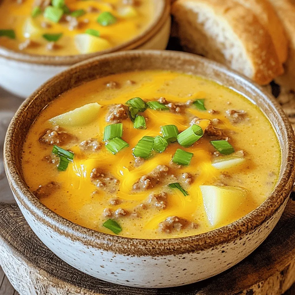 - 1 pound ground beef - 1 medium onion, finely diced - 2 cloves garlic, minced - 3 medium potatoes, peeled and diced into small cubes - 4 cups beef broth (preferably low-sodium) - 2 cups sharp cheddar cheese, shredded - 1 cup whole milk - 1 tablespoon Worcestershire sauce - 1 teaspoon yellow mustard - 1 teaspoon smoked paprika - Salt and freshly ground black pepper, to taste - 2 tablespoons extra virgin olive oil - Chopped green onions for garnish Let’s talk about each ingredient. First, the ground beef brings rich flavor and heartiness to the soup. I prefer to use good quality beef for the best taste. The onion adds a sweet, savory note. When you finely dice it, it blends well into the soup. Garlic brings a burst of flavor that complements the beef and adds warmth. Next, the potatoes provide a comforting texture. I like to use small cubes so they cook evenly and become tender. Low-sodium beef broth adds depth without being too salty. You can find it in most stores. Sharp cheddar cheese is key for that classic cheeseburger taste. Shredding it yourself makes it melt better in the soup. Whole milk adds creaminess and balances out the flavors. Worcestershire sauce and yellow mustard give it that special tang. Smoked paprika brings a hint of smokiness, which I love. Lastly, don’t forget salt and pepper. They help enhance all the flavors. Chopped green onions are perfect for garnish. They add freshness and a pop of color to your bowl. This mix of ingredients makes cheeseburger soup hearty and comforting. For the full recipe, check out Cheeseburger Bliss Soup . 1. In a large pot, heat two tablespoons of olive oil over medium heat. 2. Once hot, add one medium onion that is finely diced. Cook for about five minutes. Stir often until the onion is soft and clear. 3. Next, add two cloves of minced garlic. Cook for one more minute until you smell the garlic. 1. Raise the heat to medium-high and add one pound of ground beef to the pot. 2. Cook the beef until it is brown all over. Use a spoon to break it apart as it cooks. 3. If there is too much fat, carefully drain it from the pot. 1. Add three diced potatoes, four cups of beef broth, one tablespoon of Worcestershire sauce, one teaspoon of yellow mustard, and one teaspoon of smoked paprika to the pot. 2. Season with salt and pepper. Bring the mix to a boil. 3. Once it boils, lower the heat and cover the pot. Let it simmer for 15 to 20 minutes. The potatoes should be soft when poked. 1. Stir in one cup of whole milk and two cups of shredded cheddar cheese. Mix until the cheese melts. 2. Taste the soup and adjust the seasoning to your liking. 3. Serve the soup hot, garnished with chopped green onions. Enjoy this cheesy delight! For the full recipe, check out Cheeseburger Bliss Soup . Tips for selecting ground beef Choose lean ground beef for a tasty soup. Look for 80/20 or 85/15 blends. This gives you enough fat for flavor but keeps your soup light. Freshness is key, so buy ground beef from a trusted source. How to avoid lumpy cheese To prevent lumpy cheese, use freshly shredded cheese. Pre-shredded cheese often has anti-caking agents. These can make melting harder. Gradually add cheese to the warm soup and stir until smooth. Garnishing with green onions Chopped green onions add color and crunch. They brighten the soup's look and taste. Sprinkle them on top just before serving for a fresh touch. Serving ideas with bread Serve your soup with warm, crusty bread or garlic toast. This adds a comforting feel to your meal. You can use bread bowls for a fun twist. How to keep the soup warm Keep your soup warm by using a slow cooker on low. You can also cover the pot with a lid. Stir occasionally to prevent sticking. Best soup bowls for serving Choose deep, wide bowls for serving. They hold the soup well and make it easy to scoop. Look for bowls that stay warm to keep your soup hot longer. For the full recipe, check out Cheeseburger Bliss Soup . {{image_4}} You can change the meat in cheeseburger soup. Ground turkey or chicken works well. These options are leaner but still tasty. They keep the soup light but full of flavor. If you want a veggie option, try plant-based meat. It gives the same great taste. You can use brands like Beyond Meat or Impossible Burger. They cook just like ground beef and fit well in the recipe. Cheese is the star of this soup. You can use different types of cheese for fun. Try Monterey Jack for a milder taste or pepper jack for some heat. Adding cream can make the soup extra rich and creamy. This gives it a smooth texture. Mixing cheeses can create a unique flavor profile, too. Experiment to find your favorite blend. You can adjust the spice level in your soup. Want more heat? Add cayenne pepper or crushed red pepper flakes. For a milder flavor, skip the spicy seasonings. Adding veggies like carrots or bell peppers can boost nutrition. They add color and sweetness to the dish. Just chop them small so they cook well. These small changes can make a big difference in taste! After you cook cheeseburger soup, let it cool first. Store it in an airtight container. This keeps it fresh. You can refrigerate it for about 3 to 4 days. If you want it to last longer, freeze it instead. To freeze your soup, follow these steps: - Let the soup cool completely. - Pour it into freezer-safe containers or bags. - Leave some space at the top for expansion. - Seal tightly and label with a date. To reheat frozen soup, thaw it in the fridge overnight. When you’re ready to eat, heat it on the stove over medium heat. Stir often until it’s warm all the way through. Enjoy your delicious meal later with ease! For the full recipe, check out Cheeseburger Bliss Soup . To thicken your cheeseburger soup, you have a few great options. You can mix cornstarch with cold water to make a slurry. Stir this into the soup while it simmers. Another method is to add flour. Make a roux by cooking equal parts flour and butter. Whisk it into your soup for a rich texture. You can also blend a portion of the soup until smooth. This adds creaminess without altering the flavor. Absolutely! You can swap out potatoes for carrots, zucchini, or even corn. Spinach or kale can add a nice green color and boost nutrition. Bell peppers bring a sweet crunch, while mushrooms add umami. Just make sure to adjust cooking times for the veggies you choose. This keeps everything tender and tasty. Yes, cheeseburger soup can be gluten-free! Choose gluten-free brands for broth and Worcestershire sauce. You can also use cornstarch instead of flour for thickening. Make sure any cheese and other ingredients are gluten-free as well. Always read labels to ensure safety. Pair your cheeseburger soup with crusty bread or garlic toast. A fresh salad with mixed greens is a great side too. For a fun twist, serve with crispy potato chips or cheese-stuffed breadsticks. Garnish with chopped green onions and extra cheese for a tasty finish. You can find the full cheeseburger soup recipe here: [Cheeseburger Bliss Soup ](#). You can create a delicious cheeseburger soup with simple steps. First, sauté onions and garlic in olive oil. Then, brown the beef and add potatoes, broth, and seasonings. Stir in milk and cheese for creaminess. Remember to experiment by changing meats, cheeses, and spices. Store any leftovers properly to keep them fresh. I hope this guide helps you make a meal that warms your heart. Enjoy your cooking adventure!