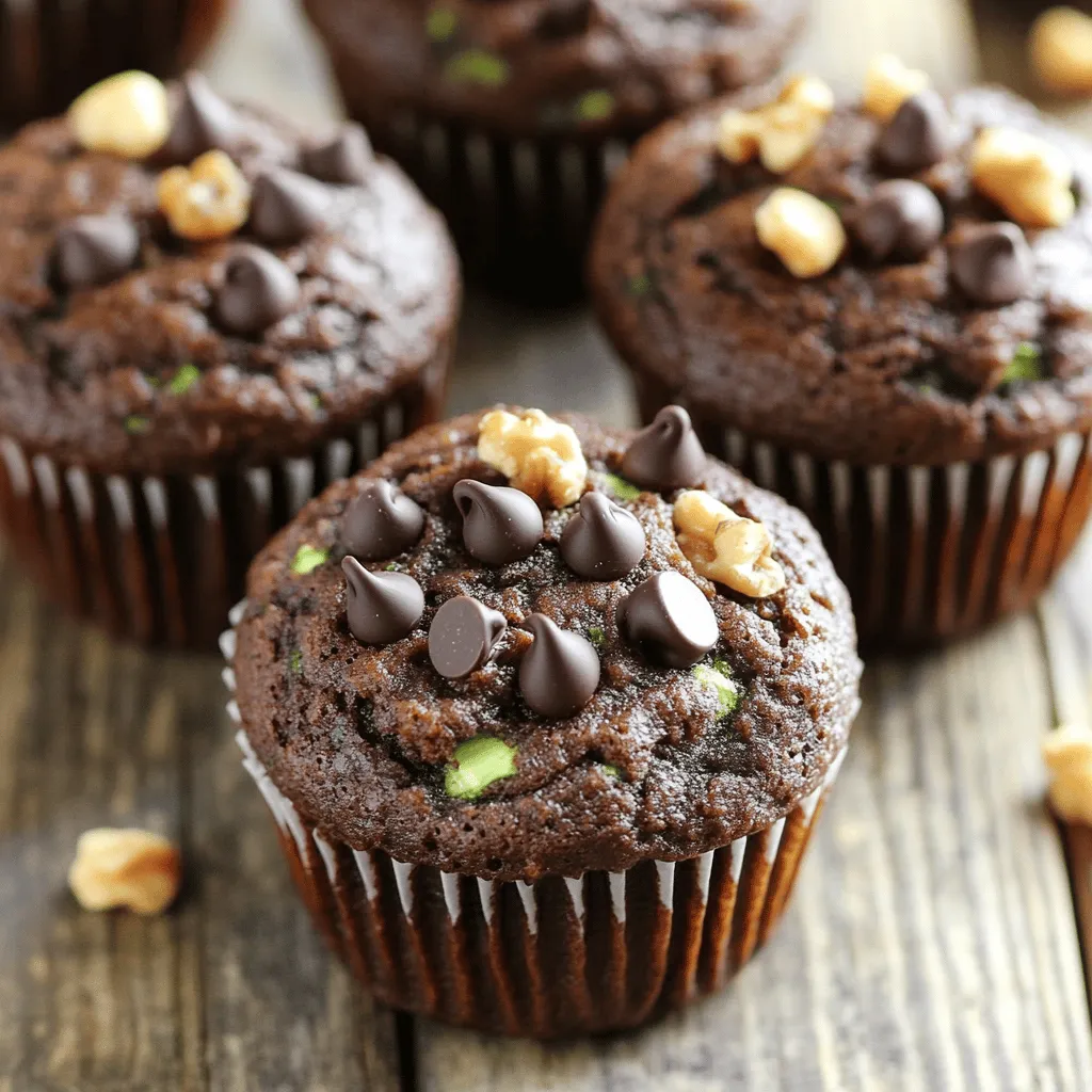 Zucchini: Zucchini is the star of this recipe. It adds moisture and nutrition. It’s rich in vitamins A and C, plus fiber. When picking zucchini, choose ones that are firm and shiny. Smaller zucchinis are often sweeter and less seedy. Grate the zucchini finely to blend well into the batter. Cocoa Powder: Cocoa powder gives these muffins their rich chocolate flavor. I recommend using unsweetened cocoa powder. It allows you to control the sweetness better. If you use sweetened cocoa, the muffins may taste overly sweet. Look for high-quality cocoa for the best taste. Sweeteners: You can choose between honey and maple syrup for sweetness. Honey adds a floral note, while maple syrup gives a deeper, earthy flavor. Both sweeteners keep the muffins moist. Adjust the amount based on your taste. Just remember, a little goes a long way! For the Full Recipe, check back to see how these ingredients come together to create a delightful treat. 1. Mixing wet and dry ingredients separately First, gather two bowls. In one bowl, mix the wet ingredients. Combine the grated zucchini, melted coconut oil, honey or maple syrup, applesauce, eggs, and vanilla extract. Use a whisk or spatula to blend well. In the second bowl, sift the dry ingredients. Whisk together the whole wheat flour, cocoa powder, baking soda, baking powder, and sea salt. This helps avoid lumps and ensures an even texture. 2. Tips for proper folding techniques to avoid overmixing When you combine the wet and dry ingredients, pour the wet mixture into the dry bowl. Use a spatula to gently fold them together. Be careful not to stir too hard. It’s okay if the batter looks a bit lumpy. Overmixing can lead to tough muffins, so be gentle in your approach. 3. How to check for doneness After baking, you’ll want to check if your muffins are done. Insert a toothpick into the center of a muffin. If it comes out clean or with a few moist crumbs, they are ready. If not, give them a few more minutes in the oven. Remember, the baking time is about 18-20 minutes, but ovens can vary. For the full recipe, refer to the section above. Enjoy baking these healthy chocolate zucchini muffins! Adjusting sweetness levels to taste You can change the sweetness of your muffins based on your taste. If you love sweeter treats, add more honey or maple syrup. Start with an extra tablespoon, and taste the batter. Remember, the sweetness can change after baking. How to store for maximum freshness To keep your muffins fresh, use an airtight container. Store them at room temperature for 2-3 days. For longer storage, place them in the fridge for up to a week. This helps keep them moist and tasty! Baking time adjustments for high-altitude cooking If you live at a high altitude, your muffins may bake differently. At higher altitudes, reduce the baking time by a few minutes. Start checking for doneness around 15 minutes. This way, you can avoid dry muffins and keep them soft! For more tips, check out the Full Recipe to ensure you nail these muffins every time! {{image_4}} You can make these muffins fit your diet. Here are some great swaps: - Gluten-free alternatives for whole wheat flour: Use almond flour or gluten-free flour blends. They work well and keep the muffins moist. - Vegan modifications to accommodate dietary preferences: Instead of eggs, try flax eggs. Mix 1 tablespoon of ground flaxseed with 2.5 tablespoons of water for each egg. This will bind your muffins beautifully. - Adding spices (cinnamon, nutmeg) for enhanced flavor: A pinch of cinnamon or nutmeg adds warmth and depth. Start with 1/2 teaspoon of your favorite spice. Mix it into the dry ingredients for a tasty twist. These variations keep the recipe fun and flexible. You can enjoy healthy chocolate zucchini muffins no matter your diet! For the complete recipe, check the [Full Recipe]. To keep your Healthy Chocolate Zucchini Muffins fresh, you have a few choices. - Short-term storage methods: You can store the muffins at room temperature for up to two days. Place them in an airtight container to keep them moist. If you want to keep them longer, store them in the refrigerator. This will keep them fresh for up to a week. - Freezing muffins: If you want to save some for later, freezing is a great option. Here’s how: 1. Allow the muffins to cool completely after baking. 2. Wrap each muffin tightly in plastic wrap. 3. Place the wrapped muffins in a freezer-safe bag or container. 4. Label the bag with the date. They will stay fresh for up to three months. - Reheating tips: To enjoy your muffins again, thaw them at room temperature or in the fridge overnight. You can reheat them in the microwave for about 20 seconds. For a crispier texture, pop them in the oven at 350°F (175°C) for 5 to 10 minutes. This will restore their fresh-baked goodness. For the full recipe, check out the section above. Yes, you can make these muffins without eggs. Use 1/4 cup of unsweetened applesauce for each egg. This swap keeps muffins moist and adds natural sweetness. You can also try using flaxseed meal. Mix one tablespoon of flaxseed with three tablespoons of water. Let it sit for five minutes to thicken before adding it to your batter. To keep your muffins moist, use fresh zucchini. Grate it finely and squeeze out excess water. This step helps keep the batter balanced. Also, don’t overmix when combining wet and dry ingredients. Overmixing can lead to dry muffins. Finally, keep an eye on baking time to avoid drying them out in the oven. You can add many fun ingredients to boost flavor. Try mixing in cinnamon or nutmeg for warmth. Chopped nuts like walnuts or pecans add crunch. You can also use different types of chocolate chips, like white chocolate or peanut butter chips. Dried fruit, like raisins or cranberries, can add sweetness and texture. Check the full recipe for more ideas! You learned about key ingredients for tasty muffins, like zucchini and cocoa powder. We explored easy steps for mixing and checking for doneness. Tips for adjusting sweetness help you get your perfect muffin. With ideas for variations and storage, your muffins will always be fresh. Remember, baking is fun and creative. Feel free to experiment and make it your own!