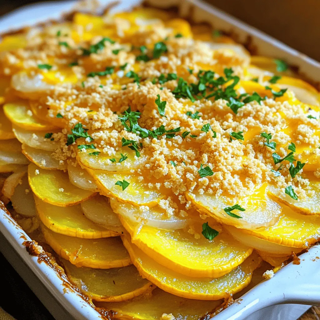 - 4 medium yellow squash, thinly sliced - 1 medium onion, finely chopped - 1 cup shredded sharp cheddar cheese - 1 cup crushed saltine crackers (plus extra for topping) - 3 large eggs, beaten - ½ cup milk - 1 tablespoon olive oil - 1 teaspoon garlic powder - 1 teaspoon dried thyme - ½ teaspoon paprika - Salt and pepper to taste The ingredients for Kentucky squash casserole are simple yet flavorful. You need fresh yellow squash for the base. I love using medium-sized squash because they have a nice texture. The onion adds sweetness and depth to the dish. Sharp cheddar cheese is a must for that rich, creamy taste. For crunch, crushed saltine crackers work perfectly. They give a lovely texture on top. Eggs and milk bind everything together, making the casserole hearty. Olive oil adds a bit of healthy fat, while garlic powder and dried thyme enhance the flavors. Paprika gives it a hint of warmth and color. - 9x13 inch baking dish - Large skillet - Mixing bowls - Spatula You will need a few basic kitchen tools. A 9x13 inch baking dish is perfect for this casserole. A large skillet helps cook the squash and onion together. Mixing bowls are essential for combining your ingredients. Lastly, a spatula will help you spread the mixture evenly in the baking dish. These tools make the cooking process easy and fun. You can find most of them in any kitchen. With these ingredients and tools, you are ready to create a delicious Kentucky squash casserole. For the full recipe, check out the instructions in the next section! - Preheat your oven to 350°F (175°C). Lightly grease a 9x13 inch baking dish with olive oil. This helps the casserole not stick. - Heat a large skillet over medium heat and add 1 tablespoon of olive oil. Once hot, add 1 finely chopped onion. Sauté the onion until it is clear, about 5 minutes. Stir it often to avoid burning. - Now, add 4 medium yellow squash, thinly sliced, to the skillet. Cook for about 8-10 minutes. Stir often until the squash is soft but still has some crunch. - In a large mixing bowl, combine the sautéed squash and onions. Add the wet ingredients: 3 large beaten eggs and ½ cup of milk. - Now, add 1 teaspoon of garlic powder, 1 teaspoon of dried thyme, and ½ teaspoon of paprika. Season with salt and pepper to taste. Mix everything well until combined. - Gently fold in 1 cup of shredded sharp cheddar cheese and 1 cup of crushed saltine crackers. Make sure to save some crushed crackers for the topping. Mix until everything is evenly distributed. - Pour the mixture into the prepared baking dish. Smooth the top with a spatula. This helps it bake evenly. - Sprinkle the reserved crushed saltine crackers on top. This adds a nice crunch when baked. - Place the baking dish in the oven. Bake for 30-35 minutes, or until the casserole is set and the top is golden brown. - After baking, let the casserole cool for a few minutes before cutting it into squares for serving. Now you have a delicious Kentucky squash casserole ready to enjoy! For more details, check out the Full Recipe. - Ensuring the squash retains bite: To keep your squash from becoming mushy, cook it just until tender. This should take about 8-10 minutes over medium heat. You want it soft but still slightly firm. - Achieving a golden brown topping: For that perfect golden color, sprinkle extra crushed saltine crackers on top before baking. The crackers will crisp up nicely in the oven, adding a great texture. - Best accompaniments for Kentucky Squash Casserole: This casserole pairs well with a fresh side salad. The cool crunch of lettuce and veggies balances the warm, cheesy casserole. You could also serve it with roasted meats or grilled chicken for a full meal. - Garnishing ideas for visual appeal: A sprinkle of freshly chopped parsley adds a pop of color. You could also use chives or even a dash of paprika on top for extra flair. - Addressing undercooked or burnt casseroles: If your casserole is undercooked, simply cover it with foil and return it to the oven for an extra 5-10 minutes. For burnt edges, cut away the crispy parts and serve the soft center. - Alternative binding ingredients: If you want to switch things up, use breadcrumbs or cooked rice instead of saltines. These options still hold the ingredients together while adding unique flavors. {{image_4}} You can change some ingredients in Kentucky squash casserole. If you want a different cheese, try mozzarella or pepper jack. These cheeses give a nice twist to the flavor. For the crackers, gluten-free versions or panko can work too. They add a different crunch that's still enjoyable. Want to boost nutrition? You can add proteins like cooked chicken or turkey. This makes the dish heartier. You can also toss in other vegetables. Bell peppers or zucchini fit well with squash. They add color and taste. Just remember to cook them slightly before mixing. If you need gluten-free options, use gluten-free crackers. They work just like regular saltines. For a vegan version, swap the eggs with flaxseed meal or applesauce. You can use almond milk instead of regular milk too. Finally, choose a plant-based cheese to keep it vegan and delicious. Kentucky squash casserole has roots in southern cooking. Some families use different spices like cayenne pepper for heat. Others prefer a creamier texture by adding sour cream. In some regions, they serve the casserole with cornbread or fried chicken on the side. This shows how the dish fits into the wider Kentucky cuisine. Each family adds their own touch, keeping the tradition alive. For the full recipe, follow the steps and enjoy making your own version! To store leftover Kentucky Squash Casserole, let it cool first. Use an airtight container. Place it in the fridge within two hours of cooking. It will stay fresh for up to five days. When you want to eat it, just reheat it in the oven or microwave. You can freeze the casserole for longer storage. Make sure it has cooled completely. Use a freezer-safe container or wrap it tightly in plastic wrap. Label it with the date. It can last for up to three months in the freezer. To reheat, thaw it in the fridge overnight. Then bake it at 350°F (175°C) until warm. The casserole is best eaten fresh, but it can last in the fridge for five days. If you freeze it, aim to eat it within three months. Always check for any off smells or changes in texture before eating. Enjoy this tasty dish while it’s still at its best! For the full recipe, check the beginning section! You can use several options instead of saltine crackers. Try crushed tortilla chips for a fun twist. You can also use panko breadcrumbs for a lighter topping. If you want a gluten-free option, crushed rice crackers work well too. These alternatives provide that much-needed crunch. Yes, you can prepare this casserole ahead of time. Mix all the ingredients as instructed and place them in the baking dish. Cover it tightly with plastic wrap or foil. Store it in the fridge for up to 24 hours. When ready to bake, just remove the cover and bake as directed. This makes for a stress-free meal. To check if your casserole is done, look for a golden brown top. The edges should slightly pull away from the dish. You can also insert a knife in the center. If it comes out clean, the casserole is ready. Baking times may vary, so keep an eye on it. Absolutely! This casserole is great for meal prep. Cut it into squares after it cools. Store each portion in airtight containers. You can reheat them in the microwave or oven. This makes it easy to enjoy a tasty meal all week long. This blog post gave you a full view of making Kentucky Squash Casserole. We covered the ingredients, tools, steps, and helpful tips. I shared ideas for variations and storage, too. As you cook this dish, remember to enjoy the process. With some care, you'll impress your family and friends. Don’t be afraid to try twists on the recipe. Happy cooking!