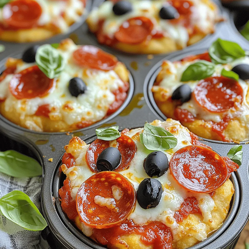 To make delicious deep dish mini pizzas, you will need: - 1 cup all-purpose flour - 1/2 teaspoon baking powder - 1/4 teaspoon baking soda - 1/2 teaspoon salt - 2 tablespoons olive oil - 1/2 cup warm water - 1 cup marinara sauce - 1 1/2 cups shredded mozzarella cheese - 1/2 cup pepperoni slices - 1/4 cup sliced black olives (optional) - 1/4 teaspoon dried oregano - Fresh basil leaves for garnish You can swap out some ingredients for your taste. For flour, use whole wheat flour for a healthier option. You can replace olive oil with melted butter if you prefer a richer flavor. For the cheese, try cheddar or a vegan cheese for a different twist. Veggies like bell peppers or mushrooms can replace the pepperoni. This way, you can make the pizzas your own! To make these mini pizzas, you need a few key tools: - A mixing bowl for the dough - A muffin tin to shape the mini pizzas - A whisk for mixing dry ingredients - A spatula for combining the dough - Measuring cups and spoons for accuracy - An oven to bake the pizzas Having these tools ready will make your cooking experience smoother and more fun. Enjoy crafting these tasty bites! To start, I mix the dry ingredients. In a large bowl, I whisk together 1 cup of all-purpose flour, 1/2 teaspoon of baking powder, 1/4 teaspoon of baking soda, and 1/2 teaspoon of salt. This mix gives the dough a nice structure. Then, I add 2 tablespoons of olive oil and 1/2 cup of warm water. I use my hands or a spatula to mix until a dough forms. If it feels sticky, I add more flour, a little at a time, until it feels just right. Next, I preheat the oven to 375°F (190°C). While it warms up, I prepare a muffin tin by lightly greasing it with cooking spray or olive oil. This helps the mini pizzas come out easily. I divide the dough into 12 equal parts. For each part, I press it into the bottom and up the sides of a muffin cavity. This creates a small, deep crust. I then spoon about 1 tablespoon of marinara sauce into each crust. I spread it evenly with a spoon. After that, I sprinkle about 2 tablespoons of shredded mozzarella cheese on top. For extra flavor, I add 2-3 slices of pepperoni and some black olives if I want. After adding the toppings, I sprinkle a little more mozzarella cheese on top and a pinch of dried oregano. Now, it’s time to bake! I carefully place the muffin tin in the oven and bake for 15-20 minutes. I watch for the crusts to turn golden brown and the cheese to melt and bubble. Once they’re ready, I take the muffin tin out and let it cool for a few minutes. I gently lift each mini pizza out using a spoon or fork. Finally, I add fresh basil leaves on top for a burst of color before serving. Try this recipe for a fun treat! To get a great crust, use a light touch. Don’t overwork the dough. Press it gently into the muffin tin. Make sure to cover the bottom and sides evenly. This helps the crust rise well. A good rise gives you a nice texture. For extra crunch, you can bake the crust for a few minutes before adding sauce and toppings. For gooey cheese, use fresh mozzarella. Shred it just before using. This cheese melts nicely and gives a great stretch. Layer some cheese on the sauce, then add more on top. This helps create a delicious crust over the toppings. Keep an eye on the baking time. You want the cheese bubbly and golden, not burnt. Get creative with toppings! Use your favorite meats, veggies, or herbs. For a spicy kick, add jalapeños or hot sausage. If you love greens, try spinach or arugula. Remember, balance is key. Don’t overload your mini pizzas. Each bite should have a mix of flavors. Check the full recipe for ideas on how to combine ingredients for the best taste. {{image_4}} These mini pizzas are great for veggie lovers. Start with the base dough. Add a layer of marinara sauce. Then, sprinkle mozzarella cheese. Next, top with your favorite vegetables. Bell peppers, mushrooms, and spinach work well. For a kick, add sliced jalapeños. Bake as directed for a tasty treat. This version keeps all the flavor without meat. If you love meat, this option is for you. Use the same dough and sauce. Add a generous layer of mozzarella cheese. Then, pile on the toppings. Include pepperoni, sausage, and bacon bits. You can even add ham for extra flavor. The meats will create a hearty bite. Bake until golden brown and enjoy every bite. For those needing gluten-free, don't worry. You can use gluten-free flour. Follow the same steps as the regular dough. Make sure to use a pizza sauce without gluten. For toppings, feel free to get creative. Use your favorite veggies or meats. The baking time stays the same. Enjoy your delicious mini pizzas without the gluten! For more details, check the Full Recipe. To keep your leftover mini pizzas fresh, let them cool first. Place them in an airtight container. You can stack them with parchment paper between layers to avoid sticking. Store the container in the fridge for up to four days. If you won’t eat them soon, freezing is a better option. To reheat your mini pizzas, preheat your oven to 350°F (175°C). Place the mini pizzas on a baking sheet. Heat them for about 10-15 minutes. This way, the crust stays crispy and the cheese melts nicely. You can also use a microwave, but the crust might get soft. Heat them for about 30-60 seconds in the microwave. If you want to freeze your mini pizzas, follow these steps. First, let them cool completely. Wrap each pizza in plastic wrap tightly. Then, place the wrapped pizzas in a freezer-safe bag or container. Make sure to label the bag with the date. They can last in the freezer for up to three months. When ready to eat, just reheat from frozen, adding a few extra minutes to the baking time. Enjoy your flavorful bite-sized treats anytime! Yes, you can use pre-made dough. Store-bought dough saves time and effort. It works well for mini pizzas. Just follow the same steps for shaping and baking. Roll it out and cut it to fit the muffin tin. You can make mini pizzas ahead of time. Prepare the dough and shape it into the muffin tin. Add sauce and toppings. Cover the muffin tin with plastic wrap. Store it in the fridge for up to 24 hours. Bake them when you're ready to eat. You can use many toppings on mini pizzas. Try bell peppers, mushrooms, or onions. Cooked sausage or ham adds flavor. For a twist, use pesto or barbecue sauce instead of marinara. Experiment and find your favorite combo. In this article, I covered how to make delicious mini pizzas. We listed the key ingredients, shared useful substitutes, and recommended tools. I provided clear steps for preparing, assembling, and baking your pizzas. My tips ensure a perfect crust and melted cheese. I also shared tasty variations, storage tips, and answers to common questions. Now, it's time to get creative and enjoy this fun cooking adventure! Have fun making these mini pizzas your own.
