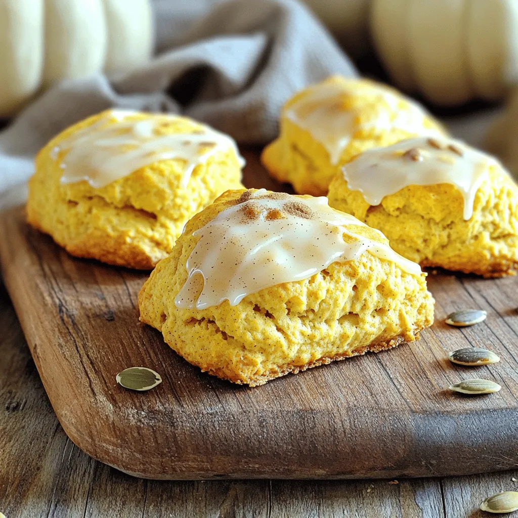 To make pumpkin scones, gather these ingredients: - 2 cups all-purpose flour - 1/2 cup packed brown sugar - 1 tablespoon baking powder - 1/2 teaspoon baking soda - 1 teaspoon ground cinnamon - 1/2 teaspoon ground nutmeg - 1/4 teaspoon ground ginger - 1/4 teaspoon salt - 1/2 cup cold unsalted butter, cubed - 1/2 cup canned pumpkin puree - 1/4 cup heavy cream - 1 large egg - 1/2 teaspoon pure vanilla extract - Optional: 1/4 cup chopped nuts (like walnuts or pecans) for added texture - For the glaze: 1 cup powdered sugar and 1-2 tablespoons milk You can add fun twists to your pumpkin scones. Some optional ingredients include: - Dried cranberries for a tart flavor - Chocolate chips for sweetness - Fresh herbs like rosemary for a savory touch Each pumpkin scone is about 150 calories. Here’s a breakdown: - Total fat: 7 grams - Saturated fat: 4 grams - Carbohydrates: 20 grams - Fiber: 1 gram - Sugar: 6 grams - Protein: 2 grams This information helps you enjoy your treat while keeping track of your nutrition. If you're curious about the full recipe, you can find it easily to explore more. First, gather all your ingredients. You need flour, sugar, spices, butter, and pumpkin. Preheat your oven to 425°F (220°C). Line a baking sheet with parchment paper. This step prevents the scones from sticking. In a large bowl, mix the dry ingredients. Combine flour, brown sugar, baking powder, baking soda, cinnamon, nutmeg, ginger, and salt. Whisk until blended well. Next, cut in the cold butter. Use your fingers or a pastry cutter for this. Blend until you see coarse crumbs. In another bowl, mix the wet ingredients. This includes pumpkin puree, cream, egg, and vanilla extract. Whisk until smooth. Pour this mixture into the dry ingredients. Gently fold them together. Be careful not to overmix. If you want extra crunch, add in nuts at this stage. Flour a clean surface and transfer the dough. Pat it into a circle about 1 inch thick. Now, cut it into wedges or use a biscuit cutter. Place the scones on the baking sheet, leaving space between them. Bake for 15-20 minutes. They should be golden brown. A toothpick should come out clean when inserted into the center. After baking, let them cool for a few minutes. Then, drizzle the glaze on top. Enjoy your pumpkin scones delight! For the full recipe, check out the details above. To make soft and fluffy scones, handle the dough gently. Overmixing makes them tough. Mix the wet and dry ingredients until just combined. The dough should be slightly sticky. If it’s too dry, add a splash of cream. One big mistake is using warm butter. Always use cold butter. This keeps the scones light. Another mistake is not measuring flour correctly. Scoop too much flour, and your scones will be dry. Use a kitchen scale for best results. Spices are key to great flavor. Add more cinnamon or nutmeg for a warm taste. You can also mix in chopped nuts for a crunch. Try adding dried cranberries for a sweet twist. These small changes make a big difference. For a glaze, vanilla or maple syrup adds a nice touch. Check out the Full Recipe for more ideas! {{image_4}} You can change up pumpkin scones with fun flavors. Try adding cranberries for a tart twist. Chopped pecans give a nice crunch. You can also mix in some chocolate chips for a sweet touch. These flavors make each bite exciting and new. You can easily make pumpkin scones gluten-free. Use a gluten-free flour blend instead of regular flour. For a vegan version, swap the butter for coconut oil. Replace the egg with a flaxseed egg or applesauce. These changes keep the scones moist and tasty. Glazes can add a special touch. Instead of a simple glaze, try maple syrup mixed with powdered sugar. You can also add spices like cinnamon or nutmeg for more flavor. A cream cheese glaze can bring a creamy delight. Get creative with your glazes and make them your own! For the full recipe, check out the steps I provided earlier. To keep your pumpkin scones fresh, store them in an airtight container. This helps prevent them from drying out. Place parchment paper between layers to avoid sticking. If you want to keep them longer, refrigerate them. You can freeze pumpkin scones for up to three months. Wrap each scone tightly in plastic wrap and place them in a freezer bag. When ready to enjoy, take them out and let them thaw at room temperature. To reheat, pop them in the oven at 350°F for about 10 minutes. This warms them up and restores their soft texture. To maintain freshness, avoid stacking scones directly on top of each other. This can cause them to become soggy. Instead, store them in a single layer if possible. Keep them in a cool, dry place. Enjoy your pumpkin spice scones within a few days for the best taste. For long-term storage, follow the freezing guidelines. These practices ensure your delightful treat stays delicious for every fall morning. For more tips, check out the Full Recipe. To tell if your pumpkin scones are done, look for a golden brown color. Insert a toothpick into the center. If it comes out clean, the scones are ready. The edges should feel firm, but the center might be soft. Don't worry; they will firm up as they cool. Yes, you can use fresh pumpkin. Just make sure to cook and puree it first. This gives you a smooth texture. Fresh pumpkin has a lighter flavor than canned. You might need to adjust the spices to match your taste. Serve pumpkin scones warm for the best taste. You can drizzle them with glaze for sweetness. Pair them with coffee or tea for a cozy touch. For a fun twist, add a sprinkle of cinnamon on top. Enjoy them fresh or with a bit of butter. Don't forget to check out the Full Recipe for more tips! We covered everything you need for perfect pumpkin scones. You learned the key ingredients, how to mix them, and baking tips. Remember to watch for texture and avoid common mistakes. Think about trying seasonal flavors or tweaking for dietary needs. Proper storage keeps them fresh, and I hope you found answers to your questions. Now, it’s time to bake, enjoy, and impress!