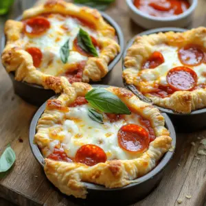 - 1 package refrigerated pie crusts (includes 2 crusts) - 1 cup pizza sauce - 1 ½ cups shredded mozzarella cheese - ½ cup pepperoni slices (or your choice of toppings such as bell peppers, olives, or mushrooms) - 1 teaspoon Italian seasoning - 1 egg, beaten (for egg wash) - Fresh basil leaves (for garnish) When making Mini Pizza Pot Pies, use fresh ingredients for the best flavor. The cheese should be good quality. I always choose mozzarella because it melts beautifully. You can swap out the pepperoni for other toppings. Try bell peppers, olives, or mushrooms for a veggie twist. If you prefer a different cheese, use cheddar or provolone for a unique taste. You can also use store-bought sauce or make your own if you want a fresh touch. Choose a high-quality pizza sauce for great taste. Look for a sauce without added sugars or preservatives. When picking pie crusts, I recommend refrigerated for ease. If you want to make it healthier, consider whole wheat crusts. Fresh basil adds a nice look and flavor, so don’t skip that garnish. First, you need to set up your oven. Preheat it to 425°F (220°C). This heat helps cook the crusts evenly. Grab a muffin tin and grease it lightly with cooking spray. This keeps your pot pies from sticking. Make sure you have a rolling pin, a cookie cutter or glass, and a pastry brush handy. Next, let’s prepare the pie crusts. Take your package of refrigerated pie crusts. Roll them out on a lightly floured surface until smooth. Use a cookie cutter or glass to cut out six circles. Each circle should be about 4 inches wide. These circles will form the bases for your pot pies. Now, carefully place each circle into the greased muffin tin. Gently press them down to make little cups. This step is key because it holds all the yummy filling. Now it’s time to mix the filling. In a medium bowl, combine the following ingredients: - 1 cup pizza sauce - 1 ½ cups shredded mozzarella cheese - ½ cup pepperoni slices (or your choice of toppings such as bell peppers, olives, or mushrooms) - 1 teaspoon Italian seasoning Stir the mixture well. Make sure all ingredients are coated with sauce. This mix will make your mini pizza pot pies burst with flavor. Once mixed, you’re ready to fill those pie crust cups! To get that perfect golden crust, keep a close eye on your oven's temperature. Use an oven thermometer to ensure it’s accurate. Brush the tops with the beaten egg well. This gives a shiny, golden color. You can also sprinkle a bit of salt on top for added crunch. If you want an extra crispy crust, bake a few minutes longer, but watch carefully to avoid burning. Seasonings can truly elevate your mini pizza pot pies. Italian seasoning works great, but you can mix it up. Try adding garlic powder or crushed red pepper for a spicy kick. Fresh herbs like basil or oregano can also add depth. If you love cheese, consider mixing different types, like cheddar or provolone, with the mozzarella to create a flavor party. If your crusts are soggy, it might be due to too much filling. Be sure not to overfill them. If the tops don’t brown, your oven may not be hot enough. You can also try placing them on the bottom rack to boost browning. If they stick to the tin, let them cool a bit before removing. Use a fork gently to help lift them out. These tips will help you make the best mini pizza pot pies. Check out the Full Recipe for more details! {{image_4}} You can change up the filling to fit your taste. Instead of pepperoni, try cooked sausage, ham, or even grilled chicken. You can also go meatless with roasted vegetables like zucchini, spinach, or onions. For a fun twist, add pineapple for a sweet touch. Mix in different cheeses too, like cheddar or feta, for a unique flavor. If you need a gluten-free option, use gluten-free pie crusts. Many brands offer ready-made choices that work well. You can also use puff pastry for a flakier texture. This gives a nice contrast to the filling. If you're feeling adventurous, try phyllo dough for a lighter version. Just be sure to adjust your baking time. Make your pot pies seasonal! For a fall theme, use pumpkin and sage with mozzarella. In summer, a caprese style with tomatoes and basil shines. For a taco night, use taco meat, cheese, and toppings like olives and guacamole. The options are endless, and each theme brings new flavors. Explore your favorites, and have fun with it! To keep your Mini Pizza Pot Pies fresh, place them in an airtight container. Store them in the fridge for up to three days. If you have more than a few, wrap each one in plastic wrap before placing them in the container. This helps prevent them from drying out. When you're ready to enjoy leftovers, reheat them in the oven for the best taste. Preheat your oven to 350°F (175°C). Place the pot pies on a baking sheet and warm for about 10-15 minutes. This step makes the crust crispy again. You can also use a microwave, but the crust won't be as crunchy. Heat each pie for about 1-2 minutes but be careful not to overcook them. To freeze your Mini Pizza Pot Pies, let them cool completely first. Wrap each pie in plastic wrap, then place them in a freezer bag. You can freeze them for up to three months. When you're ready to eat, thaw them in the fridge overnight. Reheat them in the oven as mentioned above for the best taste. This method keeps their flavor and texture intact. Yes, you can use homemade crust for these pot pies. Making your own crust lets you control the ingredients and flavors. If you want a flaky and buttery crust, mix flour, butter, and water. Roll it out and cut it into circles, just like the store-bought crust. Homemade crust adds a personal touch to your dish. The best toppings for Mini Pizza Pot Pies include classic favorites. Pepperoni is a top choice, but you can get creative! Here are some ideas: - Bell peppers - Olives - Mushrooms - Onions - Sausage - Spinach Mix and match these toppings to suit your taste. You can also make them vegetarian or add extra cheese for richness. You can prepare Mini Pizza Pot Pies ahead of time in a few easy steps. Make the filling and crust early in the day or even the night before. Store them separately in the fridge. When you’re ready to bake, assemble the pies and follow the baking instructions. You can also freeze them before baking. Just remember to thaw them in the fridge overnight before cooking. For the full recipe, check out the instructions shared above. This article breaks down how to make Mini Pizza Pot Pies. We explored the right ingredients, step-by-step methods, and useful tips. You now know how to choose toppings and crust options. Plus, we covered storage tips and common questions. When you try this recipe, stay creative. Experiment with fillings and flavors. Enjoy making delicious Mini Pizza Pot Pies your own way!
