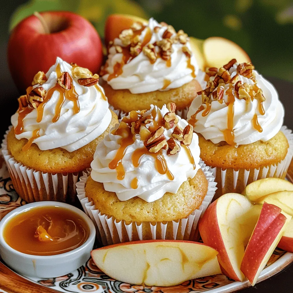 - Flour, Baking Powder, and Baking Soda You need 1 ½ cups of all-purpose flour. It gives structure to the cupcakes. Add 1 teaspoon of baking powder and ½ teaspoon of baking soda. These help the cupcakes rise and stay light. - Sweeteners: Brown Sugar and Caramel Sauce Use 1 cup of packed brown sugar. It adds a rich flavor that pairs perfectly with apples. You also need ½ cup of caramel sauce. This will add sweetness and a gooey texture. - Apples: Types and Preparation Tips I suggest using Granny Smith or Honeycrisp apples. They add a nice tartness to balance the sweet flavors. Peel and finely dice 1 cup of apples. This helps them cook evenly in the batter. - Toppings: Whipped Cream and Nuts Whipped cream is a fun topping. It adds creaminess and looks great on your cupcakes. Chopped pecans or walnuts give a nice crunch and flavor. They are optional but add a lovely touch. - Flavor Enhancers: Ground Cinnamon and Vanilla Extract A ½ teaspoon of ground cinnamon adds warmth. It makes your cupcakes taste like fall. Use 1 teaspoon of pure vanilla extract for a sweet aroma. This enhances the overall flavor profile of your cupcakes. These ingredients create a delightful balance of flavors that make these cupcakes a must-try. For the full recipe, please refer to the recipe section. - Prepping the Oven and Muffin Tin Start by preheating your oven to 350°F (175°C). This ensures even baking. Next, grab a standard 12-cup muffin tin. Place cupcake liners in each cup. This will help prevent sticking and make serving easy. - Mixing Dry Ingredients In a medium bowl, whisk together these dry ingredients: - 1 ½ cups all-purpose flour - 1 teaspoon baking powder - ½ teaspoon baking soda - ½ teaspoon salt - ½ teaspoon ground cinnamon Mix until fully combined and set it aside for later. - Creaming Butter and Sugar In a large bowl, cream together: - ½ cup unsalted butter, softened - 1 cup packed brown sugar Use a hand mixer or stand mixer at medium speed. Mix for about 3-4 minutes until light and fluffy. - Incorporating Eggs and Vanilla Add in 2 large eggs, one at a time. Mix well after each egg. Then, pour in 1 teaspoon of pure vanilla extract. Mix gently until everything is well blended. - Combining Wet and Dry Mixtures Slowly add the dry mixture to the wet mixture. Alternate with: - ½ cup buttermilk, at room temperature Start and end with the dry mixture. Gently fold in 1 cup of peeled and finely diced apples. - Filling Muffin Cups and Baking Evenly fill each muffin cup about two-thirds full. This allows for rising. Bake in the preheated oven for 18-20 minutes. Check with a toothpick; it should come out clean. - Cooling the Cupcakes After baking, let the cupcakes cool in the pan for about 5 minutes. Then, transfer them to a wire rack. Allow them to cool completely. - Filling with Caramel Sauce Once cooled, use a small paring knife to carve out a core from the center of each cupcake. Fill the cores with caramel sauce. You can use store-bought or homemade, whichever you prefer. For the complete recipe, check out the Full Recipe. Enjoy your baking! Ensuring Even Baking To bake cupcakes evenly, use an oven thermometer. Your oven may not show the right temperature. Rotate the muffin tin halfway through baking to ensure all cupcakes rise evenly. Avoid opening the oven too soon; this can cause them to sink. Avoiding Common Mistakes Do not overmix the batter. This can make your cupcakes tough. Also, be sure to use room temperature ingredients. Cold ingredients may not mix well, affecting the texture. Fill each liner about two-thirds full for the best rise. Creative Topping Ideas For a fun twist, try topping your cupcakes with caramel popcorn. It adds crunch and a sweet surprise. Other options include chopped apples, or even a sprinkle of sea salt to enhance the caramel flavor. Presentation Techniques Arrange cupcakes on a colorful platter. Add a few apple slices around them for a fresh touch. Drizzling caramel sauce on top makes them look irresistible. You can even place a small bowl of caramel sauce nearby for dipping. {{image_4}} - Gluten-Free Options: You can easily make these cupcakes gluten-free. Just swap regular flour with a gluten-free baking mix. Look for one that has a good blend of starches and flours. This will keep the texture light and fluffy. - Vegan Modifications: To make these cupcakes vegan, use plant-based butter and replace eggs with flax eggs. Mix 1 tablespoon of ground flaxseed with 3 tablespoons of water for each egg. Let it sit until it thickens. For buttermilk, use plant-based milk with a splash of lemon juice or vinegar. - Adding Spices: Nutmeg and Allspice: For a warm twist, add a pinch of nutmeg or allspice to your dry ingredients. These spices blend well with cinnamon and enhance the autumn flavor. - Other Fruit Combinations: You can mix in other fruits with apples. Try diced pears or cranberries for a tart kick. These fruits will add a unique layer of flavor to your cupcakes. Feel free to experiment with these swaps and variations. They let you enjoy caramel apple cupcakes in new ways. Check out the Full Recipe for all the details on creating these delicious treats! To keep your caramel apple cupcakes fresh, store them in an airtight container. This helps maintain their moisture. If you want to refrigerate them, put them in the fridge. They stay good for about a week this way. If you prefer to freeze your cupcakes, place them in a freezer-safe container. Wrap each cupcake in plastic wrap before placing them in the container. They last for up to three months in the freezer. When you want to eat one, just thaw it in the fridge overnight. How long do they last? Fresh caramel apple cupcakes can last up to a week at room temperature if stored correctly. If refrigerated, expect them to stay fresh for up to a week as well. Avoiding sogginess is key. Make sure the cupcakes cool completely before sealing them in a container. This stops moisture from building up inside, which can make them soggy. If you fill them with caramel, do it just before serving for the best taste and texture. Can I use different types of apples? Yes, you can! While Granny Smith or Honeycrisp apples are best, you can try others too. Sweet apples like Fuji or Gala will work well. Just make sure to chop them small. This helps them mix into the batter nicely. How do I make homemade caramel sauce? Making caramel sauce is easy! You need sugar, butter, and cream. Cook sugar in a pan until it melts into a golden color. Add butter, then slowly stir in cream. Let it cool, and you have sweet caramel! You can find a full recipe for this in the [Full Recipe]. What can I substitute for buttermilk? If you don't have buttermilk, don’t worry! Mix 1 cup of milk with 1 tablespoon of vinegar or lemon juice. Let it sit for a few minutes. This will give you a great substitute for buttermilk! Why are my cupcakes dry? Dry cupcakes can happen for a few reasons. You may have overbaked them or added too much flour. Be sure to measure accurately and check them a few minutes early. A toothpick should come out clean but not dry. How to fix over-sweetened frosting? If your frosting is too sweet, you can add a pinch of salt. This helps balance the sweetness. You can also mix in some cream cheese or unsweetened whipped cream to tone it down. Best Pairings for Cupcakes These cupcakes pair well with warm beverages. Try serving them with hot apple cider or spiced tea. A scoop of vanilla ice cream also makes a nice treat alongside them! Ideas for Events and Celebrations Caramel apple cupcakes are perfect for fall gatherings. Serve them at birthday parties or harvest festivals. They also make great treats for school events or family get-togethers. In summary, we explored the key ingredients for caramel apple cupcakes, like flour and apples. I shared step-by-step instructions to help you bake perfect cupcakes. Tips on storage and variations made it easy to personalize your treats. These cupcakes are fun and tasty for any occasion. With the right ingredients and methods, you can impress everyone with your baking skills. Enjoy creating these delicious cupcakes that blend sweet caramel with crisp apples!