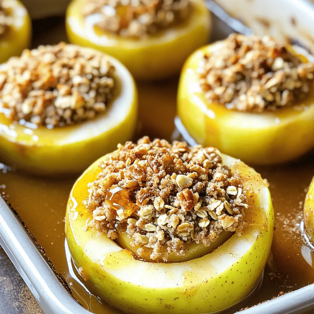 - 4 medium-sized apples (e.g., Honeycrisp or Granny Smith) - 1 cup rolled oats - 1/2 cup packed brown sugar - 1/2 teaspoon ground cinnamon - 1/4 teaspoon ground nutmeg - 1/2 cup chopped nuts (walnuts or pecans) - 1/4 cup dried cranberries or raisins - 2 tablespoons honey or pure maple syrup - 1/4 cup unsalted butter, melted - 1/2 cup apple juice When I make stuffed baked apples, I love to gather my ingredients first. Choose firm apples like Honeycrisp or Granny Smith. These apples give a nice mix of sweet and tart. Next, I grab rolled oats for a hearty filling. The oats soak up the juices and add texture. Brown sugar adds a rich sweetness. Ground cinnamon and nutmeg spice things up. I toss in chopped nuts for crunch and dried fruits for chewiness. Honey or maple syrup gives a touch of sweetness and a nice glaze. Don't forget the melted butter! It binds the filling. Lastly, apple juice keeps the apples moist while baking. All these ingredients come together to create a warm, cozy dessert. You can find the Full Recipe to guide you through this delightful process! 1. Preheat your oven to 350°F (175°C). Prepare a baking dish by greasing it lightly or using parchment paper. 2. Use an apple corer or a knife to carefully core the apples. Make sure to leave the bottom intact. This step creates a pocket for the tasty filling. 1. In a large bowl, combine the rolled oats, brown sugar, ground cinnamon, ground nutmeg, chopped nuts, and dried cranberries or raisins. Mix well until everything is evenly blended. 2. Pour the melted butter and honey (or maple syrup) into the oat mixture. Stir until every piece is coated and combined. 1. Take each cored apple and fill it with the oat mixture. Press it down gently as you fill to make sure it’s packed well. 2. Place the stuffed apples upright in your greased baking dish. Pour the apple juice around the base of the apples for moisture during baking. 3. Cover the dish tightly with aluminum foil to keep in steam. Place it in the preheated oven. Bake for 25 minutes. 4. After 25 minutes, remove the foil. Continue baking for another 15-20 minutes. Check for tenderness and a golden brown topping. 5. Once they are done, let the baked apples cool for 5-10 minutes before serving. For a complete guide, check the Full Recipe. For stuffed baked apples, I love using Honeycrisp or Granny Smith. Honeycrisp apples are sweet and juicy. Granny Smith apples offer a nice tartness. Both types hold their shape well during baking. When selecting apples, avoid any that are bruised or damaged. Look for smooth, firm apples. They should have a vibrant color and feel heavy for their size. This ensures they have good flavor and texture. Baking time can change based on apple size. For medium-sized apples, bake for 25 minutes, then uncover and bake for an extra 15-20 minutes. This allows the topping to brown and the apples to soften. To check if your apples are tender, use a fork. Gently poke the side of an apple. If the fork goes in easily, the apples are ready. Overbaking can lead to mushy apples, so watch closely! Presentation can make your baked apples shine. Drizzle them with extra honey or maple syrup right before serving. This adds a touch of sweetness. For a decadent dessert, serve the warm apples with a scoop of vanilla ice cream. You can also add whipped cream on top for extra creaminess. These simple touches make your dessert even more delightful. For the full recipe, check the details above. Enjoy your delicious stuffed baked apples! {{image_4}} You can change up your stuffed baked apples with different nuts and fruits. For nuts, try pecans or walnuts. Pecans give a sweet crunch. Walnuts add a rich taste. Both work well with the apples. For dried fruits, use raisins or cranberries. Raisins add chewiness, while cranberries offer a tart kick. Mix and match to find your favorite combo. If you need gluten-free options, swap regular oats for certified gluten-free oats. This keeps the dish safe for those with gluten issues. For a vegan version, replace the butter with coconut oil or vegan butter. Use maple syrup instead of honey. These swaps keep the dish delicious and friendly for different diets. You can add spices for a fall twist. Try pumpkin spice for a cozy flavor. It adds warmth and aroma to the dish. You can also mix in fresh fruits like berries. Blueberries or raspberries give a burst of color and flavor. They can make your dessert even more special. Explore these ideas to keep your stuffed baked apples fresh and fun! To keep your baked apples fresh, place them in a covered container. Refrigerate them right after they cool. This helps lock in moisture and flavor. Baked apples will stay good for about three days in the fridge. If you want to enjoy them later, make sure they are sealed tight to avoid drying out. To reheat your baked apples, place them in the oven at 350°F (175°C). Heat them for about 10-15 minutes. This keeps the texture soft and warm. You can also use a microwave. Just heat for 30 seconds to 1 minute. Serve them warm with a drizzle of honey or a scoop of ice cream for a tasty treat. Enjoy your delicious dessert! To make stuffed baked apples healthy, cut the sugar and fats. Use less brown sugar or honey. You can also swap butter with applesauce. This keeps the apples moist without adding fat. Try using nuts and dried fruits in small amounts. They add flavor without too many calories. Add spices like cinnamon and nutmeg for taste without sugar. Yes, you can use different apples for stuffed baked apples. Honeycrisp apples are sweet and juicy. Granny Smith apples have a nice tartness. Other good choices are Fuji and Braeburn. They hold their shape well while baking. Avoid soft apples like McIntosh, as they may turn mushy. Yes, you can freeze stuffed baked apples. After baking, let them cool completely. Wrap each apple tightly in plastic wrap. Place them in an airtight container or freezer bag. They can last for up to three months in the freezer. When ready to eat, thaw them in the fridge overnight. Reheat in the oven until warm. Stuffed baked apples are great for many occasions. They shine as a cozy fall dessert. Serve them at holiday gatherings or family dinners. They also make a sweet treat after a casual meal. You can enjoy them warm with ice cream or whipped cream. This dessert fits any time you want a tasty delight. For the full recipe, check out the previous sections. Stuffed baked apples are a simple and fun treat. You learned the main ingredients, like apples and oats, and how to make the filling. We also discussed tips for choosing the best apples and storing leftovers. Try different nuts and dried fruits for a personal touch. These baked apples fit any occasion, from cozy nights to holiday dinners. Enjoy this delicious dessert that everyone will love!