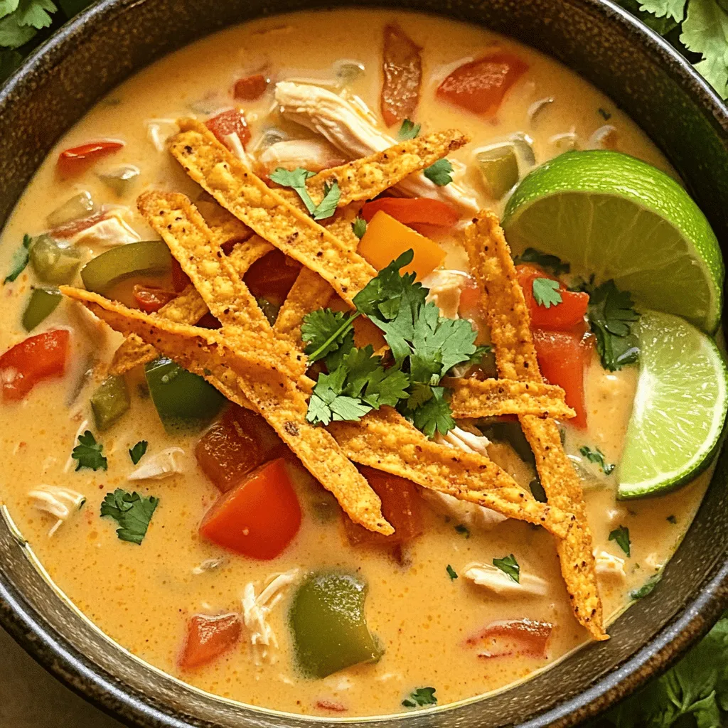 Cooking a great creamy chicken tortilla soup starts with the right ingredients. Here’s what you need: - 2 cups cooked chicken, shredded - 1 tablespoon olive oil - 1 medium onion, diced - 2 cloves garlic, minced - 1 bell pepper, diced (your choice of color) - 1 can (14.5 oz) diced tomatoes, including juices - 4 cups chicken broth - 1 cup corn kernels (use fresh or frozen) - 1 can (4 oz) diced green chilies - 1 teaspoon ground cumin - 1 teaspoon chili powder - ½ teaspoon smoked paprika - 1 cup heavy cream - Salt and black pepper, to taste - Tortilla strips, for garnish - Fresh cilantro leaves, for garnish - Lime wedges, for serving Using fresh and high-quality ingredients makes a big difference in flavor. I love using rotisserie chicken for its ease and taste. The olive oil adds a rich base, while the onion, garlic, and bell pepper create a wonderful aroma. The spices bring warmth and depth. The heavy cream gives the soup its creamy texture. You can adjust the seasoning to fit your taste. Don't forget to garnish with crispy tortilla strips and fresh cilantro. A squeeze of lime adds a bright touch. This simple mix of ingredients makes a comforting meal that warms my heart! For more details, check the Full Recipe. Start by heating a large pot over medium heat. Add one tablespoon of olive oil. Once the oil is warm, toss in one diced onion and one diced bell pepper. Sauté these for about 3 to 4 minutes. You want them to soften and turn a bit clear. Next, add two minced garlic cloves to the pot. Stir and cook for one more minute. The garlic should smell lovely but not turn brown. Now, it’s time to add the main ingredients. Pour in one can of diced tomatoes, with their juices, and four cups of chicken broth. Then, add one cup of corn kernels and one can of diced green chilies. To make it flavorful, mix in one teaspoon of ground cumin, one teaspoon of chili powder, and half a teaspoon of smoked paprika. Stir everything together and bring this mix to a gentle simmer. Keep stirring it every now and then. Once your soup simmers, it’s time for the chicken. Add two cups of shredded chicken and season the soup with salt and black pepper to taste. Let it cook for about 10 minutes. This helps all the flavors blend nicely. After 10 minutes, lower the heat and slowly stir in one cup of heavy cream. Be careful not to let the soup boil as you heat it. Finally, taste the soup and adjust the seasoning if needed. You can find the full recipe [here]. To make your creamy chicken tortilla soup even better, consider adjusting the spice level. If you like heat, add more chili powder or diced jalapeños. For a mild soup, cut back on the spices. Fresh herbs like cilantro add a pop of flavor. Chop some and stir them in right before you serve. You can cook this soup on the stovetop or in a slow cooker. The stovetop method is fast and takes about 30 minutes. If you use a slow cooker, let it cook on low for 4–6 hours. This makes it easy to prep in the morning and enjoy later. For quick-cooking times, use pre-cooked chicken. Garnishing your soup makes it look great. Crispy tortilla strips add crunch. You can also use avocado slices or crumbled queso fresco for a twist. Fresh lime juice brightens up the flavors. For a unique touch, try adding diced radishes or pickled onions. They give your soup a fun kick! {{image_4}} You can switch up the meat in this soup. Turkey works well instead of chicken. If you're looking for a plant-based option, try using lentils or chickpeas. These give a nice texture and soak up the soup's great flavors. If you want to save time, grab a rotisserie chicken from the store. Just shred it and toss it in the soup. It saves time and still tastes great. If you need to make this soup gluten-free, use gluten-free tortillas for the garnish. For a dairy-free version, swap the heavy cream with coconut milk or almond milk. These keep the soup creamy without dairy. If you're watching carbs, skip the corn and use zucchini instead. This keeps the soup light but still tasty. You can change the flavor with spices. Try adding taco seasoning for a twist. A pinch of cayenne pepper gives a nice kick too. Don’t forget the veggies! Add some spinach or carrots for more nutrition. These not only add color but also boost the health factor. Enjoy making it your own! For the full recipe, check the Creamy Chicken Tortilla Soup section. To keep your creamy chicken tortilla soup fresh, store it properly. Once you finish your meal, let the soup cool down. Transfer it to an airtight container. This helps keep out air and moisture. You can store the soup in the fridge for up to three days. If you want to save it longer, freezing is a great option. Pour the cooled soup into freezer-safe containers. Leave some space at the top for expansion. Seal the containers tightly to prevent freezer burn. When you want to enjoy your soup again, reheating is easy. The best way is to use the stovetop. Pour the soup into a pot and heat it over low to medium heat. Stir often to avoid sticking. If you use a microwave, place the soup in a microwave-safe bowl. Heat it in short bursts, stirring in between. To keep the creaminess, add a splash of heavy cream while reheating. This helps restore the soup's rich texture. Knowing how long your soup lasts is vital. In the fridge, your creamy chicken tortilla soup stays good for three days. If frozen, it can last up to three months. Always check for signs of spoilage. If the soup smells off or has a strange color, it’s best to throw it away. When in doubt, trust your senses. Enjoy your delicious soup safely! Store the soup in an airtight container. Let it cool first. Place it in the fridge. It will stay fresh for about three to four days. For best taste, reheat it gently on the stove. Stir often to keep it creamy. Yes, you can make this soup ahead of time. It tastes even better after the flavors meld. Just store it in the fridge for up to three days. Reheat gently before serving. This makes meal prep easy and fun! To thicken the soup, you have a few options. You can add more heavy cream. Another way is to stir in some cornstarch mixed with water. Let it simmer a bit longer. This helps create a nice, thick texture. If you need a substitute for heavy cream, try using half-and-half. You can also use coconut milk for a dairy-free option. Another choice is a mix of milk and butter. This gives you a creamy feel without heavy cream. Yes, this recipe is freezer-friendly! Cool the soup completely before freezing. Use a freezer-safe container to store it. It can last for up to three months in the freezer. Just thaw overnight in the fridge before reheating. Enjoy this comforting meal anytime! This blog post covered how to make creamy chicken tortilla soup with simple steps and fresh ingredients. You learned about the key ingredients, tips for cooking, and ways to customize the recipe to fit your needs. Remember, using fresh herbs and spices can truly elevate your dish. Whether you cook on the stove or use a slow cooker, this soup is flexible and delicious. Enjoy making it, sharing it, and experimenting with flavors. Your kitchen is now full of tasty possibilities!