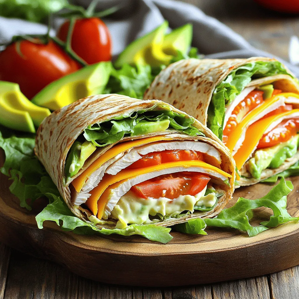 - 4 whole wheat tortillas - 8 ounces turkey breast, thinly sliced - 4 slices of sharp cheddar cheese - 1 ripe avocado, thinly sliced - 1 large tomato, thinly sliced - 4 crisp leaves of romaine lettuce - 1/4 cup mayonnaise - 1 tablespoon Dijon mustard - 1 tablespoon freshly squeezed lemon juice - Salt and freshly ground black pepper, to taste - Optional: Sliced jalapeños for an added spicy kick The California Turkey Club Wrap is a perfect meal. It combines great flavors and textures. The main ingredients make this wrap filling and tasty. Whole wheat tortillas give a nice base. Turkey breast provides lean protein. Sharp cheddar cheese adds a rich taste. Avocado offers creaminess, while tomato and romaine lettuce bring freshness. For extra flavor, the condiments and seasonings are key. Mayonnaise and Dijon mustard mix well for a zesty spread. A little lemon juice brightens the taste. Salt and pepper enhance the overall flavor. If you love spice, add sliced jalapeños for a kick. Using these fresh ingredients, you can create a healthy and satisfying meal. Check out the Full Recipe for all the details! To start, grab a small mixing bowl. Add the mayonnaise, Dijon mustard, lemon juice, salt, and pepper. Whisk these ingredients together until smooth. This zesty spread adds flavor to your wraps. Once mixed, set it aside for later use. Now, take one whole wheat tortilla. Lay it flat on a clean surface or cutting board. Use a spatula to spread 1 tablespoon of your mayo-Dijon mix in the center. Next, layer 2 ounces of sliced turkey breast over the spread. Make sure to distribute the turkey evenly for balanced flavor. On top of the turkey, place one slice of sharp cheddar cheese. Then, add a few slices of avocado and tomato. These fresh veggies bring creaminess and color. Place one leaf of romaine lettuce on top. If you like a little heat, sprinkle on sliced jalapeños. Now, let’s wrap it up! Fold the left and right sides of the tortilla inward. Tuck in the filling as you do this. Start from the bottom and carefully roll the tortilla upwards. This creates a tight wrap and keeps everything inside. Repeat this process until all your wraps are made. Once your wraps are ready, take a sharp knife and slice each wrap in half diagonally. This makes them look great when served. Arrange the wraps on a large platter with the cut sides facing up. For a nice touch, garnish around them with extra avocado slices and tomato wedges. Serve with crunchy baked sweet potato fries for a fun meal. For the full recipe, check out the details above. To make a great wrap, you want it tight. A loose wrap can lead to spillage. Start by laying your filling in the middle. Fold the sides in first, then roll from the bottom. This helps keep everything inside. You can adjust the amount of turkey, cheese, and veggies. Make it as thick or thin as you like. Feel free to swap out the turkey for chicken or ham. You can even use plant-based proteins like tofu. For cheese, try pepper jack for some heat or Swiss for a milder taste. This way, you can personalize your wrap to fit your taste. Want to add some zing? Try adding spices like paprika or a dash of cayenne. Fresh herbs like cilantro or basil can also give a nice boost. For sides, crunchy baked sweet potato fries work great. Or, serve with a light salad for a fresh touch. These choices make your meal even more enjoyable. You can find the full recipe for this wrap in the prior sections. {{image_4}} You can easily change the California Turkey Club Wrap to fit your needs. - Gluten-free options: Use gluten-free tortillas instead of whole wheat. Many brands offer great choices. Always check for cross-contamination if you have allergies. - Vegetarian alternatives using plant-based proteins: Swap the turkey for grilled tofu or tempeh. You can also use chickpea salad for protein. This gives a fresh twist while keeping the wrap filling. The California Turkey Club Wrap is not just a classic; you can add local flavors. - California-inspired variations: Add fresh sprouts or diced cucumbers for a crunchy bite. You can even include salsa for a zesty touch. These ingredients scream California freshness! - Incorporating seasonal ingredients: In summer, add fresh peaches or nectarines for sweetness. In fall, try roasted squash for a warm, hearty flavor. Seasonal ingredients keep the wrap exciting and delicious! To keep your California Turkey Club Wrap fresh, wrap each one in plastic wrap or foil. This helps prevent air from drying them out. Place the wrapped wraps in an airtight container. This keeps them safe from other smells in the fridge. For best taste, eat them within two days. You can freeze assembled wraps for later. First, wrap each one in plastic wrap. Then, place the wrapped wraps in a freezer bag. Make sure to remove as much air as you can. To thaw, take a wrap out and place it in the fridge overnight. For a quick option, unwrap it and microwave for 30 seconds. This gives you a tasty meal with great texture! For the full recipe, check out the California Turkey Club Wrap. A California Turkey Club Wrap is a tasty and filling meal. It features layers of turkey, cheese, and fresh vegetables, all wrapped in a whole wheat tortilla. The wrap is creamy from the avocado and zesty from the mayo and mustard mix. It’s a fun twist on the classic club sandwich. You can enjoy it for lunch or dinner, and it looks great on a plate. To make the wrap healthier, consider these tips: - Use low-fat mayonnaise or yogurt. - Swap sharp cheddar for a lighter cheese, like mozzarella. - Add more veggies like cucumbers or bell peppers. - Choose a whole grain or spinach tortilla for extra fiber. These changes can lower calories while keeping it full of flavor. Yes, you can prepare this wrap in advance! Here are my tips: - Assemble the wraps but do not cut them yet. - Wrap each one tightly in plastic wrap or foil. - Store them in the fridge for up to 24 hours. - For best taste, add the avocado just before serving to keep it fresh. This makes for easy meal prep and saves time during busy days. The California Turkey Club Wrap is easy to make. You need key ingredients like turkey, cheese, and fresh veggies. We discussed how to create a zesty spread and properly assemble the wrap. You can also swap ingredients to suit your taste. Incorporating some of these tips will help you make the best wraps. Enjoy experimenting with your own flavors and textures. These wraps are fun, delicious, and great for any meal.