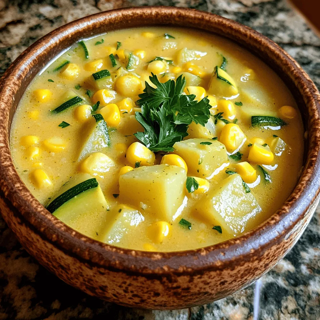 To make a delicious corn and zucchini chowder, gather these fresh ingredients: - 2 cups fresh corn kernels (or substitute with frozen corn) - 2 medium zucchinis, diced into bite-sized pieces - 1 medium onion, finely chopped - 2 cloves garlic, minced - 3 medium potatoes, peeled and diced into cubes - 4 cups vegetable broth (homemade or store-bought) - 1 cup coconut milk (adds a rich creaminess) - 2 tablespoons olive oil - 1 teaspoon thyme (can use dried or fresh) - Salt and black pepper, to taste - Fresh parsley, chopped (for garnish) These ingredients create a hearty and tasty chowder that warms your soul. Fresh corn gives the chowder a bright flavor and crisp texture. If fresh corn is not available, frozen corn works well too. It retains the sweet taste and is easy to use. Just add it straight into the pot without thawing. Both options will make your chowder delicious. Personally, I prefer fresh corn when it’s in season for that extra burst of sweetness. You can easily swap out some ingredients based on what you have. Here are a few ideas: - Use yellow squash instead of zucchini for a different flavor. - Swap coconut milk for heavy cream or almond milk if you prefer. - For a protein boost, add cooked chicken or white beans. - If you don’t have thyme, try oregano or basil for a fresh twist. These substitutions can help you tailor the chowder to your taste or what you have at home. The recipe is flexible, so feel free to get creative! First, gather all your ingredients. You will need fresh corn, zucchini, onion, garlic, potatoes, vegetable broth, coconut milk, olive oil, thyme, salt, and pepper. Start by washing and chopping the vegetables. Dice the zucchini and onion, mince the garlic, and peel and cube the potatoes. This prep helps the cooking go smoothly. To cook the chowder, heat olive oil in a large pot over medium heat. Add the chopped onion first. Sauté it for about 5-7 minutes until it softens. Stir regularly to avoid burning. Next, add the minced garlic. Cook it just for a minute. This step builds a strong base for flavor. Then, add the diced potatoes. Pour in the vegetable broth and bring it to a boil. Once boiling, reduce the heat and let it simmer for about 10 minutes. You want the potatoes to be fork-tender. After that, stir in the corn and zucchini. Pour in the creamy coconut milk and add thyme. Season with salt and pepper. Let it simmer for another 10-15 minutes. The zucchini should be tender but still bright. For a creamier chowder, you can blend part of it. Use an immersion blender to blend a portion of the soup. This gives you a nice mix of smooth and chunky textures. If you don’t have an immersion blender, you can transfer a bit to a regular blender. Just be careful with the hot liquid. Stir the blended soup back into the pot. Taste it and adjust the seasoning if needed. Now, your Corn and Zucchini Chowder is ready to serve! For complete details, check out the Full Recipe. To make your Corn and Zucchini Chowder burst with flavor, I recommend a few simple tricks. Use fresh herbs like thyme or basil. Fresh herbs add a bright taste that dried herbs can't match. Adding a squeeze of lemon juice at the end enhances the flavors and adds freshness. A pinch of smoked paprika can give it a subtle warmth. If you enjoy a little heat, a dash of cayenne pepper can spice things up. One common mistake is overcooking the zucchini. Cook it just until it's tender. This keeps it vibrant and crunchy. Another mistake is not seasoning well. Taste as you cook and adjust the salt and pepper. Also, don’t skip blending part of the chowder. Blending adds a creamy texture. However, leave some chunks for a hearty feel. Lastly, use low-sodium broth if you’re watching your salt intake. Serve your chowder hot in warm bowls. Garnish with fresh parsley for color and taste. You can also drizzle a bit of coconut milk on top for extra creaminess. Pair it with crusty bread for a satisfying meal. A simple side salad can add freshness. If you want a fun twist, serve it in hollowed-out bread bowls. This makes for a great presentation and a tasty treat. For the full recipe, check out the [Full Recipe]. {{image_4}} You can easily make this chowder vegetarian or vegan. To do this, simply use vegetable broth instead of chicken broth. You already have coconut milk in the recipe. It adds a creamy texture without dairy. If you want more flavor, add nutritional yeast. This ingredient gives a cheesy taste without the cheese. If you want more protein, chicken, bacon, or tofu are great options. For chicken, use rotisserie chicken for ease. Just shred it and add it to the chowder while it simmers. Bacon adds a smoky flavor. Cook it first, then crumble it in before serving. If you prefer tofu, use firm tofu and sauté it until golden. It absorbs flavors well and adds a nice texture. You can make this chowder your own by adding spices. If you like heat, add red pepper flakes or diced jalapeños. For a more savory taste, try smoked paprika or cumin. Fresh herbs like basil or cilantro can also brighten the flavor. Experiment with these options to find your perfect combination. Each twist makes your chowder unique and exciting. For more ideas, check out the Full Recipe to discover how to make the most of this dish! To store leftover chowder, let it cool first. Use an airtight container for best results. Make sure to seal it tightly. Place it in the fridge. It will stay fresh for up to three days. When you are ready to eat, reheat the chowder on the stove. Use low to medium heat. Stir it often to prevent burning. If it is too thick, add a splash of vegetable broth or water. This keeps the texture creamy. You can also use a microwave. Heat in short bursts, stirring in between. You can freeze corn and zucchini chowder for future meals. First, cool it completely. Then, pour it into freezer-safe bags or containers. Leave some space at the top as it may expand. Label the bags with the date. It will keep for up to three months. When ready, thaw it in the fridge overnight before reheating. For best results, do not freeze garnishes like parsley. Enjoy a warm bowl of chowder anytime! For the full experience, try the Full Recipe. Yes, you can make this chowder ahead of time. It keeps well in the fridge for about three days. Just store it in an airtight container. When you are ready to eat, reheat it on the stove over low heat. Stir it often to keep it from sticking. If it seems too thick, add a bit of broth or water. This will help bring back its creamy texture. This chowder pairs well with many sides. Here are some ideas: - Crusty bread for dipping - A fresh side salad with greens - Grilled cheese sandwiches for a cozy touch - Cornbread for a sweet twist These options add flavor and texture to your meal. To make sure your chowder is creamy, use coconut milk. It adds richness and smoothness to the dish. Another tip is to blend a part of the chowder. Use an immersion blender to puree some of it. This creates a nice texture while keeping some chunky bits. Lastly, avoid cooking it too long after adding the coconut milk. This keeps it creamy and prevents separation. Corn and zucchini chowder is easy and fun to make. We covered all the ingredients, like fresh corn or substitutes. You learned how to prep, cook, and blend the chowder just right. With tips to boost flavor and avoid mistakes, you can serve it perfectly. Remember, you can customize it with proteins or spices. Lastly, proper storage and reheating keep your chowder tasty. Enjoy your chowder adventure!