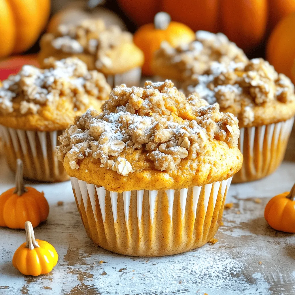 When making pumpkin streusel muffins, you need some core ingredients. These give your muffins a tasty base. - 1 cup all-purpose flour - 1 cup whole wheat flour - 1 cup canned pumpkin puree Next, sweeteners and fats add flavor and moisture to your muffins. - 1/2 cup light brown sugar, packed - 1/2 cup granulated sugar - 1/2 cup vegetable oil To make your muffins extra special, flavorings and toppings come into play. - Ground spices: cinnamon, nutmeg, ginger - Streusel topping ingredients: rolled oats, butter These ingredients combine to create a warm, spiced treat. You can find the full recipe to get started on these delicious muffins. Enjoy the process of baking! Prepping Your Kitchen Start by preheating your oven to 350°F (175°C). This ensures your muffins bake evenly. Next, prepare your muffin tin. You can use paper liners or lightly grease each cup with butter or oil. This step keeps the muffins from sticking. Mixing Dry Ingredients In a large bowl, combine your flours, baking powder, baking soda, cinnamon, nutmeg, ginger, and salt. Whisk these dry ingredients together until they mix well. This helps the leavening agents to work properly. Preparing Wet Ingredients In another bowl, mix the pumpkin puree, vegetable oil, granulated sugar, light brown sugar, milk, and eggs. Whisk until the mixture is smooth. This combination adds flavor and moisture to your muffins. Now, gently fold the dry ingredients into the wet ingredients. Use a rubber spatula for this. Be careful not to overmix. Overmixing can make your muffins tough, while a gentle stir keeps them light and fluffy. Making the Streusel Topping For the streusel, combine rolled oats, all-purpose flour, light brown sugar, and cinnamon in a small bowl. Add the cold diced butter. Use your fingers or a fork to mix until it looks like coarse crumbs. This topping adds a crunchy texture that complements the muffins. Assembling and Baking Spoon the muffin batter into the prepared muffin tin. Fill each cup about two-thirds full. This allows room for the muffins to rise. Generously sprinkle the streusel topping over the batter in each cup. Bake your muffins for 20-25 minutes. They are done when a toothpick inserted in the center comes out clean. The tops should look golden and spring back when touched. Cooling and Serving After baking, let the muffins cool in the pan for about 5 minutes. Then, transfer them to a wire rack to cool completely. For serving, arrange the muffins on a platter. A light dusting of powdered sugar adds a nice touch. Pair them with mini pumpkins for a festive look. For the full recipe, check out the detailed instructions above! To make light and fluffy muffins, avoid overmixing. When you combine wet and dry ingredients, mix just until they blend. If you mix too much, the muffins can turn tough. Using fresh ingredients is also key. Fresh flour and spices give better flavor and texture. You can boost the flavor of your muffins with add-ins. Nuts, like walnuts or pecans, add a nice crunch. Chocolate chips can make them sweet and fun! Adjust the spices to your liking too. If you love cinnamon, feel free to add more. You can also try other spices for a unique taste. To check if your muffins are done, use a toothpick. Stick it in the center of a muffin. If it comes out clean, they are ready! Keep in mind that different ovens may bake at different speeds. You might need to adjust the time by a few minutes. Always keep an eye on them while baking. For the full recipe, you can refer to the complete guide above. {{image_4}} You can easily make these muffins gluten-free. Just use a gluten-free flour blend instead of regular flour. Most blends work well in baking. Look for blends that contain xanthan gum for the best texture. This change keeps the muffins soft and fluffy. If you want a vegan version, replace the eggs with flaxseed meal. Mix one tablespoon of flaxseed meal with three tablespoons of water. Let it sit for about five minutes to thicken. This mixture works great as an egg substitute. Also, use plant-based milk and oil. Almond milk or coconut milk are excellent choices. They add flavor without dairy. You can customize your muffins with different flavors. Add dried cranberries or chocolate chips for a sweet twist. These ingredients add texture and taste. You can also mix in spices like allspice or cloves for an extra kick. Feel free to experiment and find your favorite combination. For the complete recipe, check out the [Full Recipe]. After baking, let your pumpkin streusel muffins cool. Place them in an airtight container. This keeps them fresh. You can store them at room temperature for up to three days. If it's hot or humid, the fridge may help. However, refrigeration can dry them out. Want to enjoy them later? You can freeze your muffins! Wrap each muffin in plastic wrap. Then, place them in a freezer bag. They can last up to three months in the freezer. When you're ready to eat, take out a muffin. Let it thaw in the fridge overnight for best results. To bring back their warmth, use an oven or microwave. If using the oven, preheat it to 350°F (175°C). Place the muffin on a baking sheet for about 10 minutes. If you use a microwave, heat for about 15-20 seconds. This way, your muffins stay moist and tasty. Enjoy your pumpkin streusel muffins warm! For the full recipe, check out the earlier section! To stop muffins from sticking, use paper liners. You can also grease each cup with butter or oil. This step is key for easy removal. Greasing helps create a barrier between the muffin and the pan. Always make sure to coat the sides and bottom well. Yes, you can use fresh pumpkin. To make fresh pumpkin puree, cook and blend the pumpkin flesh until smooth. Use about 1 cup of fresh puree in place of canned. Be sure to drain any excess water from fresh pumpkin to keep your muffins from getting soggy. When stored in an airtight container, these muffins last up to 3 days at room temperature. For longer storage, place them in the fridge for up to a week. You can also freeze them for up to 3 months. Just remember to wrap them tightly to keep them fresh. Pumpkin muffins pair well with many tasty options. Try serving them with butter or cream cheese for breakfast. They also go great with a cup of coffee or tea. For a snack, enjoy them with a side of fruit or yogurt for a balanced treat. Yes, it is normal for muffins to dome. A good muffin should rise and form a nice dome on top. This means the batter has risen well and baked properly. The dome shows that the leavening agents worked to create a light, airy texture. In this blog post, we explored the core ingredients for delicious pumpkin streusel muffins. You learned how to mix dry and wet ingredients effectively. We discussed tips for achieving the perfect texture and shared variations for gluten-free and vegan options. Baking these muffins is easy and rewarding. With fresh ingredients and care, you create delightful snacks. Enjoy sharing them with friends or savoring them yourself. Happy baking!