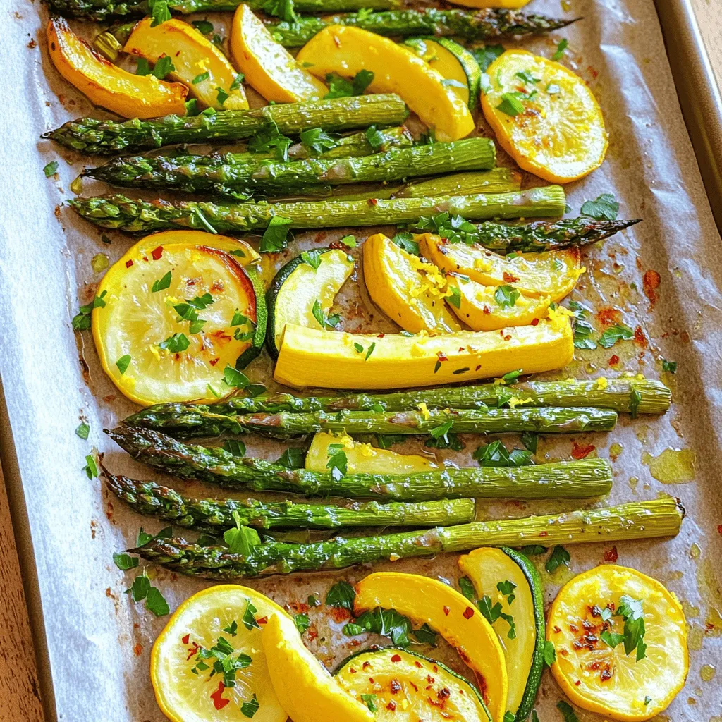 - 1 bunch of fresh asparagus, trimmed and cut into 2-inch pieces - 2 medium zucchinis, sliced into half-moons - 2 medium yellow squashes, sliced into half-moons - 3 cloves garlic, minced - 3 tablespoons extra virgin olive oil - 1 teaspoon fresh lemon zest - 2 tablespoons freshly squeezed lemon juice - Salt and freshly cracked black pepper, to taste - 1/4 teaspoon red pepper flakes (optional) - 1/4 cup grated Parmesan cheese (optional) - Fresh parsley or basil for garnish I love using fresh ingredients for this dish. Asparagus brings a nice crunch. Zucchini and squash add sweetness and color. Garlic enhances the flavor, making it fragrant and delicious. Olive oil helps the veggies roast perfectly. A hint of lemon zest and juice brightens the dish. Salt and pepper balance everything out. If you want a kick, add red pepper flakes. For a rich finish, sprinkle Parmesan cheese on top. Fresh herbs like parsley or basil make it pretty and fresh. You can find the complete recipe in the Full Recipe section. Happy cooking! Set your oven to 425°F (220°C). This high heat will help the veggies roast well. In a big bowl, mix your asparagus, zucchini, and squash. Drizzle three tablespoons of olive oil over the veggies. Add minced garlic, lemon zest, and lemon juice. Don’t forget to sprinkle in salt, pepper, and red pepper flakes if you want some heat. Use your hands or a spatula to toss everything. Make sure each piece is well coated. Line a baking sheet with parchment paper. Spread the seasoned vegetables evenly in a single layer. This step is key; even distribution helps them roast nicely. Put the baking sheet in the oven. Roast for about 15-20 minutes. Halfway through, toss the veggies again. Look for tender asparagus and nicely caramelized zucchini and squash. If you want a cheesy flavor, add grated Parmesan cheese during the last 5 minutes of roasting. It will melt into a savory topping that adds richness. Take the baking sheet out of the oven when done. Transfer your roasted vegetables to a serving dish. Sprinkle with fresh parsley or basil for a bright touch. This adds color and freshness to your dish. For the full recipe, check out the details we provided earlier. To make your dish stand out, use fresh herbs and spices. I love using basil or parsley for bright flavor. You can also add thyme or rosemary for a warm touch. Try mixing them into the dish before roasting. This adds layers of taste that elevate the vegetables. A dash of lemon juice before serving gives it a nice zing. Cooking time varies based on the size of your veggies. If you cut your zucchini and squash thicker, they need more time. Asparagus cooks quickly, so keep an eye on it. I suggest roasting for 15-20 minutes. Check them halfway through to see if they need a toss. This helps them cook evenly and get that nice caramelized look. Fresh veggies always taste best, but frozen can work too. Fresh asparagus, zucchini, and squash offer great texture and flavor. They also have more nutrients. If you choose frozen, thaw and drain them first. This helps avoid excess moisture. For the best results, stick with fresh when you can. For the full recipe, you can explore the steps in the complete guide. {{image_4}} You can add more veggies for extra flavor. Consider using bell peppers, carrots, or cherry tomatoes. These vegetables bring color and taste to the dish. For a crunchier texture, add some snap peas or green beans. Just remember to cut them to a similar size for even cooking. This dish is easy to make vegan and gluten-free. For a vegan option, skip the Parmesan cheese or use a plant-based cheese. You can also add nuts, like sliced almonds or walnuts, for extra protein. To ensure it's gluten-free, just check that all ingredients are labeled gluten-free. You can grill or roast these veggies. Grilling gives a smoky flavor and nice char marks. To grill, toss the veggies in oil and seasonings, then place them on a hot grill for about 10-15 minutes. Stir them halfway through for even cooking. Roasting, on the other hand, caramelizes the sugars in the vegetables, making them sweet and tender. Both methods result in a tasty dish! For more details, check the Full Recipe. To store leftovers, let the dish cool first. Place it in an airtight container. Store it in the fridge for up to 3 days. When you want to eat it again, check for any off smells. You can freeze this dish for up to 2 months. Spread the cooled vegetables on a baking sheet. Freeze them until solid, then transfer to a freezer bag. When you're ready to eat, thaw overnight in the fridge. Reheat in the oven for the best taste. For reheating, use your oven. Preheat it to 350°F (175°C). Place the vegetables on a baking sheet. Heat for about 10-15 minutes. This keeps them tasty and crisp. You can also microwave them, but the oven gives better results. Enjoy every bite of your flavorful asparagus with zucchini and squash! For the full recipe, check out the main article. To make this dish, follow these steps: 1. Preheat the Oven: Set your oven to 425°F (220°C). 2. Prepare the Vegetables: Take fresh asparagus, zucchinis, and yellow squashes. Cut them as needed. 3. Season the Vegetables: In a bowl, mix the vegetables with olive oil, garlic, lemon zest, and lemon juice. Add salt, pepper, and red pepper flakes if you want some heat. 4. Arrange for Roasting: Spread the mixture on a baking sheet lined with parchment paper. 5. Roast the Vegetables: Bake for 15-20 minutes, stirring halfway. Look for tender asparagus and golden zucchinis. 6. Add Cheese (Optional): In the last five minutes, sprinkle grated Parmesan cheese on top. 7. Garnish and Serve: Once done, garnish with fresh parsley or basil and serve warm. Yes, spice lovers can enhance this dish easily. Here are some ideas: - Paprika: Adds a smoky flavor. - Cumin: Provides warmth and depth. - Thyme: Offers an earthy taste. - Cilantro: Adds freshness. Feel free to adjust the spices to your taste! This vegetable medley pairs well with various proteins. Here are some great options: - Grilled chicken: A lean choice that complements the veggies. - Salmon: The rich flavor of salmon pairs nicely. - Tofu: A great plant-based protein for a vegan option. - Shrimp: Adds a seafood touch that’s delicious. You can tell when the vegetables are ready by these signs: - Tenderness: The asparagus should be soft but not mushy. - Color: Look for a nice golden-brown color on the zucchinis and squashes. - Taste Test: Sampling a piece will tell you if they need more time. Using these tips, you can enjoy a perfect dish. For the full recipe, check out the Flavorful Asparagus Delight with Zucchini & Squash. This blog post covered how to make a tasty dish using fresh vegetables like asparagus, zucchini, and yellow squash. We discussed each step, from preparing the ingredients to roasting them perfectly. You learned tips for enhancing flavor and variations you can try. Finally, we explored storage info to keep your leftovers fresh. Enjoy making this dish and feel free to experiment with your favorite veggies!