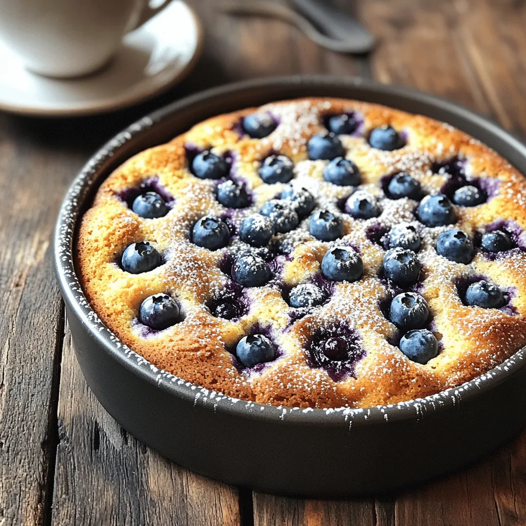 For the Blueberry Sour Cream Coffee Cake, you will need: - 2 cups all-purpose flour - 1 cup granulated sugar - 1/2 cup unsalted butter, softened - 1 cup sour cream - 3 large eggs - 1 teaspoon pure vanilla extract - 1 teaspoon baking powder - 1/2 teaspoon baking soda - 1/2 teaspoon sea salt - 2 cups fresh blueberries - 1 teaspoon ground cinnamon - 1 tablespoon fresh lemon zest Each ingredient serves a key role. The flour forms the base and gives structure. Sugar adds sweetness and moisture. Butter provides richness and flavor. Sour cream keeps the cake moist and tender. Eggs help bind the ingredients and give lift. Baking powder and baking soda create the rise. Salt enhances flavors, while blueberries bring freshness. Cinnamon and lemon zest add warm, bright notes. You can get creative with toppings or mix-ins. Here are a few ideas: - A handful of chopped nuts for crunch - A sprinkle of oats for texture - A layer of streusel on top for added sweetness If you need alternatives, try these: - For a gluten-free option, use a gluten-free flour blend. - Greek yogurt can replace sour cream and add a tangy taste. - If you want less sugar, use a sugar substitute or reduce the amount. Feel free to make this cake your own with these options! For the full recipe, check the earlier section. Start by prepping your baking pan. Grease a 9-inch round cake pan or a 9x13-inch dish. For an easy release, line the bottom with parchment paper. Next, preheat your oven to 350°F (175°C). This will ensure the cake bakes evenly. Now, let’s cream the butter and sugar. In a large bowl, mix the softened butter and sugar together. Use a hand mixer or stand mixer. Beat until the mixture is light and fluffy. This should take about 3-4 minutes. Remember to scrape down the sides of the bowl. This helps blend all ingredients well. Next, we’ll mix the batter. In a separate bowl, sift together the flour, baking powder, baking soda, and sea salt. This aerates the flour, making the cake light. Now, add the dry mix to the butter-sugar mix. Alternate adding the sour cream with the dry ingredients. Start and end with the dry mix. Mix until just combined. Be careful not to over mix; this keeps the cake tender. Now, gently fold in the blueberries. This step is key! Use a spatula to carefully mix them in. You don’t want to crush them. Keeping them whole preserves their flavor. Let’s layer the batter. Pour half of the batter into the greased pan. Sprinkle half the cinnamon-sugar mix on top. Pour the remaining batter over this layer. Finish with the rest of the cinnamon-sugar topping for added sweetness. Bake in your preheated oven for 35-40 minutes. To check for doneness, insert a toothpick into the center. If it comes out clean, your cake is ready. After baking, let the cake cool in the pan for about 10 minutes. Then, carefully transfer it to a wire rack to cool completely. This helps it stay moist and fluffy. To keep your cake moist, always measure your flour correctly. Use the spoon-and-level method. This means you spoon the flour into a measuring cup and then level it off with a knife. Avoid packing it down. Another key tip is to mix your batter just until combined. Overmixing can make the cake dense. Gently fold in the blueberries to keep them whole. This adds nice bursts of flavor. For even baking, place your cake in the center of the oven. Avoid opening the door too often, as this can change the temperature. Pair your Blueberry Sour Cream Coffee Cake with a warm cup of coffee or tea. The soft blueberries and rich sour cream balance perfectly with a hot drink. To garnish the cake, dust it with powdered sugar before serving. This adds a nice touch. You can also add a few fresh blueberries on top for color and taste. Enjoying the cake with whipped cream can elevate the experience as well. For the full recipe, check out the Blueberry Bliss Sour Cream Coffee Cake. {{image_4}} You can have fun with this blueberry sour cream coffee cake by mixing up the flavors. Try using other fruits like raspberries or strawberries. These fruits add their unique taste and can change the cake's color. You can also add nuts like walnuts or pecans. Chocolate chips can be a sweet addition, too. These changes keep the recipe exciting, and you can create your favorite version. If you follow a vegan diet, you can still enjoy this cake. Replace the eggs with flaxseed meal or applesauce. Use plant-based butter and soy or coconut yogurt instead of sour cream. For those watching sugar, you can use a low-sugar sweetener like stevia. You can also make it keto-friendly by swapping regular flour for almond flour. These options let everyone enjoy this tasty treat without worry. For the complete recipe, check out the Full Recipe. To keep your Blueberry Sour Cream Coffee Cake fresh, wrap it tightly. Use plastic wrap or aluminum foil. A good container can help too. An airtight container works best. Store the cake at room temperature for up to three days. You can also store it in the fridge to keep it longer. Just remember that refrigeration can dry it out a bit. If you want to keep it fresh, I suggest adding a slice of bread in the container. The bread helps to keep the cake moist. Freezing the cake is easy. First, let it cool completely. Then wrap it securely in plastic wrap. You can also use aluminum foil for extra protection. Place it in a freezer-safe bag or container. This will help prevent freezer burn. The cake can stay good for about three months in the freezer. When you are ready to eat it, thaw it overnight in the fridge. For a quicker method, leave it at room temperature for a few hours. Enjoy your cake at its best! How can I make my cake fluffier? To make your cake fluffier, use room temperature ingredients. This helps them mix better. Whip the butter and sugar well. This adds air and makes the cake light. You can also use baking powder and baking soda correctly for lift. Can I use frozen blueberries? Yes, you can use frozen blueberries. Just make sure to thaw them first. Drain any extra moisture to avoid a soggy cake. This keeps the cake from getting too wet. What to do if my cake sinks in the middle? If your cake sinks, it may be undercooked. Always check with a toothpick. If it comes out wet, bake longer. Also, avoid opening the oven door too soon. This can let out heat and cause sinking. Why is my cake too dense? A dense cake can happen for a few reasons. Overmixing the batter can lead to this. Make sure to mix just until combined. Another cause could be too much flour. Always measure accurately for the best results. Can I use Greek yogurt instead of sour cream? Yes, Greek yogurt works well as a sour cream substitute. It gives a similar tang and moisture. Use the same amount as the recipe calls for. What can I substitute for eggs in this recipe? You can use applesauce or mashed banana as an egg substitute. Use 1/4 cup for each egg. This keeps the cake moist and adds a bit of natural sweetness. In this article, we explored how to make a delicious Blueberry Sour Cream Coffee Cake. We discussed essential ingredients, their roles, and optional toppings. You learned step-by-step instructions for preparation, mixing, and baking. We also shared baking tips and serving suggestions to enhance your experience. Additionally, we looked at flavor variations and storage methods. Remember, baking should be fun and creative. Use these tips to make your cake uniquely yours! Enjoy every bite.