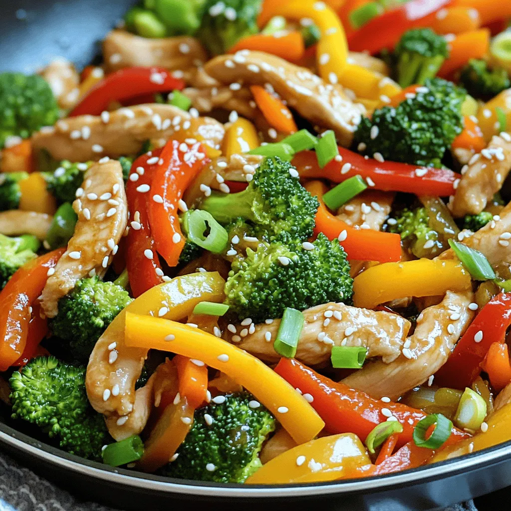 - 2 boneless, skinless chicken breasts, thinly sliced - 1 red bell pepper, sliced into strips - 1 yellow bell pepper, sliced into strips - 1 cup fresh broccoli florets - 1 large carrot, julienned Chicken breasts are the star of this dish. They cook quickly and soak up flavors well. I like using fresh veggies like bell peppers, broccoli, and carrots. They add color and crunch. - 3 tablespoons low-sodium soy sauce - 1 tablespoon honey - 1 tablespoon rice vinegar This sauce gives the stir fry a balanced taste. Soy sauce adds saltiness. Honey adds sweetness, while rice vinegar brings a touch of tang. - 2 green onions, thinly sliced - A sprinkle of sesame seeds Garnishes make your dish pop. Green onions add a fresh bite, and sesame seeds give a nice crunch. For the full recipe, check out the Zesty Chicken Stir-Fry Delight. First, gather your chicken. I use two boneless, skinless chicken breasts, sliced thin. For marinating, I drizzle one tablespoon of sesame oil over the chicken. Then, I season it lightly with salt and pepper. Mixing well is key. Let it marinate for about 10 minutes. This helps the chicken absorb the flavors, making it more tasty. Next, heat a large skillet or wok over medium-high heat. The skillet needs to be hot before adding the chicken. Once ready, add the marinated chicken. Stir-fry it for about 5 to 7 minutes. Look for a golden brown color and make sure it's fully cooked. The chicken should not be pink inside. Once done, take it out and set it aside on a plate. In the same skillet, pour in the remaining tablespoon of sesame oil. Add minced garlic and freshly grated ginger. Sauté these for about 30 seconds. You want them fragrant but not burnt. Then, toss in the sliced red and yellow bell peppers, fresh broccoli florets, and julienned carrot. Stir-fry these veggies for 3 to 4 minutes. They should be tender but still a bit crisp. This keeps the flavor and texture vibrant. Follow these steps for a delicious Easy Chicken Stir Fry. For a detailed guide, check out the Full Recipe. For stir-frying, use high heat. A wok or large skillet works best. This method cooks food quickly while keeping it tender. When adding chicken, spread it out in a single layer. This helps it brown evenly. To keep your veggies crisp, add them last. Stir-fry for just a few minutes. This keeps them colorful and crunchy. Always keep an eye on your cooking time. For extra flavor, try adding a splash of lime juice or a pinch of red pepper flakes. You can also mix in some chopped herbs, like cilantro or basil, before serving. When choosing sauces, think about what you enjoy. Teriyaki sauce adds sweetness, while oyster sauce gives a savory depth. You can mix and match to find your perfect blend. One mistake is overcooking the chicken. Cook until it is golden brown and no longer pink inside. This keeps it juicy. Another pitfall is adding all ingredients at once. Start with chicken, then veggies. This way, each component cooks properly. If you rush, you may end up with soggy stir-fry. {{image_4}} If you want to change up your protein, try tofu or shrimp. Tofu works well for a vegetarian option. Use firm tofu for the best texture. Just press it to remove excess water and cut it into cubes. For shrimp, choose raw shrimp and cook until they turn pink. Both options cook quickly and soak up flavor. You can mix and match vegetables based on what you like or what’s in season. Try snap peas for a sweet crunch or zucchini for a mild taste. Carrots and bell peppers add color, but feel free to use any veggies you enjoy. Broccoli and asparagus also work well. The key is to keep them crisp and vibrant. For a different taste, change the sauce. Add chili paste for some heat, or use lime juice for a tangy flavor. You can also try teriyaki sauce if you want something sweeter. Mixing in sesame oil can enhance the nutty taste. Experiment with sauces to find your favorite combination. For the full recipe, check out the Full Recipe section. To store your Easy Chicken Stir Fry, let it cool first. Place leftovers in an airtight container. This keeps the dish fresh for up to three days. Make sure to label the container with the date. When reheating, ensure the stir fry reaches a safe temperature of 165°F. If you want to freeze your stir fry, it's best to do this right away. Portion it into smaller containers. This way, you can thaw only what you need. Make sure to use freezer-safe containers to avoid freezer burn. Your stir fry can last in the freezer for up to three months. When you're ready to enjoy your frozen Easy Chicken Stir Fry, thaw it overnight in the fridge. Reheat in a skillet over medium heat. Stir frequently to keep the texture nice. You can also use the microwave, but be careful not to overheat. This helps maintain the crunch of the veggies and keeps the chicken juicy. To make chicken stir fry quickly, prep your ingredients first. Slice the chicken and chop the veggies in advance. This saves time while cooking. Use high heat for a faster cook. A hot skillet cooks chicken and vegetables evenly. Stir them often to avoid burning. Keep your sauce ready to pour in. This way, you finish cooking in about 25 minutes. Yes, you can use frozen vegetables. They are convenient and save prep time. Frozen veggies can be just as nutritious as fresh ones. However, they may lose some texture during cooking. Make sure to thaw them before use. If you add them directly, your stir fry might turn soggy. Overall, frozen vegetables can work well if used properly. Chicken stir fry pairs well with many sides. You can serve it with steamed rice or quinoa. These grains soak up the sauce nicely. Noodles are also a great choice. For a lighter option, try serving it with a fresh salad. You can add some crispy spring rolls for extra crunch. These sides enhance the meal and add variety. Absolutely! This chicken stir fry recipe is very customizable. You can swap chicken for tofu or shrimp. Change the vegetables based on what you like. Try adding snap peas, mushrooms, or bok choy. Adjust the sauce too. If you like it spicy, add chili flakes or sriracha. Personalizing your stir fry makes it fun and unique. For the full recipe, check the earlier section. This chicken stir fry is simple and fun to make. You learned about key ingredients, cooking methods, and tips for the best flavor. With the right mix of chicken, veggies, and sauce, you can create a delicious dish every time. Remember, you can adjust the recipe to suit your taste. Following these steps will help you avoid common mistakes and enjoy a great meal. Embrace your creativity, and have fun with it! Happy cooking!