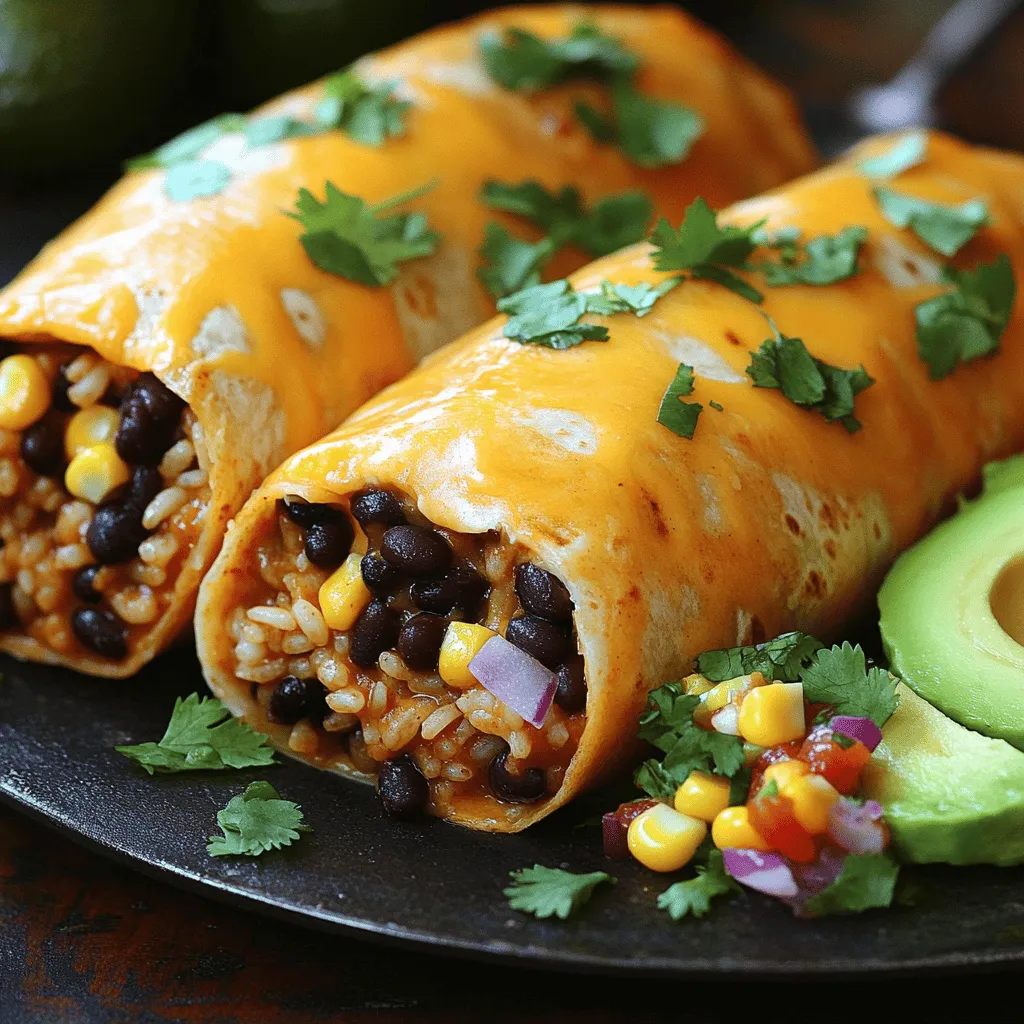 - 1 cup cooked rice - 1 can black beans, rinsed and drained - 1 cup shredded cheddar cheese - 1/2 cup corn kernels - 1 small red onion, diced - 2 cloves garlic, minced - Ground spices: cumin and chili powder - Fresh cilantro, avocado, salsa, salt, and pepper To make Cheesy Bean and Rice Burritos, you need simple, fresh ingredients. The rice adds bulk, while black beans provide protein. Cheddar cheese brings a rich flavor and melty goodness. Corn adds sweetness and texture. Diced red onion and minced garlic give the filling a kick. Cumin and chili powder spice things up, making the burritos really tasty. Make sure to rinse the black beans well. This helps remove extra sodium. Fresh cilantro, avocado, and salsa are great for serving. They add freshness and flavor to each bite. Now that you know what you need, gather these ingredients to create a fantastic meal! Check the Full Recipe for more details on cooking and assembling these delicious burritos. 1. Start by heating a large skillet over medium heat. Pour in a small amount of olive oil. 2. Add the finely diced red onion and minced garlic. Sauté them for about 3-4 minutes. 3. You want the onion to be soft and clear. The garlic should smell great. 4. Next, stir in the cooked rice, black beans, and corn. 5. Sprinkle in the ground cumin and chili powder. Season generously with salt and pepper. 6. Cook everything for about 5 minutes. This helps all the flavors mix well. 1. Lay out each flour tortilla on a flat surface. This makes filling them easier. 2. Spoon a generous portion of the rice and bean mixture into the center of each tortilla. 3. Don’t forget the cheese! Sprinkle half of the shredded cheese over the filling. 4. Fold the edges of the tortilla inward. Then roll it up tightly from the bottom. 5. Make sure to tuck in the filling as you roll. This keeps everything inside. 1. Preheat a non-stick skillet or griddle over medium heat. 2. Place each burrito seam-side down in the skillet. 3. Cook for 2-3 minutes on each side. You want them golden brown and crispy. 4. This step melts the cheese inside and makes the burrito nice and warm. 5. Once done, take them out and let them cool for about a minute before slicing. For the full recipe with all the details, check out the [Full Recipe]. Choosing the right tortilla is key. I recommend large flour tortillas. They are soft and easy to roll. Corn tortillas work too, but they may crack. Heat the tortillas briefly in a dry skillet. This makes them more pliable and less likely to tear. To ensure the perfect cheese melt, use a good quality cheddar or a blend. Shred the cheese yourself for the best melt. Preheating the skillet also helps. Cook the burritos seam-side down first. This seals them and keeps the filling inside. To add more flavor, try spices or hot sauce. A pinch of smoked paprika adds depth. If you like heat, add cayenne pepper or your favorite hot sauce. Mix these into the filling for a spicy kick. Don't hesitate to adjust the ingredients for your taste. Swap black beans for pinto beans if you prefer. You can add diced peppers or jalapeños for extra crunch. Also, consider using brown rice for a nuttier flavor. The Full Recipe offers many options to explore! {{image_4}} For a vegetarian version, you can swap cheese for plant-based options. Look for vegan cheese made from nuts or soy. These substitutes melt well and add flavor. You can also use nutritional yeast for a cheesy taste without dairy. To boost the veggie content, add more colorful vegetables. Bell peppers, spinach, or zucchini work great. Just chop them small and sauté them with the onions and garlic. This gives your burritos extra nutrition and flavor. If you want more protein, ground meat or chicken is a tasty option. Cook the meat in the skillet before adding the rice and beans. Season it the same way for great flavor. You can also use leftover proteins. Shredded chicken or beef works well. Just mix it in with the rice, beans, and spices. This way, you can enjoy a hearty meal without wasting food. These simple changes keep your Cheesy Bean and Rice Burritos fresh and exciting. Check out the Full Recipe for more ideas! To keep your Cheesy Bean and Rice Burritos fresh, refrigerate them right away. Place the burritos in an airtight container. This helps prevent them from drying out. If you have extra filling, store it separately. Use glass or plastic containers that close tightly. This keeps your food safe and tasty. When it’s time to enjoy leftovers, you want them warm and tasty. The best method is to use a skillet. Heat it over medium heat. Place your burrito in the skillet. Cook for about 3-4 minutes on each side. This helps keep the outside crispy and the inside warm. If you prefer the microwave, wrap your burrito in a damp paper towel. Heat it for 30-60 seconds. Check if it’s hot enough; if not, heat it for another 30 seconds. This way, it will stay soft and moist. Enjoy your delicious meal again! How do you make sure the burrito doesn’t fall apart? To keep your burrito intact, use large, soft tortillas. When you fill the tortilla, don’t overstuff it. Leave space at the edges to fold in. Tuck the filling in tightly as you roll. This will help hold everything together. Can I freeze Cheesy Bean and Rice Burritos for later use? Yes, you can freeze these burritos. Allow them to cool completely. Wrap each burrito in foil or freezer-safe bags. They can last up to three months in the freezer. Just reheat in the oven or microwave when you're ready to enjoy. How many calories are in a typical burrito? A typical Cheesy Bean and Rice Burrito has about 400 to 500 calories. This depends on the ingredients used and portion sizes. Always check the specific brands for exact numbers. What is the protein content in these burritos? Each burrito contains around 15 to 20 grams of protein. This comes from the black beans and cheese. If you add meat, the protein content will increase. What can I use instead of black beans? You can use pinto beans, kidney beans, or chickpeas. Each of these options adds a different flavor but will still work well in the burrito. Alternatives for cheddar cheese? If you want to swap cheddar cheese, try Monterey Jack or mozzarella. You could also use a dairy-free cheese if you prefer. These options will melt nicely and taste great in your burrito. For the full recipe, check the complete instructions to make these delicious options! This post covered how to make cheesy bean and rice burritos from scratch. You learned about key ingredients, cooking methods, and helpful tips for perfecting your burrito. I shared variations to suit different diets and explained how to store your leftovers. My final thought is simple: making burritos at home is fun and tasty. Explore your creativity, adjust flavors, and enjoy every bite. Happy cooking!