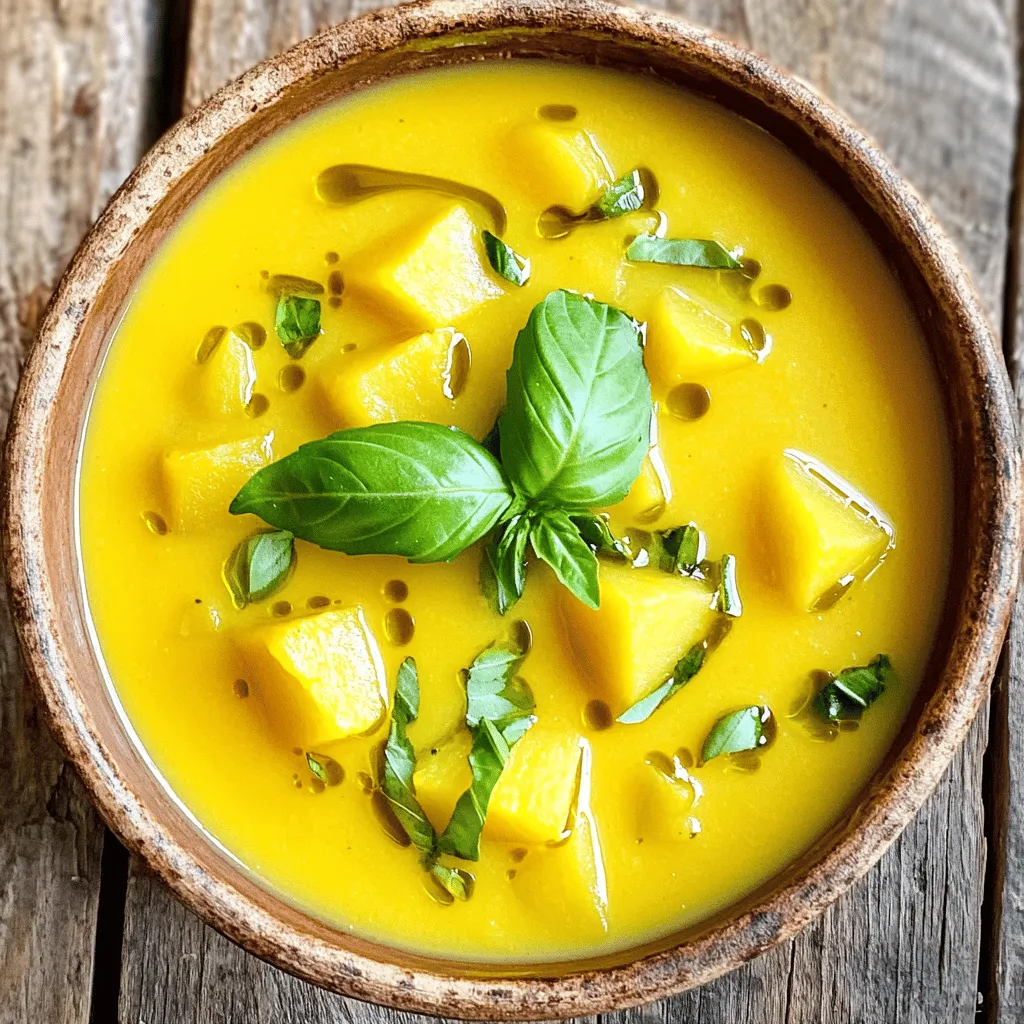 - 3 medium yellow squash, diced into small cubes - 1 large onion, finely chopped - 3 cloves garlic, minced - 2 medium potatoes, peeled and diced - 4 cups vegetable broth (homemade or store-bought) - 1 cup coconut milk (full-fat for creaminess) - 2 tablespoons olive oil (extra virgin for flavor) - 1 teaspoon ground cumin (for warmth) - 1/2 teaspoon turmeric (for color and earthiness) - Salt and freshly ground black pepper to taste - Fresh basil leaves, torn for garnish Each ingredient plays a key role in the creamy yellow squash soup. Yellow squash brings a mild sweetness and a soft texture. Onions add depth, while garlic enhances the aroma. Potatoes thicken the soup, making it hearty. The vegetable broth is the base, adding flavor without overpowering. Coconut milk makes it rich and creamy. Olive oil adds healthy fat, and the spices bring warmth and color. Finally, fresh basil brightens each bowl and adds a lovely touch. For the full recipe, check out the detailed instructions. Enjoy cooking this velvety and nourishing dish! - Heat olive oil and sauté onions. - Add garlic, cumin, and turmeric. - Mix in yellow squash and potatoes. Start by grabbing a large pot. Pour in the olive oil and heat it on medium. Once the oil shimmers, add your chopped onions. Stir them for about five minutes until they turn soft and clear. Next, toss in minced garlic, ground cumin, and turmeric. Stir this mix for one more minute. The spices will fill your kitchen with a warm scent. Now, add the diced yellow squash and potatoes to the pot. Make sure each piece is coated in the oil and spices. This step adds great flavor to your soup. - Pour in vegetable broth and bring to a boil. - Reduce heat and simmer until tender. - Blend soup until creamy. Next, pour in the vegetable broth and raise the heat. Bring this mixture to a boil. Once it bubbles, lower the heat. Cover the pot and let it simmer for about 15 to 20 minutes. This will soften the squash and potatoes. Check them with a fork; they should be tender. After cooking, take the pot off the heat and let it cool for a bit. Use an immersion blender to blend your soup until it is smooth and creamy. If you use a regular blender, blend in small batches. Remember to vent the lid to avoid splatters. - Stir in coconut milk and season. - Garnish and serve. Return the blended soup to low heat. Gently stir in the coconut milk, which adds richness. Taste it and season with salt and fresh black pepper. Warm it for about five minutes, stirring now and then. When ready to serve, ladle the soup into bowls. For a lovely finish, garnish each bowl with torn fresh basil leaves. This adds a pop of color and flavor. Enjoy your creamy yellow squash soup! For the complete details, check out the Full Recipe. To avoid splatters when blending, use an immersion blender. This tool lets you blend right in the pot. If you use a traditional blender, let the soup cool a bit first. Always leave the lid slightly open to vent steam. This keeps hot soup from flying everywhere. When selecting yellow squash, look for ones that are firm and smooth. Avoid squash with soft spots or blemishes. Fresh squash has a bright, vibrant color. It should feel heavy for its size. This means it's full of water and flavor. For the best accompaniments, serve your soup with crusty bread. A side salad with fresh greens also works well. You can add croutons on top for a nice crunch. To make your dish look elegant, swirl some extra coconut milk on top. Add a sprinkle of fresh basil for color. Serve in nice bowls to impress your guests. Consider adding spices like smoked paprika or cayenne for heat. These spices can bring a new depth to your soup. You can also add fresh herbs like thyme or rosemary for extra flavor. For protein, try adding cooked chickpeas or shredded chicken. These options make the soup heartier. You can also stir in some cooked quinoa for a healthy twist. Feel free to explore the Full Recipe for more details on making this dish! {{image_4}} If you want a vegan or dairy-free soup, you can easily adapt this recipe. Just replace the coconut milk with a nut milk, like almond or cashew. Both will give you creaminess without dairy. You can also add a splash of lemon juice for a bit of tang. For gluten-free options, this recipe is already gluten-free! Just be sure to check your vegetable broth label. Some brands may add gluten. A simple check ensures your soup stays safe for gluten-free diets. While yellow squash is delicious, you can use other squashes too. Zucchini or butternut squash work well in this recipe. They add different flavors and textures, keeping your soup fun and fresh. If you don't have coconut milk, try using cashew cream, which is easy to make. Just soak cashews in water, blend them with a bit of water, and use it as a creamy substitute. It will add a nice richness to your soup. Herbs can lift your soup to new heights. Adding fresh thyme or rosemary can change the flavor profile. Just toss them in during cooking for a lovely aroma. You can also incorporate seasonal vegetables. Try adding carrots or bell peppers for sweetness. They not only add flavor but also boost nutrition in your dish. Mixing in seasonal veggies can help you customize this soup for any time of year. For the full recipe, check out the details above and enjoy your cooking adventure! To store your creamy yellow squash soup, place it in an airtight container. Let the soup cool to room temperature before sealing. This helps keep it fresh. You can keep it in the fridge for up to five days. If you want to enjoy it later, store it right after cooking. Freezing your soup is easy. Use a freezer-safe container or heavy-duty freezer bags. Leave some space at the top for expansion. Your soup can last for up to three months in the freezer. When you want to eat it, thaw it overnight in the fridge. To reheat, warm it on the stove over low heat. Stir it often to keep it smooth. Making this soup ahead of time is a great idea. You can cook it on a Sunday and enjoy it all week. Portion it out in single servings for quick lunches or dinners. Just heat it up in a microwave or on the stove. Pair it with some crusty bread for a perfect meal. For the best taste, add fresh basil just before serving. How to thicken creamy yellow squash soup? To thicken your soup, try adding more potatoes. They blend well and add creaminess. You can also use a bit of cornstarch mixed with water. Stir this mixture in while the soup simmers. Keep cooking until it thickens. Can I use other types of squash for this recipe? Yes, you can use other squashes like zucchini or butternut squash. Each will bring a unique flavor. Butternut squash offers a sweeter taste. Zucchini provides a mild flavor and will keep the soup light. Caloric content and macros of the soup This creamy yellow squash soup has about 150 calories per serving. It contains around 5 grams of protein, 7 grams of fat, and 20 grams of carbs. The coconut milk adds healthy fats and creaminess. Health benefits of yellow squash and ingredients used Yellow squash is low in calories and high in vitamins A and C. It promotes skin health and supports your immune system. Garlic adds flavor and has anti-inflammatory properties. The potatoes provide fiber and energy. How many servings does this recipe yield? This recipe yields about 4 servings. It’s perfect for a family meal or a cozy dinner. Tips for scaling the recipe up or down To scale up, simply double the ingredients. For fewer servings, cut the amounts in half. Adjust cooking times slightly if needed. Always taste and adjust seasonings as you go. This blog post covered a delicious yellow squash soup. We explored key ingredients and detailed steps for preparation and cooking. I shared helpful tips for serving and flavor enhancements, along with variations to suit dietary needs. You learned how to store and freeze, plus answers to common questions. With this recipe, you can create a tasty meal that is easy to prepare. Enjoy the warm flavors and share it with friends and family!