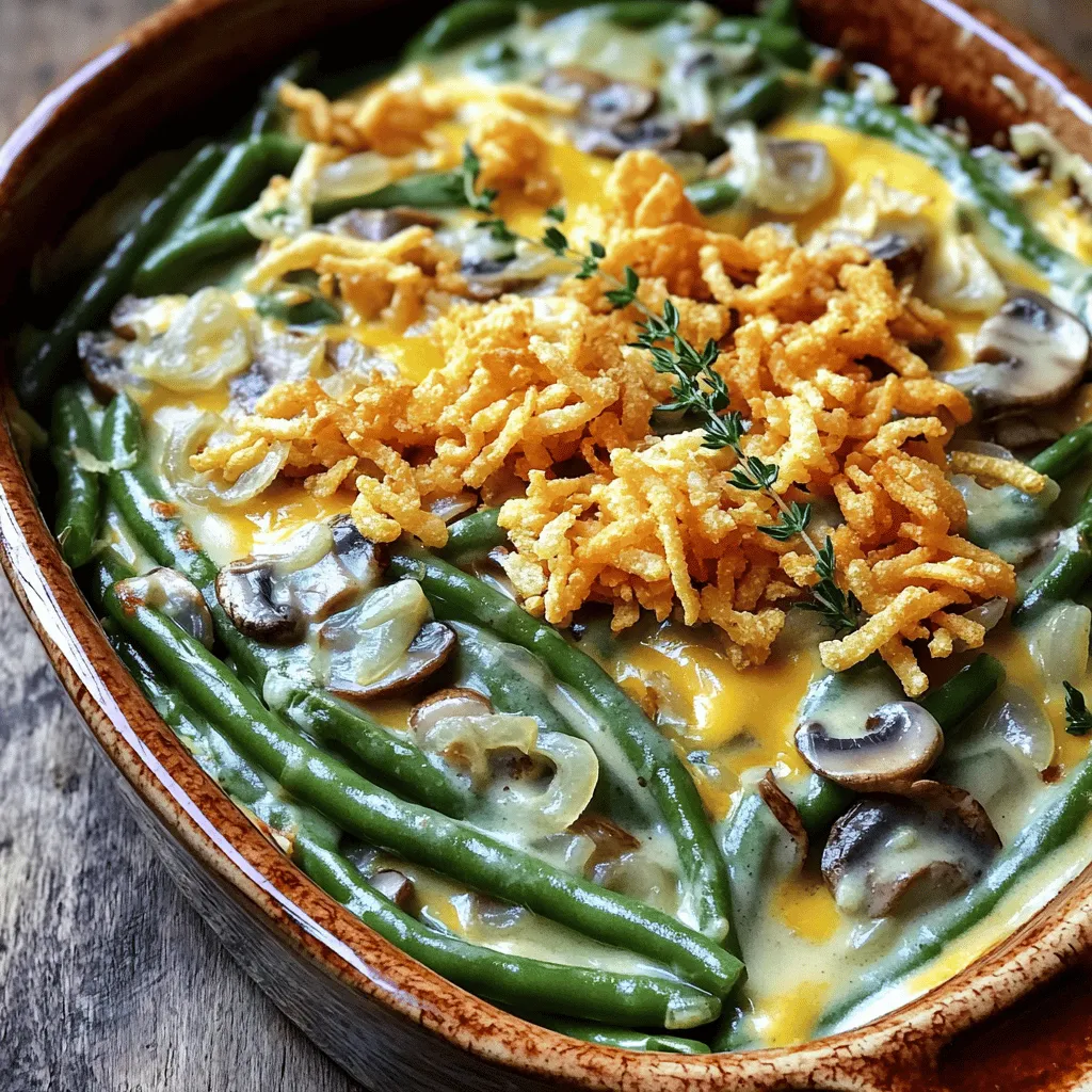 To create the best green bean casserole, you need the right mix of ingredients. Here is what you will need: - Fresh green beans - Sliced mushrooms (button or cremini) - Medium onion, finely chopped - Minced garlic - Heavy cream - Vegetable broth - Soy sauce - Dijon mustard - Dried thyme - Freshly ground black pepper - French fried onions - Shredded cheddar cheese - Salt Each ingredient plays a key role in making this dish rich and savory. The fresh green beans add a crisp texture, while the mushrooms contribute an earthy flavor. Onions and garlic provide a sweet aroma when sautéed. The heavy cream and vegetable broth create a creamy base that ties everything together. Soy sauce and Dijon mustard add depth, and thyme enhances the overall flavor. Don’t forget the French fried onions! They give the casserole a delightful crunch on top. Lastly, the shredded cheddar cheese melts beautifully, making every bite cheesy and comforting. For those interested in trying this dish, you can find the Full Recipe at the end of this article. Enjoy the process of gathering these ingredients and the joy they bring to your table! 1. Preheat your oven and prepare the baking dish. Set your oven to 350°F (175°C). Grab a 9x13-inch baking dish and lightly grease it. This will help your casserole not stick. 2. Blanching green beans. Fill a large pot with water and add a good pinch of salt. Bring it to a rolling boil. Add the green beans and let them cook for about 4-5 minutes. They should turn bright green and be slightly tender. After that, drain them and quickly put them in a bowl of ice water. This stops the cooking. Once cool, drain again and set aside. 3. Sautéing onion and mushrooms. Heat a large skillet over medium heat. Add a drizzle of olive oil. Once hot, add the chopped onion and sliced mushrooms. Cook for about 5 minutes until the onions are soft and clear. Then add the minced garlic and cook for another minute until it smells great. 1. Whisking the creamy sauce. In a mixing bowl, combine the heavy cream, vegetable broth, soy sauce, Dijon mustard, dried thyme, black pepper, and a pinch of salt. Whisk until smooth. This creamy sauce adds richness to your dish. 2. Mixing the green beans with the sauce. In a large bowl, combine the blanched green beans, the sautéed onion and mushroom mix, and the creamy sauce. Gently fold in half of the French fried onions and half of the cheese. Make sure everything is mixed well, so every bite is tasty. 1. Pouring into the baking dish. Transfer the green bean mixture to the greased baking dish. Spread it out evenly. 2. Adding the topping. Sprinkle the remaining cheddar cheese and the rest of the French fried onions on top. This will create a crunchy, cheesy layer. 3. Baking time and temperature. Bake the casserole in the preheated oven for 25-30 minutes. It should be bubbly, and the topping should be golden brown and crispy. When it’s done, let it rest for about 5 minutes before serving. This helps it set and makes it easier to serve. For the complete experience, check the Full Recipe. Enjoy every bite of this savory comfort dish! To make your green bean casserole shine, start with blanching the green beans. Fill a large pot with water and add a good pinch of salt. Bring the water to a rolling boil. Add the green beans for about 4-5 minutes. This softens them just enough. After blanching, use ice water to stop the cooking. This keeps their bright color and crunch. For a perfect crust, bake your casserole at 350°F (175°C). Make sure to layer the French fried onions and cheese on top. This gives you a nice golden crust. Keep an eye on it during the last few minutes. You want it bubbly and crispy. To boost the flavor, think about adding spices like paprika or nutmeg. They add warmth and depth. A little cayenne pepper can bring some heat if you like spice. Using homemade broth instead of store-bought can make a big difference. It tastes fresher and richer. If you have homemade French fried onions, use those for a great crunch. They add a personal touch that store-bought can’t match. When it comes to serving, a warm casserole dish looks great on the table. You can garnish with fresh thyme or parsley. This adds a pop of color and freshness. Try using a rustic baking dish. A ceramic or cast-iron one can make your dish look charming. This small change can impress your guests. For an added touch, serve it with a side of warm bread to soak up all the flavors. {{image_4}} You can easily make this dish fit your needs. For gluten-free options, swap regular soy sauce for tamari. This keeps the flavors while ensuring it's safe for gluten-free diets. If you want to add protein, consider cooked chicken or turkey. These will make the dish heartier and add more flavor. If you want a vegetarian option, skip the meat and focus on the veggies. You can add seasonal vegetables like zucchini or bell peppers. These add color and taste, making the dish even more appealing. You can also try using fresh spinach or kale for a nutrient boost. Want to change it up? Try different cheese blends! Mixing cheddar with Gruyere creates a richer flavor. You can also add cream cheese for a creamier texture. For sauces, consider a splash of hot sauce or Worcestershire sauce. These will elevate the taste and give it a unique twist. For the full recipe, check out the Ultimate Green Bean Casserole Delight. To store leftovers, let the casserole cool completely. Then, cover it tightly with plastic wrap or aluminum foil. Place it in the fridge. It can last for about three to four days. When you want to reheat it, preheat your oven to 350°F (175°C). Place the casserole in an oven-safe dish and cover it with foil. Heat for about 20 minutes, or until it is hot throughout. You can also microwave it in a microwave-safe dish for about five minutes. Stir midway to warm evenly. Yes, you can freeze the casserole! First, let it cool completely. Then, place it in a freezer-safe container or wrap it tightly in plastic wrap. Make sure to label it with the date. To thaw, move it to the fridge for a day before you want to eat it. Once thawed, reheat it in the oven as mentioned above. You may need to add a few extra minutes to the cooking time. For best taste, eat the casserole within three to four days if refrigerated. If frozen, it can last for up to three months. Look for signs of spoilage, such as changes in color, off odors, or mold. If you see any of these, it’s best to toss it. Always trust your senses when it comes to food safety. What’s the best way to reheat green bean casserole? The best way to reheat green bean casserole is in the oven. Preheat your oven to 350°F (175°C). Place the casserole in an oven-safe dish. Cover it with foil to keep it moist. Heat for about 20 minutes, then remove the foil and bake for an additional 10 minutes to crisp the top. You can also microwave it, but this may make the topping soggy. Can I make this dish ahead of time? Yes, you can prepare the casserole a day before. Make it up to the baking step. Cover it tightly and store it in the fridge. When ready to cook, remove it from the fridge and bake as directed. You may need to add a few extra minutes to the baking time. How do I make the casserole healthier? To make this casserole healthier, consider these swaps: - Use low-fat cream instead of heavy cream. - Replace half of the cheese with a low-fat version. - Add more vegetables like carrots or bell peppers. - Use whole grain breadcrumbs instead of French fried onions. Can I use frozen green beans instead? Yes, you can use frozen green beans. Just thaw and drain them before using. They may cook faster, so keep an eye on them as they bake. This makes it easier and quicker to prepare the dish. What to do if I don’t have heavy cream? If you don’t have heavy cream, you can use whole milk mixed with butter. Use 3/4 cup of whole milk and add 1/4 cup of melted butter. This will give you a creamy texture without heavy cream. What is the history of green bean casserole? Green bean casserole was created in 1955 by the Campbell Soup Company. They wanted a quick and easy dish for the holidays. The recipe used their cream of mushroom soup, green beans, and French fried onions. It quickly became a staple at Thanksgiving tables across America. Are there any allergies to consider with the ingredients? Yes, consider these common allergies: - Dairy: Heavy cream and cheese can trigger lactose intolerance. - Gluten: Some French fried onions may contain gluten. Always check labels. - Soy: Soy sauce can cause reactions in those with soy allergies. You can use a gluten-free soy sauce if needed. For more details on this dish, check out the Full Recipe. This blog outlined a delicious green bean casserole recipe, covering ingredients, preparation, and storage tips. You learned how to enhance flavors and create variations that suit your taste. Remember, this dish can be a crowd-pleaser at any meal. Experiment with ingredients and presentation to make it your own. With these guidelines, you can create a tasty and satisfying casserole that everyone will enjoy. Happy cooking!