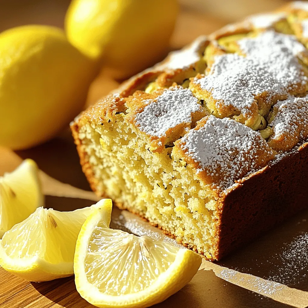 To make moist lemon zucchini bread, you need specific ingredients that work together. Here’s what you'll need: - 1 medium zucchini (about 1 cup when grated) - 1 cup granulated sugar - 1/2 cup unsalted butter, melted and cooled slightly - 2 large eggs, at room temperature - 1/4 cup plain Greek yogurt - 1 tablespoon freshly grated lemon zest - 2 tablespoons freshly squeezed lemon juice - 1 teaspoon pure vanilla extract - 1 1/2 cups all-purpose flour - 1 teaspoon baking soda - 1 teaspoon baking powder - 1/2 teaspoon fine salt - 1/2 teaspoon ground cinnamon - 1/4 teaspoon freshly grated nutmeg (optional) Each ingredient plays a role. The zucchini gives moisture, while the lemon adds bright flavor. Measuring ingredients is key to your bread’s success. Use dry measuring cups for flour and sugar. For sticky items like yogurt and butter, use liquid measuring cups. - Flour: Spoon it into the cup and level with a knife. - Sugar: Scoop and level for accurate amounts. - Butter: Melt it and measure in a liquid cup for precision. Accurate measuring helps ensure your bread rises well and stays moist. Using fresh ingredients makes a big difference. Fresh zucchini brings moisture and flavor. Fresh lemon zest and juice add brightness. Older ingredients can lead to dull taste and texture. - Zucchini: Choose firm, unblemished ones. - Lemon: Use fresh lemons for zest and juice. - Baking Powder/Soda: Check dates to ensure they still work. Fresh ingredients lead to the best results. Trust me, your bread will thank you! For the complete instructions, check the Full Recipe. First, heat your oven to 350°F (175°C). This step is key for even baking. Grab a 9x5 inch loaf pan. Grease it well or line it with parchment paper. This makes it easy to take out the bread later. Next, we need to prepare the zucchini. Grate one medium zucchini until you have about 1 cup. This adds moisture and flavor to our bread. Mix the grated zucchini with 1 cup of granulated sugar in a large bowl. Let this sit for about 5 minutes. This short wait helps the zucchini release its natural moisture. Now, it’s time to mix the wet ingredients. Stir in 1/2 cup of melted butter into the zucchini-sugar mix. Add 2 large eggs one at a time. Make sure each egg is fully mixed before adding the next. Then, add in 1/4 cup of plain Greek yogurt, 1 tablespoon of lemon zest, 2 tablespoons of lemon juice, and 1 teaspoon of vanilla extract. Mix until everything is creamy and well combined. In another bowl, whisk together 1 1/2 cups of flour, 1 teaspoon of baking soda, 1 teaspoon of baking powder, 1/2 teaspoon of salt, 1/2 teaspoon of cinnamon, and 1/4 teaspoon of nutmeg if you want. This ensures your dry ingredients blend well and prevents lumps. Now we combine the wet and dry mixes. Gradually fold the dry mix into the wet mix using a spatula. Be gentle and mix just until combined. Overmixing can make the bread tough. Pour the batter into your prepared loaf pan. Use a spatula to smooth the top. This helps it bake evenly. Bake in the oven for 50-60 minutes. Check if it’s done by inserting a toothpick in the center. If it comes out clean or with a few moist crumbs, it’s ready. Once baked, take the bread out of the oven. Let it cool in the pan for about 10 minutes. After that, transfer it to a wire rack to cool completely before slicing. For a special touch, slice and serve it warm. Dust with powdered sugar and add lemon wedges on the side. Enjoy your moist lemon zucchini bread! For the full recipe, see above. To keep your lemon zucchini bread moist, use fresh zucchini. Grating the zucchini and letting it sit with sugar helps release moisture. This step is key to a tender loaf. Use Greek yogurt, as it adds creaminess and moisture. You can also try adding a bit more butter for richness. Overmixing the batter is a common mistake. This can make the bread tough. Mix just until the dry and wet ingredients are combined. Also, check your oven temperature with a thermometer. An oven that is too hot can dry out your bread. Always use the toothpick test to check for doneness. For extra zing, add more lemon zest or a splash of lemon juice. You can also mix in spices like cardamom or nutmeg for warmth. If you want a sweeter touch, consider adding chocolate chips or nuts. These additions create layers of flavor. For the full recipe, check the instructions above. {{image_4}} You can make your moist lemon zucchini bread even better by adding nuts or chocolate chips. Chopped walnuts or pecans add a nice crunch. They bring a warm, nutty flavor that pairs well with lemon. If you prefer chocolate, use semi-sweet or dark chocolate chips. Just fold in about 1 cup of your choice into the batter before baking. This simple step boosts both texture and taste. If you need a gluten-free option, swap the all-purpose flour. Use a gluten-free flour blend instead. Make sure the blend contains xanthan gum; this helps the bread rise and stay together. You can follow the same measurements in the recipe. The result will still be moist and flavorful, perfect for anyone avoiding gluten. While lemon is the star here, you can explore other flavors. Orange zest gives a bright, citrusy note that works well with zucchini. You can even mix lemon and orange zest for a unique twist. Other options include adding a hint of almond extract or a touch of fresh ginger. These small changes can create a new flavor profile while keeping the bread moist and delicious. For the full recipe, check out the Moist Lemon Zucchini Bread section. To keep your moist lemon zucchini bread fresh, store it in an airtight container. This helps lock in moisture and flavor. You can also wrap it in plastic wrap. If you want, place it in a resealable bag. Keep it at room temperature for up to three days. If you want to store it longer, refrigeration can dry it out, so it’s best to avoid that. Freezing is a great way to save extra bread. First, let the bread cool completely. Then, slice it into pieces. Wrap each slice tightly in plastic wrap, then place them in a freezer bag. This way, you can take out just what you need later. It can last up to three months in the freezer. When you’re ready to eat it, let it thaw at room temperature or warm it in the oven. If your bread becomes stale, you can bring it back to life. Preheat your oven to 350°F (175°C). Wrap the stale bread in aluminum foil. Heat it in the oven for about 10 to 15 minutes. This will help soften the bread again. You can also sprinkle a little water on the crust before wrapping it to add moisture back in. Enjoy your revived lemon zucchini bread just like fresh! For the full recipe, check out the full recipe link. Yes, you can use yellow squash. Both have similar textures and flavors. Yellow squash adds a nice color, too. Just grate it like zucchini. Make sure to remove excess moisture for the best results. To check if your bread is done, insert a toothpick into the center. If it comes out clean or with a few moist crumbs, it’s ready. If the toothpick has wet batter, bake it a little longer. The top should be golden brown and spring back when pressed lightly. If you don't have Greek yogurt, use plain yogurt or sour cream. Both options will keep the bread moist. You can also use applesauce for a lighter version. Just remember to adjust your liquid ingredients if needed. For the full recipe, check out the Moist Lemon Zucchini Bread section. This post covered key ingredients and how to measure them accurately. I shared steps for prepping, mixing, and baking, plus tips for moist bread and avoiding pitfalls. You learned about tasty variations, storage methods, and common questions. Remember, using fresh ingredients and following steps closely makes a big difference. Baking is fun and rewarding. Enjoy the process and make it your own!