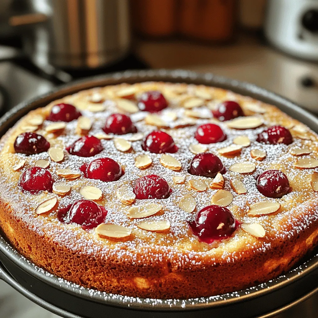 To make a Cherry Almond Cake, you need these main ingredients: - 1 cup all-purpose flour - 1/2 cup almond flour - 1 cup granulated sugar - 1/2 cup unsalted butter, softened - 2 large eggs These ingredients work together to create a light and tasty cake. The all-purpose flour gives structure, while almond flour adds a nutty flavor. Sugar sweetens the cake, and butter keeps it moist and rich. Eggs help bind everything together. You will also need these extra ingredients: - 1/2 cup buttermilk - 1 teaspoon almond extract - 1 teaspoon vanilla extract - 1 teaspoon baking powder - 1/2 teaspoon baking soda Buttermilk makes the cake tender and moist. Almond extract enhances the almond flavor, and vanilla extract adds a lovely aroma. Baking powder and baking soda help the cake rise, making it fluffy. For a beautiful finish, consider these garnishes: - 1 cup fresh or frozen cherries, pitted and halved - 1/4 cup sliced almonds (plus extra for topping) - Powdered sugar for dusting (optional) Cherries give bursts of flavor, while sliced almonds add crunch. Dusting with powdered sugar adds a touch of elegance. You can find the full recipe for making this delightful cake [here](#). - Preheat the oven to 350°F (175°C). - Prepare a 9-inch round cake pan by greasing it. You can also line the bottom with parchment paper. This will help with easy removal later. - In a large bowl, cream together the softened butter and granulated sugar. Use an electric mixer on medium speed. Beat until light and fluffy, about 3-4 minutes. - Add the eggs, one at a time. Beat well after each addition. Mix in the buttermilk, almond extract, and vanilla extract until smooth. - In another bowl, whisk together the all-purpose flour, almond flour, baking powder, baking soda, and salt. Slowly add this dry mix to the wet ingredients. Stir gently. Avoid overmixing to keep the cake soft. - Carefully fold in the halved cherries and sliced almonds into the batter. Make sure they are evenly mixed. Set aside a few cherries and almond slices to decorate the top. - Pour the batter into the prepared cake pan. Use a spatula to smooth the top. Scatter the reserved cherries and almond slices over the batter. Press them down gently. - Place the cake in the preheated oven and bake for 30-35 minutes. You know it’s done when a toothpick in the center comes out clean. - Remove the cake from the oven and let it cool in the pan for about 10 minutes. Carefully transfer it to a wire rack to cool completely. For the full recipe, check out the Cherry Almond Bliss Cake. - Checking doneness: Insert a toothpick into the center of the cake. It should come out clean. If you see wet batter, bake a few more minutes. - Avoid overmixing: Mix the batter until just combined. Overmixing can make the cake tough. - Dusting with powdered sugar: Once the cake cools, sprinkle powdered sugar on top. This adds a lovely touch. - Garnishing with mint and cherries: Add fresh mint leaves and a few cherries to make it pop. This gives a nice color contrast. - Ideal pairings: Serve this cake with whipped cream or a cup of coffee. The flavors blend well together. - Best occasions to serve: This cake shines at birthday parties, tea times, or family gatherings. It suits any celebration. For the detailed recipe, check out the Full Recipe. {{image_4}} You can easily adjust this cake to fit your diet. For a gluten-free option, swap the all-purpose flour for a gluten-free blend. Make sure the blend has a good structure for baking. You can also use almond flour as part of this mix for added flavor. If you need a dairy-free alternative, use coconut milk instead of buttermilk. Replace unsalted butter with coconut oil or a dairy-free butter. These swaps keep the cake moist and tasty, just like the original. Feel free to play with flavors! You can add different fruits to the batter. Blueberries, raspberries, or even diced peaches work well. Each fruit gives a unique taste and color. You can also switch extracts. Instead of almond extract, try vanilla or coconut. Each choice will change the cake’s aroma and flavor profile. Experimenting can lead to your new favorite version! This recipe is not just for a layered cake. You can make cupcakes instead! Simply pour the batter into cupcake liners and bake for about 20-25 minutes. They are perfect for parties or individual treats. You can also adapt this recipe into a sheet cake. Just use a larger pan and adjust the baking time. This style is great for gatherings or potlucks. Each variation allows you to enjoy the delightful cherry almond flavors in more ways. For the full recipe, check out the Cherry Almond Bliss Cake recipe! To keep your Cherry Almond Cake fresh for a few days, store it at room temperature. Place it in an airtight container. This keeps the moisture in and helps prevent it from drying out. If your kitchen is warm or humid, consider refrigerating it. In the fridge, it can last about five days. If you want to save some cake for later, freezing is a great option. Wrap the cake tightly in plastic wrap. Then, place it in a freezer-safe bag or container. This keeps the cake fresh for up to three months. When you’re ready to enjoy it, move the cake to the fridge overnight to thaw. You can also leave it at room temperature for a few hours. Cherry Almond Cake usually lasts about five days at room temperature. In the fridge, it can last up to a week. Keep an eye out for signs of spoilage. If you see mold, or if it has a strange smell, it is best to throw it away. Enjoy your cake while it's fresh for the best flavor! For the full recipe, check out the Cherry Almond Bliss Cake . Yes, you can use frozen cherries. Just thaw them first. Drain any excess juice to avoid a soggy cake. Frozen cherries work well and still taste great! The cake is done when a toothpick inserted in the center comes out clean. It should spring back when lightly pressed. Check around the 30-minute mark to be safe. If you need a substitute, try using all-purpose flour or oat flour. Ground sunflower seeds can also work. Adjust the amount as needed since these flours may change the cake's texture. Yes, you can make this cake a day ahead. Just bake, cool, and store it in an airtight container. It stays fresh and tastes even better the next day! Store leftover cake at room temperature in an airtight container. If you live in a warm area, refrigerate it. Always keep it covered to maintain moisture and flavor. For a nut-free version, use regular flour instead of almond flour. You can skip almond extract and use vanilla extract instead. This keeps the flavor delicious without nuts. For the complete recipe, check out the Full Recipe section. You now have everything you need to bake a delicious cherry almond cake. We discussed key ingredients, from all-purpose flour to optional garnishes. I shared step-by-step instructions to guide you through the process. We even explored tips and variations for a personal touch. As you bake your cake, remember these tips will help you create something special. Enjoy every slice and share it with loved ones. Happy baking!