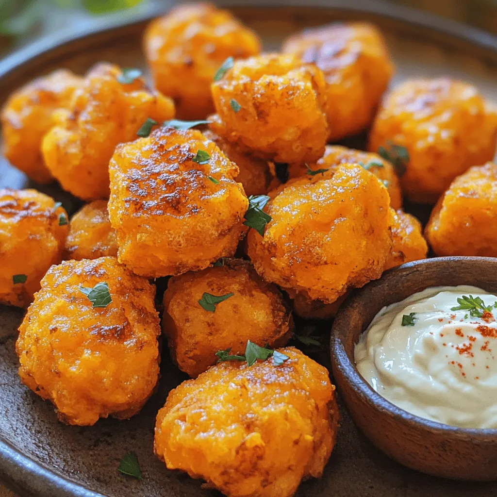 Sweet potato tots are a fun snack. They are crispy, tasty, and easy to make. You can enjoy them any time. These tots use sweet potatoes, flour, spices, and breadcrumbs for crunch. - Sweet potatoes - 1/2 cup all-purpose flour - 1/4 cup grated Parmesan cheese (optional for extra flavor) - 1 teaspoon garlic powder - 1 teaspoon onion powder - 1/2 teaspoon smoked paprika - 1/4 teaspoon cayenne pepper (optional, if you like a spicy kick) - Salt and pepper to taste - 1/2 cup breadcrumbs (for a crispy coating) - Oil for frying (recommend canola or vegetable oil) Using sweet potatoes gives a sweet and nutty flavor. The spices add warmth and depth. Breadcrumbs on the outside make them crunchy. You can also use grated cheese for a richer taste. First, we need to cook the sweet potatoes. Bring a large pot of salted water to a boil. Add the cubed sweet potatoes once the water is bubbling. Cook them for about 15 to 20 minutes. You want them to be soft enough to mash. After cooking, drain the water and let the sweet potatoes cool for a bit. Next, it's time to mash. Transfer the sweet potatoes to a large mixing bowl. Use a fork or a potato masher to mash them until smooth. The texture should be creamy without lumps. This step is key for the best sweet potato tots. Now, we shape our tots. Add flour, Parmesan cheese, garlic powder, onion powder, smoked paprika, and cayenne pepper to the mashed sweet potatoes. Season with salt and pepper. Mix everything well until combined. Heat oil in a deep pan or fryer to about 350°F (175°C). Shape the sweet potato mixture into small balls, about the size of a tablespoon. Roll each tot in breadcrumbs to coat them fully. This adds that nice crunch. Carefully place the tots in the hot oil in batches. Fry them for 3 to 4 minutes until they turn golden brown. Use a slotted spoon to remove them, and let them drain on a paper towel. Keep frying the remaining tots until you finish all of them. Serve your crispy sweet potato tots warm with your favorite dips. Try garlic aioli or spicy ketchup for extra flavor. Enjoy this tasty snack! To get that perfect crunch, choose the right sweet potatoes. Look for firm ones, as they mash well. Boil them until tender but not mushy. This step is key for great texture. After mashing, let the mixture sit for a bit. This helps it firm up. When shaping the tots, use your hands. Make them about one inch wide for even cooking. You can cook sweet potato tots in two ways: frying or baking. Frying gives a crispy outer layer. Use hot oil at 350°F for best results. Fry in small batches to avoid sogginess. Baking is a healthier option. Preheat the oven to 425°F. Place the tots on a lined baking sheet. Brush them lightly with oil. Bake for 20-25 minutes, flipping halfway through for even browning. Serve sweet potato tots hot for the best taste. Pair them with dips like ranch or spicy ketchup. You can also add toppings for a fun twist. Try cheese or fresh herbs for extra flavor. For a complete meal, serve them alongside grilled chicken or a salad. Enjoy experimenting with different flavors! {{image_4}} Sweet potatoes are packed with good stuff. They are high in vitamins A and C, which help your immune system. These vitamins are great for your skin too. Sweet potatoes also have fiber, which aids digestion and keeps you full longer. They contain antioxidants that may protect against some diseases. Overall, they make a healthy choice! In each serving of sweet potato tots, you enjoy a balance of nutrients. Here’s a quick look at what you get: - Calories: About 200 - Protein: 3g - Carbohydrates: 30g - Fiber: 4g - Fat: 8g This breakdown shows that sweet potato tots offer energy and help keep you satisfied. Sweet potato tots stand out when you compare them to regular potato tots. Traditional tots are often high in carbs and low in nutrients. Sweet potato tots bring more vitamins and fiber. They also have less fat when baked instead of fried. This makes sweet potato tots a better option for a snack or side dish. You can enjoy them guilt-free! For the complete recipe, check out the [Full Recipe]. You can change the flavor of sweet potato tots easily. For a spicy kick, add more cayenne pepper. If you want a cheesy taste, mix in extra Parmesan or even cheddar cheese. You can also try herbs like thyme or rosemary for a fresh twist. Just remember, the more you experiment, the more fun you'll have! Sweet potato tots are great in different cooking methods. In an air fryer, they get crispy with less oil. Set the temperature to 400°F (200°C) and cook for about 15-20 minutes, turning them halfway through. If you prefer baking, preheat your oven to 425°F (220°C) and bake for 25-30 minutes. Just make sure to flip them halfway for even browning. You can make sweet potato tots fit different diets. For gluten-free options, use almond flour or a gluten-free flour blend instead of all-purpose flour. If you want a vegan version, skip the cheese and use a flax egg instead of regular egg. You can also substitute breadcrumbs with crushed gluten-free crackers for a crunchy coating. With these swaps, everyone can enjoy this tasty treat! To make sweet potato tots from scratch, you need just a few steps. Start by boiling sweet potatoes until they are soft. Drain them and let them cool. Then, mash the sweet potatoes in a bowl. Mix in flour, cheese, and spices. Shape the mixture into small balls or tots. Finally, fry them in hot oil until golden brown. For the full recipe, refer to the previous section. Yes, you can make sweet potato tots in advance. Prepare the mixture and shape the tots ahead of time. Place them on a baking sheet and freeze them. Once frozen, store them in a freezer bag. When ready to eat, fry or bake them straight from the freezer. This saves time and gives you a quick snack option. You can find sweet potato tots in many grocery stores. Look in the frozen food aisle. Brands like Alexia or Ore-Ida often have them. You may also find them at health food stores or specialty markets. Check online for local delivery options to save time. Sweet potato tots are fun to make and eat. We covered the ingredients, from sweet potatoes to spices. You learned step-by-step instructions for mashing and frying. Tips for perfect texture and cooking options help you succeed. Nutritional info shows their health benefits, too. Try adding flavors or cooking methods that fit your taste. These tots can be a great snack or side dish. Now, grab your ingredients and get cooking!