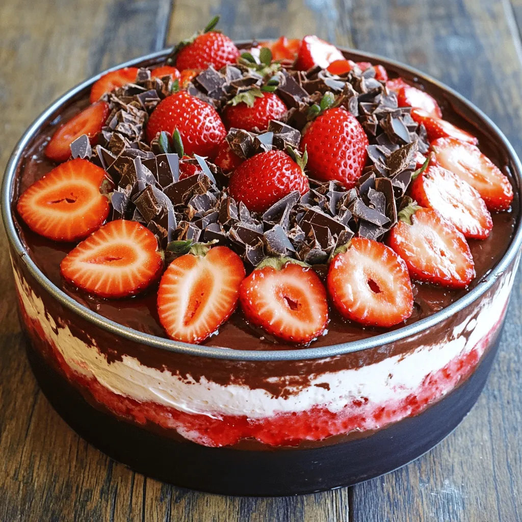 - 1 cup crushed chocolate wafers - 1/2 cup unsalted butter, melted - 1 cup fresh strawberries, hulled and sliced - 2 cups heavy whipping cream - 1 cup powdered sugar - 1 teaspoon vanilla extract - 1 cup semi-sweet chocolate chips, melted - 1/2 cup strawberry puree (made from blended strawberries) - Fresh strawberries and chocolate shavings for garnish When I create a dessert, I focus on quality ingredients. For this Frozen Chocolate Strawberry Cake, each component plays a key role in making the treat delicious. The crust starts with crushed chocolate wafers mixed with melted butter. This mix gives the cake a firm base. I use fresh strawberries because they bring a bright flavor. The whipped cream is crucial for that light texture. I whip heavy cream until it forms soft peaks. Then, I add powdered sugar and vanilla extract. This makes the cream sweet and fragrant. The chocolate and strawberry layers are where the magic happens. I melt semi-sweet chocolate chips. Folding this into half of the whipped cream creates a rich chocolate layer. For the other half, I blend strawberry puree into the whipped cream for a fruity taste. Finally, I garnish the cake with fresh strawberries and chocolate shavings. This not only adds flavor but also makes the cake look stunning. You can find the complete recipe in [Full Recipe]. Enjoy creating this delightful dessert! To start, you will need to mix the chocolate wafers and melted butter. In a medium bowl, combine 1 cup of crushed chocolate wafers with 1/2 cup of melted unsalted butter. Mix this well until it looks like wet sand. This mixture must stick together. Next, press the chocolate wafer mixture into a 9-inch springform pan. Use your fingers or the back of a spoon to pack it tightly. Make sure the crust is even and smooth. Once done, place the crust in the freezer to set while you make the filling. For the whipped cream, grab a large bowl. Pour in 2 cups of heavy whipping cream. Using an electric mixer, beat the cream until you see soft peaks. This means the cream is light and fluffy. Now, slowly add in 1 cup of powdered sugar and 1 teaspoon of vanilla extract. Keep mixing until you see stiff peaks form. This cream should hold its shape well, making it perfect for the cake. In another bowl, take half of the whipped cream. Gently fold in 1 cup of melted semi-sweet chocolate. Be careful not to deflate the cream. This creates a rich chocolate mixture. In a new bowl, fold 1/2 cup of strawberry puree into the remaining whipped cream. Mix until smooth. This gives you a fresh strawberry flavor, perfect for layering. Now, it’s time to layer! Start by spreading the chocolate whipped cream over the frozen crust. Use a spatula to make it even. Next, arrange the sliced strawberries on top of the chocolate layer. You can use as many or as few as you like. Finally, spread the strawberry whipped cream over the strawberries. Smooth the top for a nice finish. Cover the springform pan tightly with plastic wrap. Place it in the freezer for at least 4 hours. This helps the cake set properly. After freezing, the cake should feel firm and solid. When you are ready to serve, carefully remove the springform pan. To slice, dip a sharp knife in warm water, then wipe it dry. This helps make clean cuts. Cut into wedges and enjoy this delightful dessert treat! For a fancy touch, garnish with extra strawberries and chocolate shavings. For the full recipe, check the [Full Recipe]. To ensure smooth layers, use a spatula to spread the cream evenly. Apply gentle pressure. This helps avoid air pockets. For the best texture in whipped cream, beat it until you see soft peaks. Soft peaks hold their shape but still look fluffy. One common mistake is overbeating the cream. If you beat it too much, the cream can turn grainy. Stop as soon as you see stiff peaks. Another mistake is not freezing long enough. The cake needs at least four hours to set perfectly. A firm cake is key to easy slicing. Pairing this cake with sauces or garnishes can elevate the dish. Consider drizzling chocolate sauce or adding a scoop of strawberry puree. Fresh mint leaves can also add a nice touch. For the best sides, serve with a scoop of vanilla ice cream or a dollop of whipped cream. This adds extra creaminess and flavor. {{image_4}} You can boost the chocolate flavor with a few easy changes. First, use dark chocolate instead of semi-sweet. Dark chocolate gives a rich taste. It adds depth and makes the cake more intense. Next, consider adding flavor extracts. You can try almond or espresso extract. Just a small amount creates a lovely twist in flavor. These enhancements will surprise anyone who takes a bite. While strawberries are delightful, other fruits work well too. Raspberries and blueberries can add a fresh twist. You can even mix different berries for a fun mixed berry version. Simply swap out the strawberry puree with a berry blend. This change makes the cake colorful and tasty. If you need gluten-free options, use gluten-free chocolate wafers for the crust. They work just as well and keep everything delicious. For dairy-free alternatives, choose coconut cream instead of heavy whipping cream. This option gives the cake a lovely coconut flavor. You can also use dairy-free butter in the crust. These adjustments make the cake suitable for more diets, so everyone can enjoy it. Feel free to explore these variations to create your own special Frozen Chocolate Strawberry Cake. For the full recipe, check [Full Recipe]. To keep your Frozen Chocolate Strawberry Cake fresh, wrap it tightly. Use plastic wrap or aluminum foil. Make sure no air can enter. This will help prevent freezer burn. A springform pan works well for freezing. You can also use an airtight container. Both options keep your cake safe from strong odors. Thaw the cake slowly in the fridge. This helps it keep its texture. Allow it to thaw for about 4 hours. If you need it faster, leave it at room temperature for 30 minutes. Avoid using a microwave, as it can melt the cake unevenly. Serve it chilled for the best taste. Your cake stays fresh in the freezer for about 2 months. After that, it may lose flavor. Look for signs of freezer burn, like white spots. If the cake smells off or has an unusual texture, it’s best to throw it away. Enjoy your cake while it’s still at its best! Yes, you can use frozen strawberries in this cake. They work well, especially when fresh strawberries are not in season. To incorporate frozen fruit, simply thaw them first. Drain any excess liquid before using them in the recipe. This helps keep your cake from getting too watery. It takes about 4 hours for the cake to freeze properly. For the best results, I recommend freezing it overnight. This ensures that the layers set well and the flavors meld together perfectly. Absolutely! Making the cake a day in advance is a great idea. Once you layer the cake, wrap it in plastic wrap and store it in the freezer. Just remember to let it sit for a few minutes at room temperature before cutting. This makes slicing much easier. Garnishing the cake can be fun and creative. You can top it with fresh strawberries and chocolate shavings. Another idea is to drizzle some melted chocolate or even a berry sauce over the top. These touches make the cake look even more appealing. Yes, this recipe can cater to various dietary needs. To make it gluten-free, use gluten-free chocolate wafers. For a vegan option, substitute the heavy cream with coconut cream and use vegan chocolate chips. These swaps maintain the cake's delicious flavor and texture. This blog post detailed a delicious chocolate strawberry cake. We began with the key ingredients, including chocolate wafers and fresh strawberries. I provided step-by-step instructions for making the crust, whipped cream, and layering. Tips and tricks helped avoid common mistakes and added options for variety. Finally, we discussed storage practices and answered common questions. Creating this cake is fun and rewarding. Enjoy making it your own and sharing it with others!