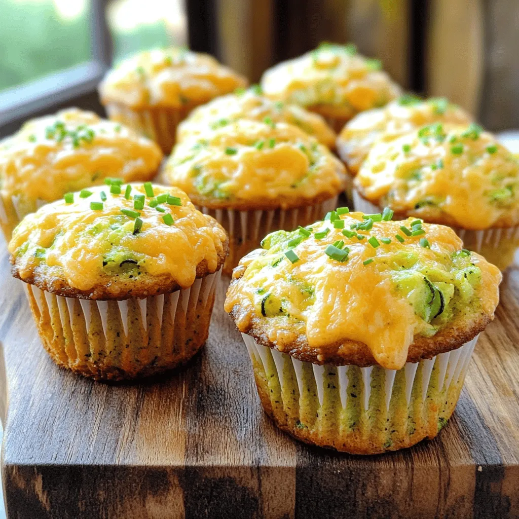To make savory cheddar zucchini muffins, you'll need simple, fresh ingredients. These ingredients come together to create a moist, cheesy treat. The star of the show is the zucchini, which adds a nice texture. Sharp cheddar cheese brings a bold flavor that shines through. - 2 medium zucchinis, grated - 1 cup sharp cheddar cheese, shredded - 1 cup all-purpose flour - 1/2 cup cornmeal - 1 tablespoon baking powder - 1/2 teaspoon baking soda - 1/2 teaspoon salt - 1/4 teaspoon black pepper - 1/2 teaspoon garlic powder - 1/4 cup fresh chives, finely chopped (or 1 teaspoon dried chives) - 2 large eggs - 1/2 cup milk - 1/4 cup olive oil You can switch ingredients based on what you have. Try using whole wheat flour for a healthier muffin. If you're out of chives, green onions work well too. You can also use different cheeses like mozzarella for a milder taste. For a dairy-free option, swap milk with almond or soy milk. Each change will still taste great! Start by preheating your oven to 375°F (190°C). While it heats, prepare your muffin tin. You can grease each cup with cooking spray or use muffin liners. Next, grate the zucchinis. Place the grated zucchinis in a medium bowl and add a pinch of salt. This step helps draw out excess moisture. Let them sit for 10 minutes. After that, use a clean towel to squeeze out the liquid. In a large bowl, whisk together the dry ingredients. Combine 1 cup of all-purpose flour, 1/2 cup of cornmeal, 1 tablespoon of baking powder, 1/2 teaspoon of baking soda, 1/2 teaspoon of salt, 1/4 teaspoon of black pepper, and 1/2 teaspoon of garlic powder. Mix until everything is well blended. Add the shredded sharp cheddar cheese and chopped chives to the dry mix. Stir gently to spread them evenly. In another bowl, crack 2 large eggs and beat them lightly. Then, add 1/2 cup of milk and 1/4 cup of olive oil. Mix until smooth. Pour this wet mixture into the dry ingredients. Stir gently until just combined. Be careful not to overmix; the batter should still be slightly lumpy. Now, fold in the drained zucchini until it is evenly mixed in. Spoon the batter into the muffin tin. Fill each cup about two-thirds full. Bake for 18-20 minutes. Check with a toothpick to see if they are done. Enjoy your Savory Cheddar Zucchini Muffins warm! For the complete recipe, refer to the Full Recipe section. To get the best texture in your muffins, focus on the zucchini. Grate it finely and drain it well. This step removes excess water, which can make your muffins soggy. When mixing, stir gently. Overmixing can lead to dense muffins. Keep the batter slightly lumpy for a light and airy texture. One common mistake is not draining the zucchini properly. If you skip this step, your muffins may turn out too wet. Another mistake is overmixing the batter. This can make the muffins tough. Make sure to fill the muffin cups only two-thirds full. If you overfill, the muffins may overflow while baking. Store your muffins in an airtight container at room temperature. They stay fresh for up to two days. For longer storage, freeze them. Wrap each muffin tightly in plastic wrap and place them in a freezer bag. They can last for about three months in the freezer. To enjoy later, simply thaw or reheat them in the oven. For the full recipe, check the section above. {{image_4}} You can change these muffins easily. Add-ins add fun and flavor. Consider these tasty options: - Cooked bacon bits: for a smoky crunch. - Sun-dried tomatoes: for a tangy twist. - Spinach or kale: to add greens and nutrition. - Different cheese: try feta or gouda for new flavors. You can also switch spices. Add crushed red pepper for heat or Italian herbs for a fresh taste. If you need gluten-free muffins, it's simple to adapt. Use gluten-free flour instead of all-purpose flour. Many brands work well. You can also use almond flour or coconut flour. Just remember to add an extra egg. This helps bind the ingredients. Want to make these muffins vegan? Swap the eggs for flax eggs. Mix one tablespoon of ground flaxseed with three tablespoons of water. Let it sit for five minutes. Use plant-based milk instead of regular milk. You can also replace the cheddar cheese with a vegan cheese option. These swaps keep the muffins tasty and satisfying. Enjoy the full recipe for more details! After enjoying your muffins, let them cool completely. Place them in an airtight container. This keeps them fresh and moist. If you have no airtight container, wrap them in plastic wrap. Store them at room temperature for up to three days. For better freshness, keep them in the fridge, where they last about a week. To freeze your muffins, first, ensure they are cool. Wrap each muffin tightly in plastic wrap. Place the wrapped muffins in a freezer-safe bag or container. This helps prevent freezer burn. They can stay frozen for up to three months. When you’re ready to enjoy them, thaw overnight in the fridge or microwave them for a quick snack. Savory Cheddar Zucchini Muffins stay tasty for about three days at room temperature. In the fridge, they last about a week. If frozen, you can enjoy them for three months. Keep track of how long they have been stored. This way, you’ll always eat them at their best. For the complete recipe, refer to the Full Recipe section. Savory Cheddar Zucchini Muffins are moist, flavorful muffins made with fresh zucchini and sharp cheddar cheese. They blend savory tastes with the natural sweetness of zucchini. These muffins are perfect for breakfast, a snack, or even a side dish. They are easy to make and packed with nutrients. Each bite delivers a nice balance of cheesy goodness and a hint of garlic. Yes, you can use other cheeses! Try using mozzarella for a milder flavor or feta for a tangy twist. Goat cheese can also add a creamy texture. Feel free to mix and match your favorite cheeses to create a unique taste. Just keep in mind that some cheeses may melt differently, affecting the muffin's texture. To modify the recipe, consider these options: - Gluten-Free: Use a gluten-free all-purpose flour blend. - Dairy-Free: Substitute the milk with almond or soy milk and use a dairy-free cheese. - Egg-Free: Replace eggs with flaxseed meal mixed with water or applesauce to bind the ingredients. These adjustments allow you to enjoy the muffins while meeting your dietary needs. To reheat the muffins, preheat your oven to 350°F (175°C). Place the muffins on a baking sheet and warm them for about 5 to 10 minutes. This method keeps them moist and enhances their flavor. You can also microwave them for about 20 to 30 seconds if you're in a hurry. Just be careful not to overheat, or they may become dry. For the full recipe, check out the cooking section above. Savory Cheddar Zucchini Muffins are a delightful treat. They blend the fresh taste of zucchini with sharp cheddar cheese. You can make these muffins quickly, and they are perfect for any meal. Follow the simple steps, and you will have a tasty batch in no time. For the full recipe, check out the details below: - 2 medium zucchinis, grated - 1 cup sharp cheddar cheese, shredded - 1 cup all-purpose flour - 1/2 cup cornmeal - 1 tablespoon baking powder - 1/2 teaspoon baking soda - 1/2 teaspoon salt - 1/4 teaspoon black pepper - 1/2 teaspoon garlic powder - 1/4 cup fresh chives, finely chopped (or 1 teaspoon dried chives) - 2 large eggs - 1/2 cup milk - 1/4 cup olive oil 1. Preheat your oven to 375°F (190°C). Prepare a muffin tin with grease or liners. 2. In a medium bowl, combine the grated zucchinis with salt. Let it sit for 10 minutes. This step helps the zucchini lose extra water. After 10 minutes, squeeze the moisture out of the zucchini with a towel. 3. In a large bowl, whisk together the flour, cornmeal, baking powder, baking soda, salt, pepper, and garlic powder. 4. Add the shredded cheddar cheese and chives to the dry mix. Stir gently to mix. 5. In another bowl, beat the eggs. Then add the milk and olive oil. Mix until smooth. 6. Pour the wet mix into the dry mix. Stir gently until just combined. The batter should be lumpy. 7. Fold in the drained zucchini until it is mixed well. 8. Spoon the batter into the muffin tin, filling each cup two-thirds full. 9. Bake for 18-20 minutes. A toothpick should come out clean when inserted in the center. 10. Let the muffins cool in the tin for 5 minutes, then move them to a wire rack. Make these muffins for breakfast or as a snack. They are great warm with cream cheese or butter. Enjoy these savory bites! In this post, we covered the key ingredients for Savory Cheddar Zucchini Muffins, plus their alternatives. I shared easy steps for mixing and baking, so you can get great results. We also talked about tips to improve texture and common mistakes to avoid. You learned about fun variations, storage tips, and answers to your questions. Now, you can enjoy these muffins any time. With simple tweaks, you can make them just right for you. Happy baking!