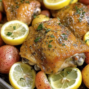 To make this tasty dish, gather these ingredients: - 4 bone-in chicken thighs, skin-on - 1 pound baby potatoes, halved - 2 tablespoons olive oil - 1 tablespoon garlic powder - 1 teaspoon smoked paprika - 1 teaspoon dried rosemary - 1 teaspoon dried thyme - Salt and black pepper, to taste - 1 lemon, thinly sliced - Fresh parsley, chopped, for garnish These simple ingredients create a hearty meal that’s full of flavor. You can add more taste with these extras: - 1 teaspoon onion powder - 1 teaspoon red pepper flakes - Fresh herbs like thyme or rosemary - Cherry tomatoes for added sweetness These options enhance the dish and make it more exciting. If you don’t have something, try these swaps: - Use boneless chicken thighs for quicker cooking. - Swap baby potatoes for sweet potatoes or carrots. - Olive oil can be replaced with avocado oil or melted butter. - Fresh herbs can replace dried if you have them. These substitutions keep the recipe flexible and fun. Check the Full Recipe for detailed steps on how to bring it all together. Start by preheating the oven to 425°F (220°C). This high heat makes the chicken skin crispy and the potatoes tender. While the oven heats, grab a large sheet pan. Line it with parchment paper for easy cleanup and to help with sticking. In a large bowl, add the halved baby potatoes. Pour in 2 tablespoons of olive oil. Sprinkle 1 tablespoon of garlic powder, 1 teaspoon of smoked paprika, 1 teaspoon of dried rosemary, and 1 teaspoon of dried thyme. Add salt and black pepper to taste. Use your hands to mix everything well. Make sure the potatoes are fully coated in the seasoning. Place the seasoned potatoes on the sheet pan in a single layer. Leave space in the center for the chicken thighs. Position the cut sides of the potatoes facing down. This helps them get crispy. Next, pat 4 bone-in chicken thighs dry with paper towels. Season both sides with salt and black pepper. Place the chicken in the center, skin side up. Drizzle a bit of olive oil over the chicken for extra crispiness. Scatter thin lemon slices around the chicken and potatoes for a fresh flavor. Now, place the pan in the oven. Bake for 40-45 minutes. You want the chicken to be golden brown and reach an internal temperature of 165°F (75°C). The potatoes should be tender. For extra crispiness, switch to broil mode for 2-3 minutes. Watch closely to avoid burning. After baking, let the dish rest for about 5 minutes. This helps the juices come back. Before serving, add chopped fresh parsley for color. Enjoy your satisfying sheet pan chicken and potatoes! For a more detailed guide, check the Full Recipe. To get crispy chicken skin, start by drying the chicken thighs well. Use paper towels to pat them dry. This helps remove moisture, which can make the skin soggy. After drying, season the chicken generously with salt and pepper. A little olive oil on top helps too. When you bake it at 425°F, the high heat will crisp up the skin nicely. For an extra crisp, broil for the last 2-3 minutes. Watch closely to prevent burning. To cook the potatoes just right, cut them in half. This ensures they cook evenly and get crispy. Bake them alongside the chicken for 40-45 minutes. They should be golden and fork-tender when done. If you notice they need more time, you can give them an extra 5-10 minutes. Just check them with a fork to see if they're soft. For extra flavor, consider adding garlic cloves or onion wedges to the sheet pan. Their aroma fills the kitchen as they roast. You can also add fresh herbs like thyme or rosemary on top of the chicken. This adds a lovely scent and taste. Lemon slices not only brighten the dish but also add a zesty kick. Feel free to experiment with spices like cumin or chili powder for a unique twist. {{image_4}} You can swap chicken for other meats. Try using pork chops or beef. Both cook well and add a unique taste. If you prefer seafood, consider salmon or shrimp. These options will cook faster, so adjust your baking time. Always check for safe cooking temperatures. Mixing veggies can add color and flavor. Carrots, bell peppers, or green beans work well. Just chop them into similar sizes as the potatoes. This ensures even cooking. You can also use seasonal veggies like zucchini or asparagus. Each choice brings its own flair to the dish. Changing up spices can create new tastes. Try adding cumin or chili powder for a kick. Fresh herbs like basil or cilantro can brighten the dish. You can also add a splash of balsamic vinegar for depth. These simple tweaks can make your meal exciting and fresh. For a full range of flavors, check the Full Recipe for more ideas. After enjoying your meal, let the chicken and potatoes cool. Place leftovers in an airtight container. This keeps them fresh. Store them in the fridge for up to four days. If you want to keep them longer, consider freezing. Just make sure to label the container. When you are ready to eat the leftovers, preheat your oven to 350°F (175°C). Place the chicken and potatoes on a baking sheet. Heat for about 15-20 minutes. This way, they will be warm and tasty again. You can also use the microwave. Heat in 30-second intervals, stirring in between. To freeze, wrap individual portions in plastic wrap first. Then, place them in a freezer-safe container. You can freeze for up to three months. When ready to eat, thaw overnight in the fridge. After that, reheat as mentioned above. Enjoy the crispy, herb-filled goodness from the freezer! For the full recipe, check out the Crispy Herb Chicken & Golden Potatoes. You need to cook the chicken and potatoes for about 40 to 45 minutes. This timing works well at 425°F (220°C). The chicken skin should turn golden brown. The internal temperature must reach 165°F (75°C). The potatoes should also be fork-tender. Always check for doneness to ensure everything is cooked perfectly. Yes, you can use boneless chicken thighs or breasts. Boneless chicken cooks faster than bone-in cuts. Adjust the cooking time to about 25 to 30 minutes. Check to make sure the internal temperature still hits 165°F (75°C). This change will still give you tasty results. Sheet pan chicken and potatoes go well with many sides. A simple green salad adds freshness. Steamed broccoli or green beans bring color and nutrition. You can also serve crusty bread to soak up the juices. Each side can enhance your meal, making it more satisfying. This blog post covered the key ingredients, step-by-step instructions, and useful tips for making sheet pan chicken and potatoes. We discussed ingredient substitutions, cooking times, and ways to achieve crispy skin. You can also explore variations with different proteins or veggies. Don't forget the storage tips for leftovers. Cooking can be simple and fun. With these ideas, you can create a tasty meal everyone will enjoy. Now, gather your ingredients and enjoy your cooking adventure!