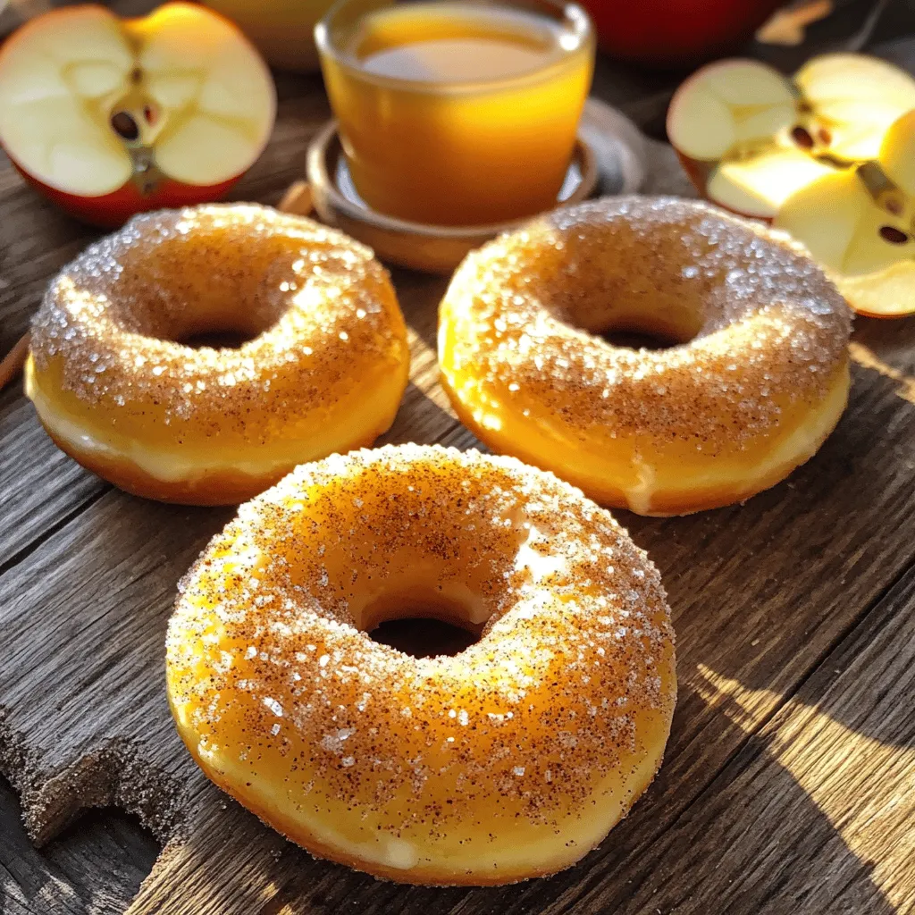 - 1 ½ cups apple cider - 2 cups all-purpose flour - 1 teaspoon baking powder - ½ teaspoon baking soda - ½ teaspoon salt - 1 teaspoon ground cinnamon - ¼ teaspoon ground nutmeg - ½ cup granulated sugar - ½ cup packed brown sugar - 2 large eggs - ½ cup unsweetened applesauce - ⅓ cup vegetable oil - 1 teaspoon vanilla extract - 4 tablespoons unsalted butter, melted (for brushing) - ½ cup cinnamon sugar (for coating) I love using fresh apple cider for these donuts. It gives them a rich taste. The spices like cinnamon and nutmeg add warmth and flavor. Don't skip the brown sugar; it adds moisture and depth. As for the eggs, they help bind everything together. The applesauce keeps the donuts soft and tender. - Donut pan - Mixing bowls - Whisk and spatula - Saucepan - Piping bag or zip-top bag To make these donuts, you need a donut pan. This pan gives them their fun shape. Mixing bowls help you combine ingredients easily. A whisk works well for blending, and a spatula ensures you get every bit of batter out. A saucepan is a must for reducing the cider. Lastly, a piping bag or zip-top bag helps fill the donut pan without mess. With these ingredients and tools, you are set to make baked apple cider donuts. For the complete recipe, check out the [Full Recipe]. - Preheat the oven to 350°F (175°C). - Grease the donut pan with cooking spray or oil. Start by setting your oven to the right temperature. This step is key for even baking. Grab your donut pan and give it a light coat of cooking spray. This will help the donuts slide out easily after baking. - Heat apple cider in a saucepan. - Simmer until reduced to ¾ cup. Next, pour the apple cider into a small saucepan. Turn the heat to medium and bring it to a boil. After it boils, lower the heat to a simmer. Let it bubble gently for about 15 to 20 minutes. You want it to reduce down to about ¾ cup. This step concentrates the flavor and makes the donuts taste amazing. - Mix dry ingredients in one bowl. - Blend wet ingredients in another bowl. - Combine both mixtures without overmixing. In a large bowl, whisk together your dry ingredients: flour, baking powder, baking soda, salt, and spices. In another bowl, mix the wet ingredients: sugars, eggs, applesauce, vegetable oil, vanilla, and the cooled apple cider. Make sure both mixtures are well combined. Then, slowly pour the wet mix into the dry bowl. Stir gently. You want to mix them just enough—let some lumps stay. Too much mixing can make the donuts tough. - Fill donut pan cavities with batter. - Bake for 12-15 minutes until done. Now, it’s time to fill the donut pan. You can use a piping bag or a zip-top bag with one corner cut off. Fill each cavity about ¾ full. This gives them room to rise. Slide the pan into your preheated oven. Set a timer for 12 to 15 minutes. To check if they’re done, stick a toothpick in a donut. If it comes out clean, they are ready! - Cool donuts in the pan, then transfer to a wire rack. - Brush with melted butter and coat in cinnamon sugar. Once they’re baked, take the pan out and let the donuts cool for about 5 minutes. Then, carefully move them to a wire rack to cool completely. While they’re still warm, brush each donut with melted butter. This makes the cinnamon sugar stick. Next, roll them in the cinnamon sugar mixture. This step adds a sweet crunch that you will love. Enjoy warm or save them for later. You can find the full recipe above for more details! To get the best texture, avoid overmixing the batter. Mix just until combined. A few lumps are okay. Mix too much, and your donuts may turn out dense. Also, ensure all ingredients are at room temperature. This step helps them blend well, creating a light and fluffy donut. For a flavor boost, add spices like cloves or ginger. These spices add warmth and depth. You can also incorporate chopped apples or nuts for added texture. Chopped apples will give a fresh crunch, while nuts add a delightful bite. Both options enhance the taste and make each bite exciting. Baked apple cider donuts taste great with coffee or hot apple cider. The warm drinks pair perfectly with the sweet, spiced donuts. For the best flavor, serve them warm or at room temperature. Warm donuts melt in your mouth, making for a cozy treat. Enjoy them fresh, or share with friends for a delightful snack. {{image_4}} You can easily tweak this baked apple cider donut recipe to suit your needs. Here are some fun variations to try. To make these donuts gluten-free, simply swap the all-purpose flour for a gluten-free flour blend. Look for one that works well for baking. This swap keeps the texture light and fluffy, just like the original. If you want a vegan version, it’s simple! Replace the eggs with flaxseed meal or unsweetened applesauce. Use 1 tablespoon of flaxseed meal mixed with 2.5 tablespoons of water for each egg. You can also use plant-based butter and non-dairy milk instead of regular ones. This way, everyone can enjoy these tasty treats! Add a fun twist with flavored glazes! A maple glaze is perfect for that sweet, fall vibe. Mix powdered sugar with a bit of maple syrup and some non-dairy milk until smooth. You can also try chocolate or caramel drizzles for a richer taste. These glazes make your donuts even more special. For the full recipe, check out the details above and start baking! To keep your donuts fresh, store them in an airtight container at room temperature. This helps maintain their soft texture and delightful taste. They will stay good for about three days. If you want them to last longer, consider freezing them. You can freeze these donuts for up to 2 months. Make sure they are completely cool before wrapping them tightly. Place them in a freezer-safe bag or container. When you're ready to enjoy them, just thaw them at room temperature before serving. To warm up your donuts, you can use a microwave or oven. If using the microwave, heat them for about 10-15 seconds. For the oven, preheat it to 350°F (175°C) and warm the donuts for about 5-7 minutes. Warming brings back that fresh-baked flavor. Enjoy them as if they just came out of the oven! Baked apple cider donuts stay fresh for 2 to 3 days at room temperature. Store them in an airtight container to keep them soft. If you want to keep them longer, you can freeze them. Wrap each donut well in plastic wrap, then place them in a freezer bag. They can last up to 2 months in the freezer. When you want to enjoy them, just thaw at room temperature. Yes, you can use store-bought apple cider! It works well in this recipe. Homemade cider gives a deeper flavor, but store-bought is a great option if you are short on time. Just make sure to choose a quality cider. Look for one that is pure with no added sugars. To check if your donuts are done, use a toothpick. Insert it into the center of a donut. If the toothpick comes out clean, your donuts are fully baked. If it comes out with batter on it, let them bake for a few more minutes. The baking time is usually around 12 to 15 minutes, but always check early. In this blog post, we explored how to make delicious baked apple cider donuts. We covered essential ingredients, equipment needed, and provided a clear step-by-step guide. I shared tips for perfect texture and flavor enhancements to elevate your baking. You can even tweak the recipe for dietary needs or add fun glaze options. Enjoy storing your leftovers and reheating them for a tasty treat. Now, gather your ingredients and get baking! These donuts will bring warmth and joy to your kitchen.