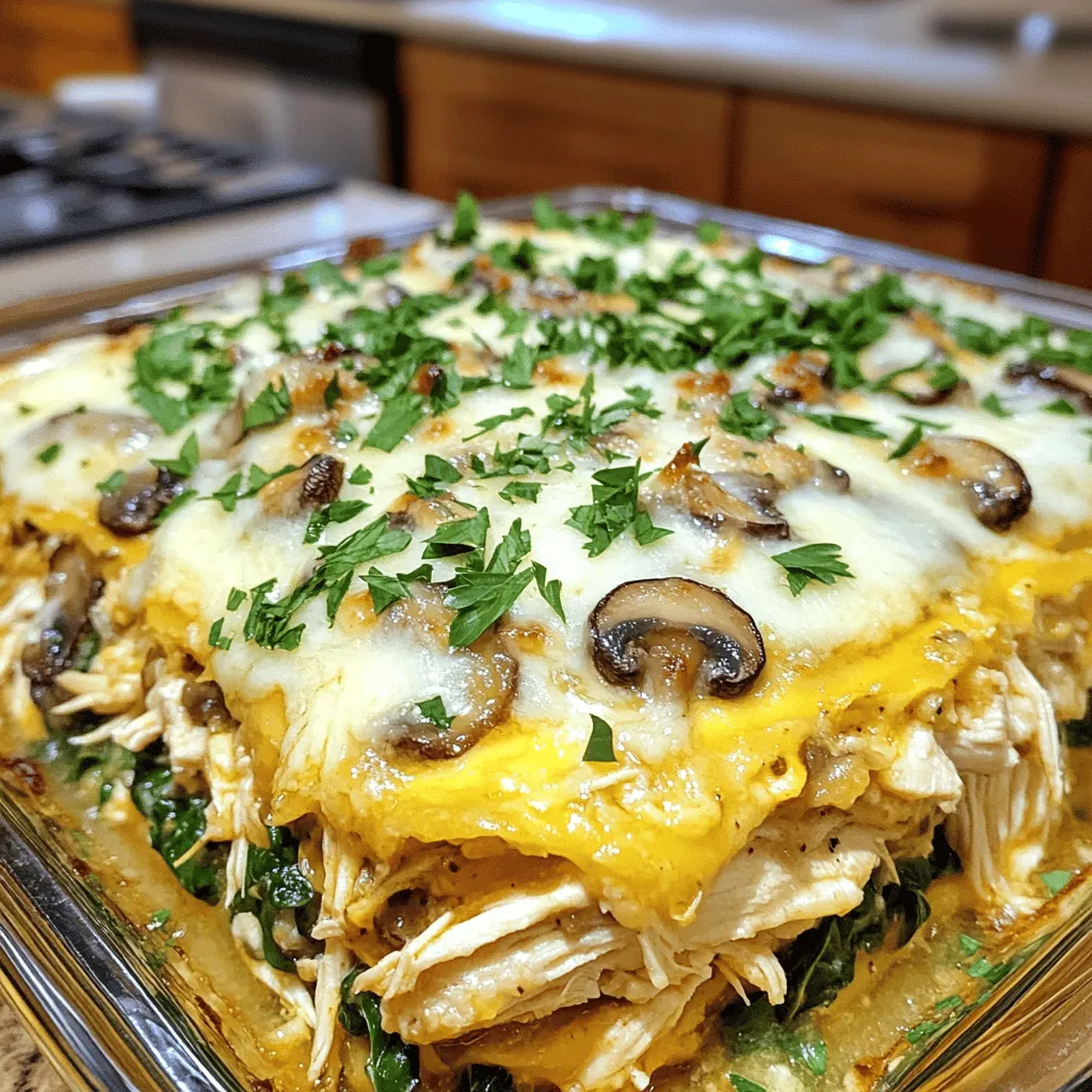 For the Keto Garlic Mushroom Chicken Casserole, you will need: - 2 cups cooked chicken, shredded - 2 cups mushrooms, sliced (preferably cremini or button) - 4 cloves garlic, minced - 1 cup heavy cream - 1 cup shredded mozzarella cheese (freshly shredded works best) - 1/4 cup grated Parmesan cheese - 1 cup fresh spinach, chopped - 1 teaspoon dried thyme - 1 teaspoon paprika (smoked paprika for extra flavor) - Salt and pepper to taste - 2 tablespoons olive oil (extra virgin recommended) - Fresh parsley, finely chopped for garnish This casserole is low in carbs and high in flavor. Here’s a basic breakdown per serving: - Calories: 400 - Protein: 30g - Fat: 30g - Carbohydrates: 6g - Fiber: 2g This recipe fits well into a keto diet. You get protein from chicken and cheese while keeping carbs low. If you need to swap some ingredients, here are some ideas: - Chicken: You can use turkey or even tofu for a vegetarian version. - Mushrooms: Any mushrooms work, but portobello adds a nice texture. - Heavy Cream: Coconut cream is a great dairy-free option. - Cheese: Use any cheese you like or omit for a dairy-free meal. - Spinach: Kale or Swiss chard can replace spinach if you prefer. Feel free to adjust based on what you have at home. Each swap can create a unique flavor! Before you start cooking, gather all your ingredients. This makes the process smooth and fun. You’ll need cooked chicken, mushrooms, garlic, heavy cream, mozzarella, Parmesan, spinach, thyme, paprika, salt, pepper, and olive oil. Having everything ready helps you stay focused. 1. Preheat the Oven: Set your oven to 375°F (190°C). This ensures a nice bake. 2. Sauté the Mushrooms: Heat olive oil in a large skillet over medium heat. Add sliced mushrooms. Cook for about 5 minutes until they turn golden. Stir them often. 3. Add Garlic: Toss in the minced garlic. Cook for 1-2 minutes until it smells good. Don’t let it burn! 4. Incorporate Spinach and Seasonings: Add chopped spinach, dried thyme, paprika, salt, and pepper. Stir until the spinach wilts, about 2 minutes. Then, take the skillet off the heat. 5. Prepare the Cheese Mixture: In a bowl, mix heavy cream, shredded mozzarella, and grated Parmesan. Whisk until smooth. 6. Layer the Casserole: In a large casserole dish, spread the shredded chicken first. Then, add the mushroom and spinach mix evenly on top. 7. Add the Cheese Layer: Pour the creamy cheese mixture over the casserole. Make sure it covers everything well. 8. Bake to Perfection: Place the casserole in your preheated oven. Bake for 25-30 minutes. Look for a golden and bubbly top to know it's done. 9. Rest Before Serving: Once baked, take the casserole out and let it rest for 5 minutes. This helps the flavors mix better. 10. Garnish and Enjoy: Sprinkle fresh parsley on top before serving. This adds a nice touch. This dish is warm and goes great with a side salad. For the complete recipe, check the Full Recipe section. To make your Keto Garlic Mushroom Chicken Casserole shine, follow these tips: - Use fresh ingredients for the best flavor. - Cook the mushrooms until golden brown. This deepens their taste. - Shred your chicken to help it mix well with other ingredients. - Whisk the cheese mixture until smooth. This helps it blend nicely. - Let the casserole rest before serving. It makes cutting easier. Avoid these common mistakes for a perfect casserole: - Overcooking the garlic can make it bitter. Watch it closely! - Not sautéing the mushrooms enough leads to a watery casserole. - Skipping the resting time makes the casserole hard to serve. - Forgetting to season can dull the flavors. Always taste as you go! Here are some great ways to serve your casserole: - Pair it with a fresh green salad for a balanced meal. - Add a dollop of sour cream on top for extra creaminess. - Serve with steamed vegetables for a healthy side. - Try a sprinkle of crushed red pepper for a spicy kick. For the full recipe, check the details above. Enjoy the rich flavors and creamy textures of this dish! {{image_4}} You can easily swap ingredients to fit your taste. Instead of chicken, use turkey or tofu for a different flavor. If you don’t have mushrooms, try zucchini or bell peppers. You can replace heavy cream with coconut cream for a lighter touch. For cheese, a dairy-free option works great too. If you follow a dairy-free diet, use nutritional yeast instead of cheese. You can also try almond milk or oat milk in place of heavy cream. For a vegetarian option, just skip the chicken and add more veggies. Cauliflower or chickpeas can add texture and protein. You can make this dish in a slow cooker. Just layer the ingredients and cook on low for 4-6 hours. This method makes the chicken super tender and juicy. If you prefer a crispy top, you can transfer it to the oven for the last 10 minutes of cooking. For more details on the recipe, check the Full Recipe. To keep your Keto Garlic Mushroom Chicken Casserole fresh, store it in an airtight container. Let the casserole cool to room temperature before sealing. This helps prevent moisture build-up and keeps it tasty. You can store it in the fridge for up to 3 days. When you’re ready to enjoy your leftovers, preheat your oven to 350°F (175°C). Place the casserole in a baking dish. Cover it with foil to keep it moist. Heat for about 20 minutes, or until it is warm throughout. You can also use a microwave if you're in a hurry. Just heat individual portions for 1-2 minutes. If you want to save some for later, you can freeze the casserole. Cut it into serving sizes and wrap each piece tightly in plastic wrap. Then place them in a freezer-safe bag or container. It will stay good for up to 3 months. To reheat, thaw overnight in the fridge and follow the reheating instructions above. The best way to reheat this casserole is in the oven. Preheat your oven to 350°F (175°C). Place the casserole in an oven-safe dish. Cover it with foil to keep moisture in. Heat for about 15-20 minutes, or until hot throughout. You can also use a microwave. Just heat it in short bursts, stirring in between, to avoid hot spots. Yes, you can make this casserole ahead of time. Prepare the dish up to the baking step. Cover it well and store it in the fridge for up to 24 hours. When you're ready to bake, just add a few extra minutes to the cooking time. This way, you can enjoy a warm meal without much fuss. To adjust this recipe for more servings, simply double the ingredients. Use a larger casserole dish to fit everything. You can also split it into two smaller dishes if needed. Just remember to increase the baking time slightly if you make a larger, thicker casserole. Absolutely! You can swap mozzarella for other cheeses like cheddar or gouda. Each cheese will add a different flavor and texture. Just make sure the cheese you choose melts well. This allows for a creamy, delicious casserole. Yes, this casserole is perfect for meal prep. It stores well in the fridge for up to 3 days. You can also freeze individual portions for later use. Just make sure to cool it completely before freezing. You can serve this casserole with a side salad or steamed veggies. A light green salad with a simple vinaigrette pairs nicely. You can also add some cauliflower rice for a low-carb option. The casserole is done when the top is golden brown and bubbly. You can insert a knife in the center to check if it's hot all the way through. If it comes out warm, it's ready to enjoy! If you want a different protein, you can use turkey or even cooked sausage. Just ensure the meat is pre-cooked. This keeps the baking time the same and ensures everything is cooked through. For the full recipe, check out the instructions provided. This blog post covers everything you need to know about Keto Garlic Mushroom Chicken Casserole. We explored the key ingredients, cooking steps, and storage tips. You learned how to avoid common mistakes and make tasty variations. With the information provided, you can confidently create this dish that fits your dietary needs. Remember, success in the kitchen comes from practice and patience. Keep experimenting until you find your perfect recipe!