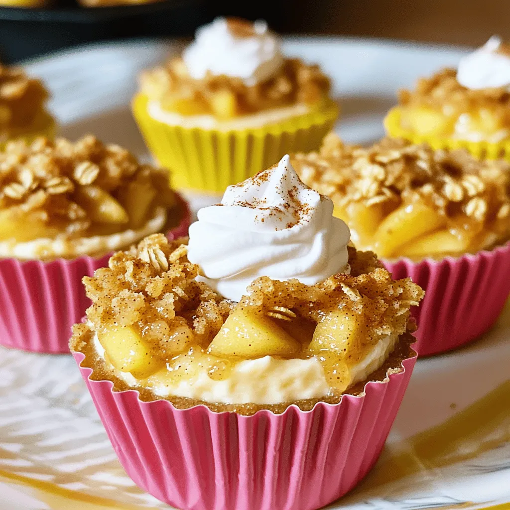 To make the Apple Crisp Mini Cheesecakes, you need simple yet tasty ingredients. Here's what you'll gather: - 1 cup graham cracker crumbs - 1/4 cup unsalted butter, melted - 2 tablespoons granulated sugar - 8 oz cream cheese, softened to room temperature - 1/2 cup granulated sugar - 1 teaspoon pure vanilla extract - 1/2 teaspoon ground cinnamon - 1 large egg - 1 cup apples, peeled and diced (approximately 2 small apples) - 1/2 cup rolled oats - 1/4 cup packed brown sugar - 1/4 teaspoon ground nutmeg - 1 tablespoon fresh lemon juice These ingredients blend well to create a delicious treat. The graham cracker crumbs form a crunchy crust. The cream cheese provides a rich filling. The apples add a fresh taste and texture. You can even add optional garnishes to make your mini cheesecakes shine. - Fresh whipped cream - Cinnamon dusting - Thinly sliced apple fan These garnishes can make your cheesecakes look even better. They also add extra flavor. For the full recipe, check the details provided earlier. - Preheat the oven to 325°F (163°C). - Prepare the cupcake liners in a standard muffin tin. - Combine graham cracker crumbs, melted butter, and sugar in a bowl. - Press the mixture into the bottom of each liner and bake for 5 minutes. - Beat the cream cheese until smooth and creamy. - Gradually add sugars, vanilla, and cinnamon; mix in the egg. - Fold in the prepared apples, ensuring they are well mixed. - Fill the pre-baked crusts with the cheesecake mixture. - Prepare the topping by mixing oats, brown sugar, and nutmeg, then sprinkle it on top. - Bake the mini cheesecakes for 18-20 minutes until golden. - Cool in the muffin tin for about 10 minutes, then transfer to a wire rack. - Refrigerate the mini cheesecakes for at least 2 hours before serving. For the full recipe, check out the section above! To make your mini cheesecakes light, avoid overmixing the egg. Mixing too much can create a dense texture. Use a gentle hand when combining the ingredients. Also, using room temperature cream cheese helps achieve a smooth blend. Cold cream cheese can lead to lumps in the batter. For the best flavor, serve the cheesecakes chilled. Chilling enhances the taste and texture. Top each mini cheesecake with a dollop of whipped cream. Add a few apple slices on top for extra appeal. This not only looks nice but also adds freshness. Need a fast option? You can substitute graham cracker crumbs with digestive biscuits. This offers a different taste while still being delicious. For more ease, you can also use store-bought apple pie filling. This saves time and still gives you that apple flavor. Check out the Full Recipe for more detailed steps! {{image_4}} You can easily change the flavor of your mini cheesecakes. Add caramel sauce for a sweet twist. Drizzle it on top before serving. It gives a rich taste that pairs well with apples. You might also try using different fruits. Pears and peaches work great! They add a unique spin and keep things fresh. If you want a vegan option, switch to dairy-free cream cheese. This keeps the texture smooth and creamy. You can also use alternative sweeteners instead of sugar. Options like maple syrup or stevia can work well. This way, you can enjoy a tasty dessert that meets your dietary needs. Want a bigger treat? You can make a larger cheesecake instead of mini ones. Just use a springform pan for best results. Keep in mind that you will need to adjust the baking time. Bake it longer until the center is set. This way, you can share a larger dessert with friends or family. Store leftovers in an airtight container in the fridge for up to 5 days. Keeping them sealed helps maintain their flavor and texture. Before serving, take them out to let them warm up a bit. This enhances their taste. You can freeze mini cheesecakes for up to 3 months. Just place them in a freezer-safe container. When you want to enjoy them, thaw in the refrigerator before serving. This method preserves their creamy texture and taste. Avoid topping before freezing to maintain the topping's texture. If you add the topping first, it may become soggy when thawed. Instead, add the crunchy topping just before serving for the best flavor and texture. Yes, they can be made a day ahead; just refrigerate. This makes preparation easy for parties or gatherings. When you get the chance, whip them up a day before. Letting them chill overnight improves their taste and texture. The tops should be golden and the filling should be set. Check for a slight jiggle in the center. If the edges look firm but the center is still a bit wobbly, that’s perfect. Chilled, topped with whipped cream and an apple garnish. This adds a nice touch and flavor. You can also dust a bit of cinnamon on top for extra flair. Absolutely! Any variety that holds its shape will work well. Good options include Granny Smith, Honeycrisp, or Fuji apples. Each type adds its own unique flavor. Prep time is 20 minutes, and total time is 1 hour and 15 minutes. This includes baking and cooling time. You can enjoy these tasty treats in no time with just a little effort. These Apple Crisp Mini Cheesecakes are easy and fun to make. We covered the simple steps, from making the crust to perfecting the filling and toppings. Remember to chill them for the best taste. You can also try different fruits or toppings to make them your own. Enjoy these tasty treats fresh or stored in the fridge. You now have the tools to impress your friends and family with your baking skills!