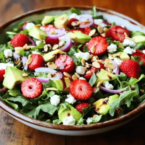 To make the strawberry mixed green salad, gather these ingredients: - 4 cups mixed greens (a vibrant combination of arugula, spinach, and baby kale) - 1 cup fresh strawberries, hulled and sliced into thin wedges - 1/2 cup crumbled feta cheese for a tangy flavor - 1/4 cup sliced almonds, lightly toasted for added crunch - 1 ripe avocado, diced for creaminess - 1/4 cup red onion, thinly sliced for a touch of sharpness - 3 tablespoons balsamic glaze for sweetness and acidity - 2 tablespoons extra virgin olive oil for richness - Freshly ground salt and pepper to taste This salad is not just pretty; it’s good for you too! Here’s a quick look at its nutrition: - Mixed greens offer vitamins A and C. - Strawberries are high in fiber and antioxidants. - Feta cheese adds calcium and protein. - Almonds provide healthy fats and vitamin E. - Avocado is packed with heart-healthy monounsaturated fats. - Red onion has anti-inflammatory properties. - Balsamic glaze adds flavor without many calories. Together, these ingredients create a salad that is colorful, tasty, and packed with nutrients. If you don’t have some ingredients, don’t worry! Here are swaps you can try: - Mixed greens can be replaced with romaine or kale. - Feta cheese can be swapped for goat cheese or a dairy-free option. - Strawberries can be replaced with blueberries or raspberries. - Almonds can be subbed with walnuts or sunflower seeds. - Balsamic glaze can be replaced with apple cider vinegar for a tangy taste. Feel free to mix and match based on what you have. The key is to enjoy the process! For the full recipe, check out the details above. Rinse the mixed greens under cool water. It's crucial to wash them well. Use a salad spinner to dry them. This keeps the leaves crisp and ready for the salad. Make sure there is no extra water left on the greens. If they are wet, the dressing won’t stick well. In a large bowl, add the dry mixed greens. Next, toss in the sliced strawberries and diced avocado. Sprinkle in the crumbled feta cheese for flavor. The colors will look beautiful together. Then, add the sliced almonds and red onion. Mix everything gently but well. This step helps blend the flavors nicely. In a small bowl, whisk together the balsamic glaze and olive oil. This makes the dressing smooth and tasty. Once it is well mixed, drizzle it over the salad. Now, use tongs or salad servers to toss everything together. Make sure each piece gets some dressing. Finally, sprinkle salt and pepper to taste. Adjust if needed. Serve right away for the best taste. You can find the full recipe in the article. To keep your salad fresh, choose the best greens. Look for bright colors and firm leaves. Rinse them well under cool water. Spin them dry in a salad spinner. This step is key; it keeps the greens crisp. Always store your greens in a bag with air holes. This helps them breathe and stay fresh longer. To make your salad pop, layer flavors with care. Use ripe strawberries for sweetness. The feta cheese adds a nice tang. Try toasting the almonds lightly; this brings out their flavor. Adding a pinch of salt makes everything taste better. Don't forget the balsamic glaze; it balances sweetness and acidity. Taste your salad before serving. Adjust salt and pepper based on your preference. Serve your salad in large, shallow bowls. This allows everyone to see the vibrant colors. For a fun twist, add extra strawberry slices on top. A sprinkle of toasted almonds enhances the look and crunch. You can pair this salad with grilled chicken for a filling meal. For a light lunch, enjoy it on its own. Remember, serve it right after tossing. This keeps the greens crisp and delightful. Try the Full Recipe for more detailed steps on making this tasty dish! {{image_4}} You can make this salad even more filling by adding protein. Grilled chicken or shrimp works great. If you prefer plant-based options, try chickpeas or black beans. These choices add flavor and nutrition. Aim for about one cup of protein to keep the balance. While balsamic glaze is tasty, other dressings can shine here too. A honey mustard dressing is sweet and tangy. A light vinaigrette brings brightness. You can also blend Greek yogurt with herbs for a creamy touch. Just mix and match to suit your taste. Swap ingredients based on what’s in season. In summer, use peaches or blueberries instead of strawberries. In fall, try sliced apples or pears for a crisp bite. You can also add nuts like walnuts in autumn or sunflower seeds in spring. Each swap keeps your salad fresh and exciting. For the full recipe, visit the [Full Recipe]. To keep your salad fresh, store leftovers in the fridge. Place the salad in an airtight container. If you have dressing left, keep it in a separate container. This keeps the greens from wilting. Enjoy the salad within two days for the best taste. Use glass or plastic containers with tight lids. Glass containers are great for keeping flavors. If you prefer plastic, choose BPA-free options. Make sure your container is large enough to hold all the ingredients without squishing them. You won’t need to reheat this salad. It’s best served cold. If you want to enjoy a warm dish, consider adding grilled chicken or shrimp on the side. These proteins pair well with the salad and can be served warm. For the complete experience, check out the Full Recipe and discover how to make this delightful Strawberry Mixed Green Salad. Yes, you can make this salad ahead of time. To keep it fresh, store the dressing separately. Assemble the salad without the dressing and cover it. Keep it in the fridge for up to a day. When ready to eat, add the dressing just before serving. This method keeps the greens crisp and tasty. You can add many fruits to this salad. Consider adding blueberries, raspberries, or even diced apples. These fruits add natural sweetness and bright colors. You can also try peaches or mango for a tropical twist. Mixing fruits can create new flavors and make the salad even more exciting. This salad can be made vegan with a few simple changes. Omit the feta cheese, or use a plant-based alternative. Replace the balsamic glaze with a vegan dressing. You can also add extra nuts or seeds for protein. This way, you keep all the taste without animal products. For the full recipe, check out the Strawberry Delight Mixed Green Salad. This blog post covered how to make a fresh salad. We discussed the key ingredients needed and their health benefits. I also shared how to prep mixed greens, combine the ingredients, and make the dressing. You learned useful tips for freshness and flavor, plus ideas for variations. Lastly, I provided storage info and answered common questions. Remember, you can easily customize your salad. Use this guide to create your perfect, healthy dish every time. Enjoy your salad-making adventure!