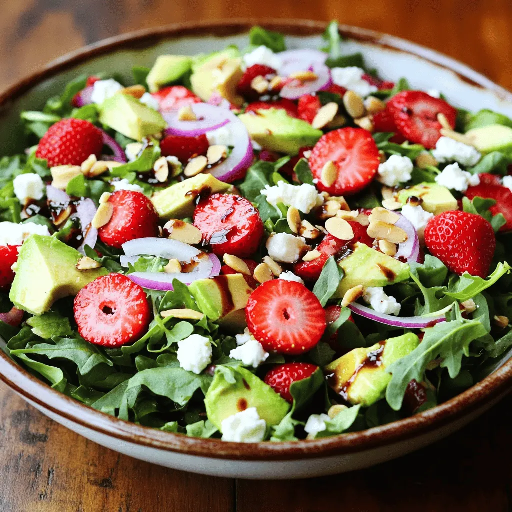 To make the strawberry mixed green salad, gather these ingredients: - 4 cups mixed greens (a vibrant combination of arugula, spinach, and baby kale) - 1 cup fresh strawberries, hulled and sliced into thin wedges - 1/2 cup crumbled feta cheese for a tangy flavor - 1/4 cup sliced almonds, lightly toasted for added crunch - 1 ripe avocado, diced for creaminess - 1/4 cup red onion, thinly sliced for a touch of sharpness - 3 tablespoons balsamic glaze for sweetness and acidity - 2 tablespoons extra virgin olive oil for richness - Freshly ground salt and pepper to taste This salad is not just pretty; it’s good for you too! Here’s a quick look at its nutrition: - Mixed greens offer vitamins A and C. - Strawberries are high in fiber and antioxidants. - Feta cheese adds calcium and protein. - Almonds provide healthy fats and vitamin E. - Avocado is packed with heart-healthy monounsaturated fats. - Red onion has anti-inflammatory properties. - Balsamic glaze adds flavor without many calories. Together, these ingredients create a salad that is colorful, tasty, and packed with nutrients. If you don’t have some ingredients, don’t worry! Here are swaps you can try: - Mixed greens can be replaced with romaine or kale. - Feta cheese can be swapped for goat cheese or a dairy-free option. - Strawberries can be replaced with blueberries or raspberries. - Almonds can be subbed with walnuts or sunflower seeds. - Balsamic glaze can be replaced with apple cider vinegar for a tangy taste. Feel free to mix and match based on what you have. The key is to enjoy the process! For the full recipe, check out the details above. Rinse the mixed greens under cool water. It's crucial to wash them well. Use a salad spinner to dry them. This keeps the leaves crisp and ready for the salad. Make sure there is no extra water left on the greens. If they are wet, the dressing won’t stick well. In a large bowl, add the dry mixed greens. Next, toss in the sliced strawberries and diced avocado. Sprinkle in the crumbled feta cheese for flavor. The colors will look beautiful together. Then, add the sliced almonds and red onion. Mix everything gently but well. This step helps blend the flavors nicely. In a small bowl, whisk together the balsamic glaze and olive oil. This makes the dressing smooth and tasty. Once it is well mixed, drizzle it over the salad. Now, use tongs or salad servers to toss everything together. Make sure each piece gets some dressing. Finally, sprinkle salt and pepper to taste. Adjust if needed. Serve right away for the best taste. You can find the full recipe in the article. To keep your salad fresh, choose the best greens. Look for bright colors and firm leaves. Rinse them well under cool water. Spin them dry in a salad spinner. This step is key; it keeps the greens crisp. Always store your greens in a bag with air holes. This helps them breathe and stay fresh longer. To make your salad pop, layer flavors with care. Use ripe strawberries for sweetness. The feta cheese adds a nice tang. Try toasting the almonds lightly; this brings out their flavor. Adding a pinch of salt makes everything taste better. Don't forget the balsamic glaze; it balances sweetness and acidity. Taste your salad before serving. Adjust salt and pepper based on your preference. Serve your salad in large, shallow bowls. This allows everyone to see the vibrant colors. For a fun twist, add extra strawberry slices on top. A sprinkle of toasted almonds enhances the look and crunch. You can pair this salad with grilled chicken for a filling meal. For a light lunch, enjoy it on its own. Remember, serve it right after tossing. This keeps the greens crisp and delightful. Try the Full Recipe for more detailed steps on making this tasty dish! {{image_4}} You can make this salad even more filling by adding protein. Grilled chicken or shrimp works great. If you prefer plant-based options, try chickpeas or black beans. These choices add flavor and nutrition. Aim for about one cup of protein to keep the balance. While balsamic glaze is tasty, other dressings can shine here too. A honey mustard dressing is sweet and tangy. A light vinaigrette brings brightness. You can also blend Greek yogurt with herbs for a creamy touch. Just mix and match to suit your taste. Swap ingredients based on what’s in season. In summer, use peaches or blueberries instead of strawberries. In fall, try sliced apples or pears for a crisp bite. You can also add nuts like walnuts in autumn or sunflower seeds in spring. Each swap keeps your salad fresh and exciting. For the full recipe, visit the [Full Recipe]. To keep your salad fresh, store leftovers in the fridge. Place the salad in an airtight container. If you have dressing left, keep it in a separate container. This keeps the greens from wilting. Enjoy the salad within two days for the best taste. Use glass or plastic containers with tight lids. Glass containers are great for keeping flavors. If you prefer plastic, choose BPA-free options. Make sure your container is large enough to hold all the ingredients without squishing them. You won’t need to reheat this salad. It’s best served cold. If you want to enjoy a warm dish, consider adding grilled chicken or shrimp on the side. These proteins pair well with the salad and can be served warm. For the complete experience, check out the Full Recipe and discover how to make this delightful Strawberry Mixed Green Salad. Yes, you can make this salad ahead of time. To keep it fresh, store the dressing separately. Assemble the salad without the dressing and cover it. Keep it in the fridge for up to a day. When ready to eat, add the dressing just before serving. This method keeps the greens crisp and tasty. You can add many fruits to this salad. Consider adding blueberries, raspberries, or even diced apples. These fruits add natural sweetness and bright colors. You can also try peaches or mango for a tropical twist. Mixing fruits can create new flavors and make the salad even more exciting. This salad can be made vegan with a few simple changes. Omit the feta cheese, or use a plant-based alternative. Replace the balsamic glaze with a vegan dressing. You can also add extra nuts or seeds for protein. This way, you keep all the taste without animal products. For the full recipe, check out the Strawberry Delight Mixed Green Salad. This blog post covered how to make a fresh salad. We discussed the key ingredients needed and their health benefits. I also shared how to prep mixed greens, combine the ingredients, and make the dressing. You learned useful tips for freshness and flavor, plus ideas for variations. Lastly, I provided storage info and answered common questions. Remember, you can easily customize your salad. Use this guide to create your perfect, healthy dish every time. Enjoy your salad-making adventure!