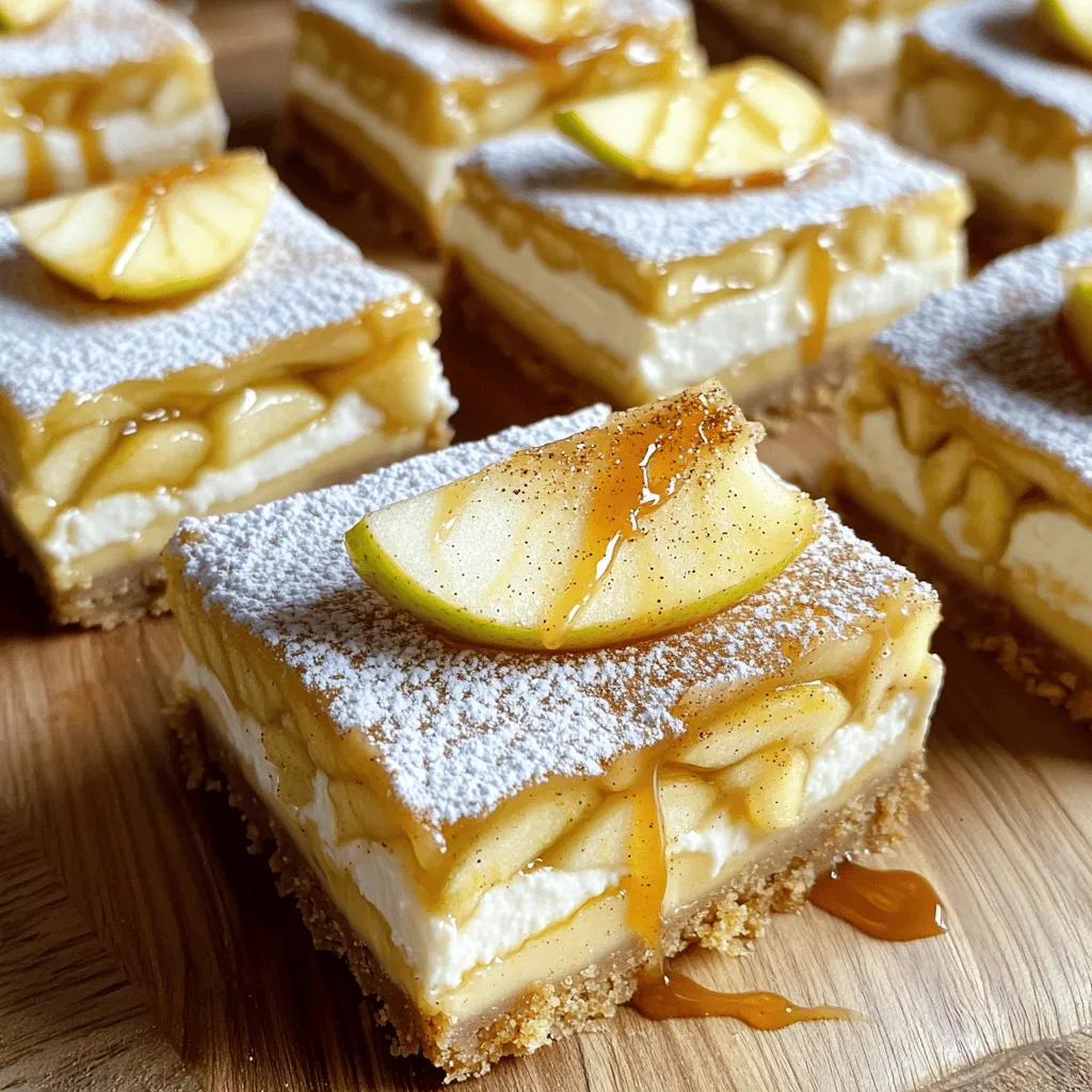 To make the perfect apple pie cheesecake bars, you need a few simple ingredients. Here’s the list: - 1 cup graham cracker crumbs - 1/2 cup unsalted butter, melted - 1/4 cup granulated sugar - 2 (8 oz) packages cream cheese, softened to room temperature - 1 cup granulated sugar - 2 large eggs, at room temperature - 1 teaspoon vanilla extract - 2 cups apples, peeled and diced (I recommend Granny Smith for a nice tartness) - 1 teaspoon ground cinnamon - 1/4 teaspoon ground nutmeg - 1 tablespoon fresh lemon juice - 1/4 cup packed brown sugar Each ingredient plays a key role in creating rich, creamy flavors. The graham cracker crumbs give the bars a nice crunch. The melted butter helps bind the crust. Cream cheese adds that creamy texture that makes the cheesecake special. Using Granny Smith apples is important. They provide the right tartness that balances the sweetness. Ground spices like cinnamon and nutmeg enhance the apple flavor, making each bite taste like fall. Fresh lemon juice brightens everything up. For a complete guide, check out the Full Recipe. This will help you combine all these ingredients to create a delicious treat that everyone will love. 1. Preheat your oven to 350°F (175°C). 2. Line an 8x8 inch baking dish with parchment paper. Leave some paper overhang for easy lifting later. 3. In a medium bowl, mix graham cracker crumbs, melted butter, and 1/4 cup sugar. 4. Stir until it looks like wet sand. 5. Press this mixture firmly into the bottom of your baking dish. 6. Bake the crust for about 8 minutes. It should turn golden brown. 7. Once baked, let it cool slightly while you make the filling. 1. In a large bowl, beat softened cream cheese and 1 cup sugar with an electric mixer. 2. Mix until the mixture is smooth and creamy. 3. Add the eggs one at a time. Mix well after each addition. 4. Stir in the vanilla extract until everything is combined. 1. In another bowl, toss diced apples with cinnamon, nutmeg, lemon juice, and brown sugar. 2. Pour half of the cheesecake mixture over the cooled crust. Spread it evenly. 3. Layer the apple mixture on top of the cheesecake layer. 4. Pour the remaining cheesecake mixture over the apples. Spread it gently. 5. Bake the bars for 35-40 minutes. The center should set but still jiggle slightly when shaken. 6. Remove from the oven and let the bars cool at room temperature. 7. Refrigerate for at least 4 hours or overnight for best results. 8. When ready to serve, lift the bars out using the parchment overhang. Cut them into squares. For the full recipe, check out the details provided earlier. Enjoy your delicious creation! To get the best crust, use fresh graham cracker crumbs. They should feel moist when mixed with butter. Press the crust mixture firmly into the pan. This helps it hold together well after baking. Bake your crust until it turns golden brown. This gives it a nice crunch. Chilling the bars is very important. After baking, let them cool at room temperature. Then, refrigerate them for at least four hours. This helps the bars set properly. If you can, chill them overnight. This makes them easier to cut and serve. One mistake is overmixing the filling. Mix just until you see no lumps in the cream cheese. Overmixing adds too much air, which can cause cracks during baking. Another common mistake is not cooling properly. If you cut the bars too soon, they may fall apart. Always let them cool down and set in the fridge for the best results. For a lovely presentation, sprinkle powdered sugar on top of the bars. You can also add a slice of fresh apple for color. Drizzle some caramel sauce over the bars for extra sweetness. These bars taste great with a scoop of vanilla ice cream or a dollop of whipped cream. Pair them with a hot cup of coffee or tea for the perfect dessert experience. For the full recipe, check out the Apple Pie Cheesecake Bars 🥧 section above. {{image_4}} For the best flavor, I recommend using Granny Smith apples. They are tart and give a nice contrast to the sweet cheesecake. Other great options are Honeycrisp or Fuji apples. These fruits add a sweet touch and keep their shape well. If you want to try something different, you can use pears or peaches. They also work well in this recipe. You can easily boost the flavor of your bars. Adding a drizzle of caramel sauce on top makes them even sweeter. You might also try a bit of melted chocolate for a rich touch. For spice variations, consider using nutmeg or allspice along with the cinnamon. These spices add warmth and depth to your bars. If you need gluten-free options, use gluten-free graham crackers for the crust. This swap keeps the bars tasty and safe for everyone. For a dairy-free version, you can replace cream cheese with a plant-based alternative. There are many good options available now. Adjusting these ingredients helps more people enjoy this sweet treat. To keep your Apple Pie Cheesecake Bars fresh, store them in the fridge. Use an airtight container. This helps to prevent them from drying out. You can also cover the bars with plastic wrap. Make sure it touches the surface to keep moisture in. If you want to save some for later, freezing is easy. Wrap the bars tightly in plastic wrap. Then, place them in a freezer-safe bag. This helps to keep them fresh for up to three months. When you're ready to eat, thaw them in the fridge overnight. This keeps the texture nice and smooth. These bars can last up to a week in the fridge. Look for signs of spoilage like a sour smell or discoloration. If they get too soft or watery, it's time to toss them. Enjoy your delicious sweet treat while they are fresh! For the full recipe, check the details above. Yes, you can make these bars ahead of time. I recommend preparing them a day in advance. This gives the flavors time to blend. Chill them in the fridge for at least four hours. Overnight chilling works even better. The longer they chill, the firmer they get. To check for doneness, look for the center. It should be set but still jiggle a bit. If the edges are firm and the middle wobbles slightly, they are done. You can also insert a toothpick. If it comes out clean or with a few crumbs, they are ready. Absolutely! While graham cracker crust is traditional, you can try other options. For a nutty flavor, use almond flour or crushed cookies. A shortbread crust is also great for a rich taste. Just ensure it holds together well. Cracks can happen, but there are ways to avoid them. First, mix the filling slowly. Overmixing can add too much air. Also, avoid baking at high temperatures. If cracks appear, don’t worry! You can cover them with whipped cream or a drizzle of caramel. This hides any flaws and adds sweetness. For more tips and a full recipe, check the Apple Pie Cheesecake Bars recipe. These cheesecake bars are a great treat made with simple, fresh ingredients. We covered everything from the crust to the filling and baking methods. You learned key tips to ensure your bars turn out perfectly. Remember to chill your bars and avoid common mistakes. You can even customize them with your favorite fruits! Store them right for the best flavor and enjoy for days. Now it’s time for you to make these delicious apple cheesecake bars and impress everyone with your baking skills!