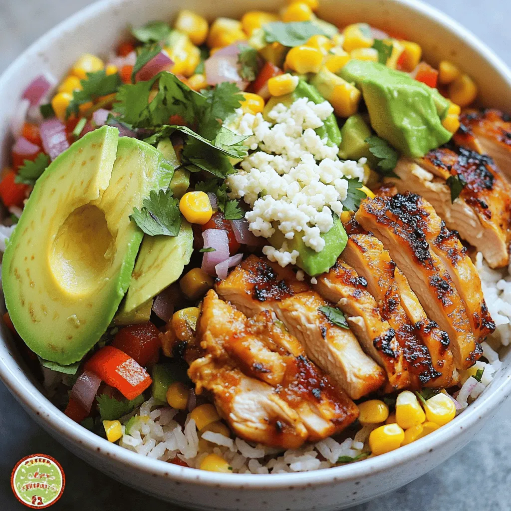 - 1 cup jasmine rice - 2 cups chicken broth - 1 lb boneless, skinless chicken thighs - 1 cup corn kernels (fresh or frozen) - 1 red bell pepper, diced - 1/2 cup red onion, diced - 2 cloves garlic, minced To make a Street Corn Chicken Rice Bowl, you start with jasmine rice. This rice is light and fluffy, and it pairs well with all the flavors. You use chicken thighs because they stay juicy and tender. For sweetness and texture, add corn kernels. Diced red bell pepper and onion give color and crunch. Fresh garlic adds a nice kick. - 1 tablespoon smoked paprika - 1 teaspoon ground cumin - 1 tablespoon olive oil - Salt and freshly ground black pepper to taste - 1/2 cup cotija cheese, crumbled - 1 ripe avocado, sliced - 1/4 cup fresh cilantro, chopped - Juice of 1 lime Seasonings make this bowl pop. Smoked paprika brings a warm flavor, while cumin adds earthiness. Olive oil helps cook the chicken and veggies nicely. Don’t forget salt and pepper; they enhance every bite. For toppings, cotija cheese gives a creamy finish. Sliced avocado adds richness and fresh cilantro brightens up the dish. Finally, a squeeze of lime juice ties all the flavors together. For the full recipe, you can follow the detailed steps to bring this meal to life! Start by rinsing the jasmine rice. Place it in a fine-mesh strainer and run it under cold water. Continue rinsing until the water runs clear. This step removes extra starch. Next, combine the rinsed rice and chicken broth in a medium saucepan. Bring the mixture to a boil. Then, lower the heat and cover the pot. Let it simmer for about 15 minutes. When finished, the rice should be tender and the liquid absorbed. Let the rice sit for 5 minutes, covered. Finally, fluff it with a fork to make it light. While the rice cooks, grab the boneless, skinless chicken thighs. Pat them dry using a paper towel. Season both sides with smoked paprika, ground cumin, salt, and pepper. Make sure to coat evenly to boost flavor. Heat a large skillet over medium-high heat and add olive oil. Once the oil is hot, carefully place the seasoned chicken thighs in the skillet. Cook for 6-7 minutes on each side. The chicken should turn golden brown and reach an internal temperature of 165°F. After cooking, transfer the chicken to a cutting board and let it rest for a few minutes before slicing. In the same skillet, add the diced red onion, bell pepper, and minced garlic. Cook for about 3-4 minutes. You want the veggies to soften without burning. Next, stir in the corn kernels. Continue to cook for another 2-3 minutes. The corn should heat through and start to caramelize. This adds a sweet flavor that works well in the dish. To assemble the bowls, start with a layer of fluffy jasmine rice at the bottom. Next, place the sliced chicken on top. Then, add the sautéed veggies and corn mixture. Finish with a sprinkle of crumbled cotija cheese. This cheese adds a creamy texture and salty flavor. The layers create a beautiful and tasty meal. For a complete recipe, check the Full Recipe. - Ensuring perfectly cooked rice: For fluffy rice, rinse jasmine rice under cold water. This removes extra starch. Cook it in chicken broth for added flavor. Bring to a boil, then reduce heat and cover. Let it simmer until tender. - Searing chicken for maximum flavor: Use boneless, skinless chicken thighs for juiciness. Season both sides well with smoked paprika and cumin. Heat olive oil in a skillet until hot. Sear chicken for 6-7 minutes on each side. This gives you a tasty, golden crust. - Presentation ideas with garnishes: Serve your bowls with fresh cilantro on top. Add lime wedges for color and extra taste. A sliced avocado makes it look beautiful too. - Pairing with additional sides or salsas: Add a fresh corn salsa or a spicy guacamole on the side. These will enhance the flavors and give a fun twist to your meal. - Alternative proteins: If you want something different, try shrimp or tofu. Both cook fast and soak up flavors well. - Vegetarian options: For a meatless meal, skip the chicken. Use black beans or chickpeas instead. They add protein and texture, making the dish filling. For the full recipe, check out the Street Corn Chicken Rice Bowl details above! {{image_4}} You can spice up your Street Corn Chicken Rice Bowl easily. Add fresh jalapeños or a splash of hot sauce for heat. These spicy additions will wake up your taste buds. You can also switch cheeses. If you want a creamier taste, use mozzarella instead of cotija cheese. Feta adds a salty kick, making the bowl even more tasty. To make your bowl heartier, try adding beans. Black beans or pinto beans boost protein and fiber. They also add a nice texture. Seasonal vegetables can also enhance your dish. Think about using zucchini in summer or roasted butternut squash in fall. These fresh additions keep your meal bright and colorful. You can serve your bowl in fun ways. Wrap the mix in a tortilla for a tasty burrito. This makes it easy to eat on the go! Or, if you want a lighter meal, turn it into a salad. Just toss everything together with some greens. This way, you get all the flavors in each bite. To keep your Street Corn Chicken Rice Bowl fresh, cool it down quickly. Divide the food into smaller portions. Place it in airtight containers. Store in the fridge right away. This helps keep the flavors and textures intact. You can enjoy leftovers for up to three days. After that, the taste might fade, and safety may be a concern. When you're ready to enjoy your leftovers, the right reheating method is key. I recommend using the microwave for quick heating. Place the chicken and rice in a bowl, cover it with a damp paper towel, and heat for 1-2 minutes. Stir halfway through to ensure even heating. You can also reheat on the stove. Use low heat and add a splash of chicken broth to keep it moist. This way, your dish stays fresh and flavorful, just like when it was first made. What is a Street Corn Chicken Rice Bowl? A Street Corn Chicken Rice Bowl is a tasty mix of rice, chicken, and corn. This dish features jasmine rice topped with seasoned chicken, sautéed veggies, and fresh toppings. It brings together sweet corn and rich flavors inspired by street food. You get a filling meal that is both savory and satisfying. Can I make this recipe ahead of time? Yes, you can! Cook the rice and chicken in advance. Store them in the fridge for up to three days. When you are ready to eat, just reheat and add the toppings. This makes meal prep easy and quick. How can I customize the heat level of the dish? To change the heat level, add jalapeños or hot sauce. You can also use spicy paprika instead of smoked paprika. Start with a little, then taste it. You can always add more heat if you like it spicy! Caloric content per serving Each serving of the Street Corn Chicken Rice Bowl has about 550 calories. This can vary based on the toppings you choose and the amount of cheese you add. Important dietary notes (e.g., gluten-free options) This recipe is naturally gluten-free. Make sure you use gluten-free chicken broth if needed. You can also skip the cheese for a dairy-free option. How long does it take to make a Street Corn Chicken Rice Bowl? The total time to make this dish is about 40 minutes. This includes 15 minutes for prep and 25 minutes for cooking. What is the best prep method for faster cooking? To save time, prep the ingredients before cooking. Chop the veggies and season the chicken first. This way, you can cook everything in a smooth flow. Also, use a rice cooker for faster rice cooking. You learned how to make a delicious Street Corn Chicken Rice Bowl. We covered the key ingredients, cooking steps, and tips for success. You now know how to customize your bowl with flavors and toppings. Remember to store leftovers properly and reheat them for the best taste. This dish is flexible, so make it your own. Enjoy the process, and don’t be afraid to try new things. Your kitchen adventures await!