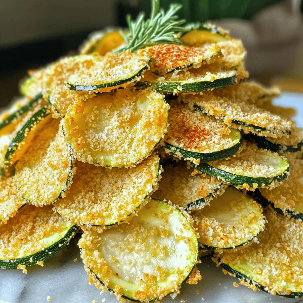 - 2 medium zucchini, thinly sliced (about 1/8-inch thick) - 1 tablespoon olive oil - 1 cup breadcrumbs (preferably Panko for extra crispiness) - 1/2 cup grated Parmesan cheese - 1 teaspoon garlic powder - 1 teaspoon onion powder - 1/2 teaspoon paprika - Salt and pepper to taste - Optional: Fresh herbs (like rosemary or thyme) for garnish To make these crunchy zucchini chips, start with fresh zucchini. Two medium zucchinis are just right. Slice them thinly, about 1/8-inch thick. This helps them get nice and crispy. Next, drizzle olive oil over the zucchini slices. Toss them well to coat. Now, let’s make the coating. In a bowl, mix breadcrumbs, grated Parmesan cheese, garlic powder, onion powder, and paprika. Add salt and pepper to taste. Be sure to mix it well for even flavor. You can use Panko breadcrumbs for extra crunch. They give a great texture to your chips. Feel free to add fresh herbs if you want a burst of flavor. These ingredients are simple but make a big difference. You can find the Full Recipe for detailed steps on how to put it all together. - Wash zucchini thoroughly. - Slice into thin rounds for optimal crispiness. Start by washing your zucchini well. This step is key to remove dirt and germs. Then, grab a sharp knife and slice the zucchini into rounds about 1/8-inch thick. Thin slices make for the crunchiest chips. - Combine zucchini slices with olive oil in a large bowl. Next, place your zucchini slices in a large bowl. Drizzle in one tablespoon of olive oil. Toss the slices gently until each one is coated with oil. This will help the seasoning stick later. - In a separate bowl, mix breadcrumbs, Parmesan cheese, garlic powder, onion powder, paprika, salt, and pepper. Now, grab another bowl. Combine one cup of breadcrumbs, half a cup of grated Parmesan cheese, one teaspoon of garlic powder, one teaspoon of onion powder, half a teaspoon of paprika, salt, and pepper. Stir it well to mix all the flavors together. - Preheat air fryer to 375°F (190°C). Before you start breading, preheat your air fryer to 375°F (190°C). A well-heated air fryer gives you the best crisp. - Coat each zucchini slice in the breadcrumb mixture. Take each zucchini slice and coat it in your breadcrumb mixture. Make sure each slice is fully covered. This creates a crunchy outer layer. Shake off any extra coating before placing them in the air fryer. - Arrange in a single layer in the air fryer basket and cook for 10-12 minutes, flipping halfway through. Arrange the coated zucchini slices in a single layer in the air fryer basket. Depending on the size of your air fryer, you might need to do this in batches. Cook for 10-12 minutes. Flip the chips halfway to ensure they cook evenly. They should turn golden brown and crispy. Check out the Full Recipe for more details! To get your zucchini chips nice and crispy, slice them evenly. Aim for about 1/8-inch thick slices. This helps them cook at the same rate. I prefer using Panko breadcrumbs. They give an extra crunch that you will love. You can make your chips even tastier. Try adding different spices and herbs. Garlic powder and paprika are great, but don’t stop there. You can also sprinkle some nutritional yeast on top. It adds a cheesy flavor without using dairy. To keep your chips from getting soggy, don’t overcrowd the air fryer basket. If you put too many in at once, they won’t cook evenly. Also, make sure to shake off excess coating before cooking. This will help them stay crispy. For a full recipe, check out the Crispy Air Fryer Zucchini Chips. {{image_4}} You can switch up the cheese in this recipe. Instead of Parmesan, try cheddar or mozzarella. Cheddar brings a sharp taste. Mozzarella adds a mild, creamy flavor. Both options melt well and give a nice texture. This change can make your zucchini chips even more fun! Feel free to play with seasonings. Instead of the basic spices, try Italian seasoning or Cajun spice. Italian seasoning adds herbs like basil and oregano. Cajun spice gives a spicy kick that’s great for flavor lovers. Experimenting with different blends can change the whole feel of your snack! Zucchini is great, but don’t stop there! You can use sweet potatoes or eggplant for fresh flavors. Sweet potatoes add a hint of sweetness and are packed with nutrients. Eggplant brings a unique taste and texture. Each vegetable gives you a new snack experience. Store your zucchini chips in an airtight container. This keeps them fresh and crunchy. Place the container at room temperature. Avoid putting them in the fridge, as moisture can make them soggy. Enjoy these chips within 2-3 days. This timeframe helps maintain the best taste and texture. After this period, they may lose their crunch and flavor. To restore crispiness, reheat the chips in the air fryer. Set it to 375°F (190°C) for about 3-5 minutes. This method brings back their delightful crunch, making them tasty again! Yes, you can! If you want a gluten-free or low-carb option, try using almond flour or crushed nuts. Both will give you a nice crunch. You can also use ground flaxseeds for a unique twist. Just make sure to coat the zucchini slices well so they stick. To cut down on oil, use less olive oil when coating the zucchini. You can even try using a spray bottle for a light mist. Another tip is to pat the zucchini dry before you coat them. This helps reduce the moisture, leading to less oil absorption during cooking. Zucchini chips love a good dip! Try ranch dressing for a classic combo. Hummus adds a creamy texture and a healthy touch. You can also use a spicy salsa or a tangy yogurt sauce. Each dip will add a fun flavor twist to your crunchy snack. Yes, you can! Many veggies cook well together. Carrots and bell peppers make great companions. Just cut them to a similar size as the zucchini for even cooking. Keep an eye on the time, as some vegetables may cook faster than others. Look for a golden color and a crispy texture. They should feel firm and not bend easily. If you see some browning on the edges, that’s a great sign! Remember, they will crisp up more as they cool, so don’t worry if they seem a bit soft at first. In this article, we explored how to make delicious air fryer zucchini chips. We discussed the ingredients, step-by-step instructions, and helpful tips to ensure crispiness. You can also try variations with different cheeses or spices. Storing your chips properly keeps them fresh. Remember, enjoy these tasty snacks within a few days for the best flavor. With this guide, I hope you feel ready to create your own perfect zucchini chips! Now, it’s time to enjoy your crunchy, homemade treat.