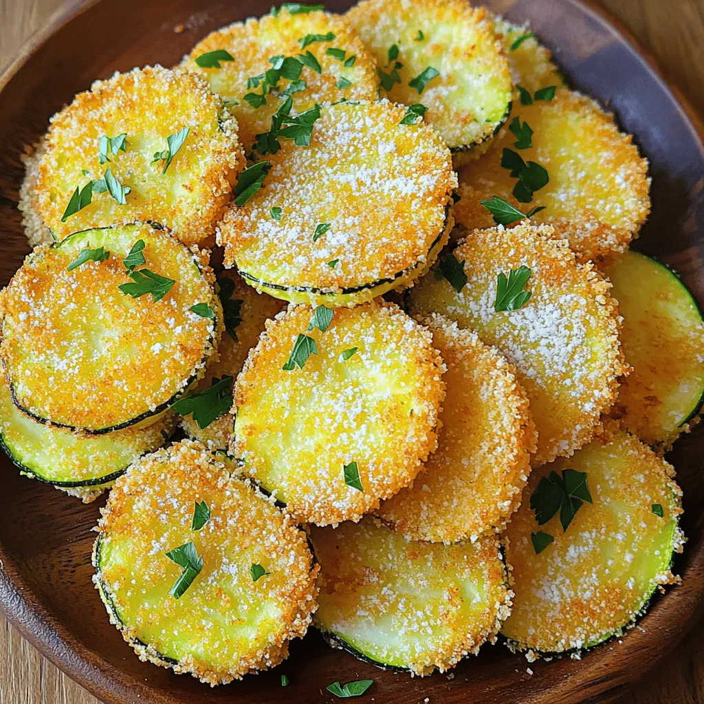 To make crispy pan-fried zucchini, you need fresh ingredients. Here is the list of required ingredients: - 2 medium zucchinis, sliced into rounds - 1/2 cup all-purpose flour - 1 large egg - 1 cup breadcrumbs (panko recommended) - 1/2 cup grated Parmesan cheese - 1 teaspoon garlic powder - 1/2 teaspoon paprika - Salt and pepper to taste - 3 tablespoons olive oil - Fresh parsley for garnish These ingredients are simple and easy to find. The zucchini gives a fresh taste. The flour helps create a nice crust. The egg binds everything. The breadcrumbs add crunch, and the cheese brings richness. Garlic and paprika add flavor. Seasoning with salt and pepper makes it perfect. Don't forget the olive oil for frying. Finally, fresh parsley adds a bright touch to the dish. This recipe makes a tasty delight that’s simple to prepare. You can find the full recipe above for clear steps on how to use these ingredients. Start by washing the zucchinis under cold water. Use a scrub brush to remove any dirt. Next, slice them into rounds that are about 1/4 inch thick. This size helps them cook evenly. After slicing, pat each round dry with a paper towel. Drying the zucchini helps achieve that perfect crispy texture. Now, let’s create a three-part breading station. In one shallow bowl, place the all-purpose flour and season it with salt and pepper. In the second bowl, whisk the egg until it is smooth. In the third bowl, combine the breadcrumbs with grated Parmesan cheese, garlic powder, and paprika. Mix this well for even flavor. This setup makes breading easy and fun. Heat a large skillet over medium heat and pour in the olive oil. Wait until the oil shimmers, showing it’s hot but not smoking. Take each zucchini round and first dip it into the flour. Make sure it is lightly coated, then shake off the excess. Next, dip it into the beaten egg, letting any extra drip back into the bowl. Finally, press the zucchini into the breadcrumb mixture. Press down slightly so the crumbs stick well. Carefully place the breaded zucchini rounds in the hot skillet. Avoid adding too many at once; this helps them fry well. Cook each side for about 2-3 minutes, until they are golden brown and crispy. Once they are done, use a slotted spatula to transfer them to a plate lined with paper towels. This absorbs any leftover oil. Now, sprinkle some freshly chopped parsley on top to add color and flavor. Serve these crispy delights hot from the pan! You can find the full recipe for more details. To make your zucchini crispy, drying is key. After slicing, pat each round dry with a paper towel. This step removes moisture and allows for that perfect crunch. Next, heat your oil correctly. It should shimmer but not smoke. A hot oil temperature cooks the zucchini fast, keeping them crispy. Coating the zucchini evenly is vital. Start with flour, then dip in egg, and finish with breadcrumbs. Make sure to shake off any excess flour before the egg. This prevents clumps in your breadcrumbs. When you press the zucchini into the breadcrumb mix, do it firmly. This helps the crumbs stick well. For the best taste, serve your crispy zucchini with dips like marinara or ranch. These add flavor and fun. To present your dish, arrange the zucchini beautifully on a platter. Garnish with fresh parsley for color. This simple touch makes your dish more appealing and exciting. For the full recipe, check the earlier section. {{image_4}} You can change the flavor of crispy pan fried zucchini easily. Try adding various spices. For a kick, use cayenne pepper or chili powder. If you prefer a savory touch, consider adding dried oregano or thyme. Each spice can change the taste of your dish. For a cheesy twist, you can swap out the Parmesan. Use cheddar or mozzarella for a different flavor. Both melt nicely and give a rich taste. Mixing different cheeses can create a fun flavor combo too. If you want a lighter option, consider baking instead of frying. Preheat your oven to 425°F (220°C). Place the breaded zucchini on a baking sheet. Spray them with a little olive oil. Bake for about 20 minutes, flipping halfway. This way, you can enjoy a crispy treat with less oil. For gluten-free options, replace all-purpose flour with almond flour. It gives a nutty flavor and works well for breading. You can also use gluten-free breadcrumbs for the coating. Crispy zucchini pairs well with many main dishes. Serve it alongside grilled chicken or fish for a balanced meal. It also complements pasta dishes, adding a crunchy element. For side salads, try a simple mixed green salad with vinaigrette. A tomato and cucumber salad also works great. As an appetizer, serve your crispy zucchini with a tangy marinara sauce. It makes a tasty dip and enhances the flavor. For the full recipe, check out the details above. To store your crispy pan-fried zucchini, follow these tips: - Let the zucchini cool completely. This prevents steam from making them soggy. - Use an airtight container to keep them fresh. - Place a paper towel in the container to absorb moisture. This keeps them crispy longer. - Refrigerate the zucchini within two hours of cooking for food safety. Reheating fried zucchini can be tricky. Here’s how to keep them crispy: - Preheat your oven to 375°F (190°C). Place the zucchini on a baking sheet. - Bake for 10-15 minutes. This method helps restore their crunch. - You can also use an air fryer. Set it to 350°F (175°C) for 5-7 minutes. - Avoid the microwave. It can make them soft and chewy. For more detailed instructions, check out the Full Recipe. To make your fried zucchini extra crispy, moisture control is key. Start by slicing the zucchini and patting each piece dry with a paper towel. This step helps remove excess water. When frying, ensure your oil is hot enough. If the oil is too cool, the zucchini will absorb oil and turn soggy. Aim for a shimmering surface in the oil before adding the zucchini. Fry in small batches to avoid crowding. This lets each piece cook evenly and become crisp. Yes, you can use other vegetables! Bell peppers, eggplant, and mushrooms are great alternatives. Prepare them in the same way as zucchini. Cut them into similar sizes for even cooking. Each vegetable offers a unique taste and texture, so feel free to experiment. Absolutely! You can prep the zucchini ahead of time. Slice and bread the zucchini, then store them in an airtight container in the fridge. They stay fresh for up to two days. When ready to cook, fry them straight from the fridge for a quick meal. Crispy pan-fried zucchini pairs well with various dips. Marinara sauce, ranch dressing, or garlic aioli work wonderfully. Garnish with fresh herbs like parsley for added flavor and color. Arrange the zucchini on a platter for an appealing presentation. Leftovers can last up to three days in the fridge. Store them in an airtight container to keep them fresh. When reheating, use an oven or air fryer to maintain crispiness. Avoid microwaving, as it may make them soggy. Enjoy your leftovers with a tasty dip! [Full Recipe] This blog post covered everything you need for crispy fried zucchini. We discussed essential ingredients, step-by-step cooking instructions, and helpful tips for extra crunch. You also learned about fun variations and how to store and reheat leftovers. Enjoy making this dish with your favorite dips and spices. Don’t hesitate to experiment with different veggies, too. Your cooking journey starts here! Embrace creativity and have fun in the kitchen.