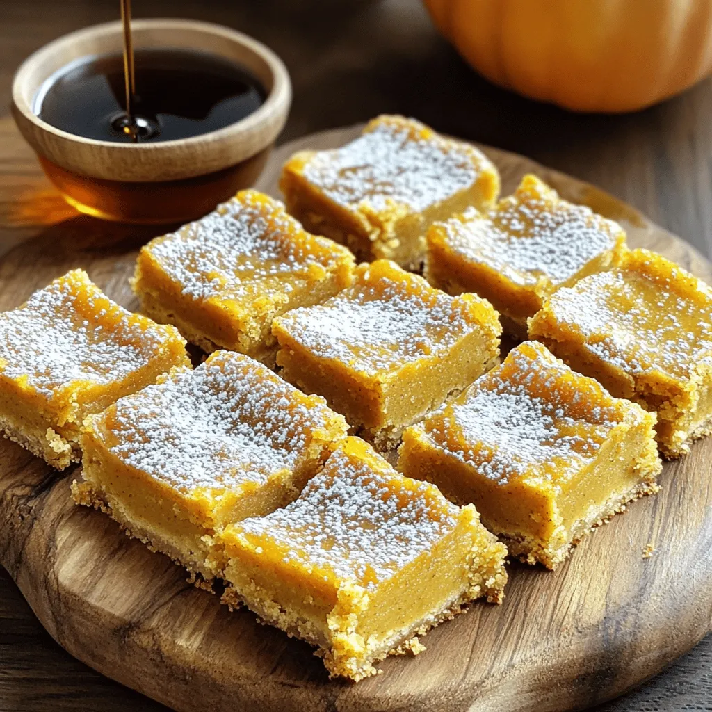 - 1 cup all-purpose flour - 1/2 cup old-fashioned oats - 1/2 teaspoon baking powder - 1/2 teaspoon baking soda - 1/4 teaspoon salt - 1/2 cup unsalted butter, softened - 1 cup packed brown sugar - 1/4 cup granulated sugar - 2 large eggs - 1/2 cup pure pumpkin puree - 1/4 cup pure maple syrup - 1 teaspoon vanilla extract - 1 teaspoon ground cinnamon - 1/4 teaspoon ground nutmeg - 1/4 teaspoon ground ginger - 1/2 cup chopped pecans - 1/4 cup powdered sugar for dusting - Mixing bowls - Electric mixer (or whisk) - 9x9-inch baking pan To make the Brown Sugar Maple Pumpkin Butter Bars, you need a few key ingredients. The base starts with brown sugar and pure maple syrup. These two ingredients create a sweet and rich flavor. Pumpkin puree adds a smooth and creamy texture. All-purpose flour binds everything together and gives the bars a nice structure. You can add optional ingredients for extra fun. Chopped pecans give a nice crunch and a nutty taste. A light dusting of powdered sugar on top makes the bars look fancy. For the best results, gather your equipment. Mixing bowls help you blend your ingredients. An electric mixer or a whisk is perfect for creaming the butter and sugars. A 9x9-inch baking pan is essential for baking the bars evenly. Check the [Full Recipe] for detailed steps and tips. 1. First, preheat your oven to 350°F (175°C). This step is key for even baking. 2. Next, prepare a 9x9-inch baking pan. You can grease it lightly or line it with parchment paper for easy removal. 3. In a medium bowl, mix the dry ingredients. Combine 1 cup of all-purpose flour, 1/2 cup of old-fashioned oats, 1/2 teaspoon of baking powder, 1/2 teaspoon of baking soda, and 1/4 teaspoon of salt. Whisk these together and set them aside for later. 1. Now, let’s cream the butter and sugars together. In a large bowl, use an electric mixer or a whisk to mix 1/2 cup of softened unsalted butter, 1 cup of packed brown sugar, and 1/4 cup of granulated sugar. Beat until creamy and light in color. 2. Add in 2 large eggs, one at a time. Mix well after each addition. Then stir in 1/2 cup of pure pumpkin puree, 1/4 cup of pure maple syrup, and 1 teaspoon of vanilla extract. Keep mixing until everything is smooth. 1. Gradually fold the dry mixture into the wet ingredients. Mix just until combined; a few lumps are okay for texture. 2. If you want a crunch, fold in 1/2 cup of chopped pecans at this stage. 3. Carefully pour the batter into your prepared pan. Use a spatula to spread it evenly. 4. Place the pan in the preheated oven and bake for 25-30 minutes. They are done when the edges are golden brown. A toothpick should come out clean from the center. 5. Once done, take the pan out and let the bars cool for about 10 minutes. After that, transfer them to a wire rack to cool completely. For the full experience, check out the Full Recipe. - Use a toothpick to check for doneness. Insert it in the center. If it comes out clean, the bars are ready. - Let the bars cool for about ten minutes before slicing. This helps them set and makes cutting easier. - Add spices for more depth. Try nutmeg, ginger, or even cloves for a kick. - Experiment with different sugars. Using brown sugar gives a rich flavor. You can mix in some granulated sugar for sweetness. - Arrange the bars elegantly on a platter. A rustic wooden platter works well. - Serve with maple syrup on the side. This adds a sweet touch and looks inviting. For the full recipe, check out Brown Sugar Maple Pumpkin Butter Bars. {{image_4}} You can easily switch things up with your Brown Sugar Maple Pumpkin Butter Bars. One simple change is to swap out pumpkin for sweet potato. This gives a unique taste and a lovely color. Sweet potatoes are just as creamy and sweet, making them a great choice. Another fun idea is to mix in chocolate chips or dried fruit. Chocolate adds a rich twist, while dried fruit can give a chewy texture. These choices make the bars even more delicious. If you need a gluten-free option, try using almond flour. It works well and keeps the bars moist. You can follow the full recipe and just replace all-purpose flour with almond flour. You might need to adjust the amount slightly, so keep an eye on the texture. For those looking for a vegan version, use egg replacements like flax eggs or applesauce. This keeps the bars light and fluffy without using eggs. The flavor stays rich and delightful, just like the original recipe. Adding seasonal ingredients can make these bars feel festive. For the holidays, consider mixing in cranberries or chopped pecans. These ingredients add a lovely touch and a burst of flavor. You can also sprinkle in some festive spices. Think about using nutmeg, allspice, or cloves. These spices give your bars a warm, cozy feel that’s perfect for any holiday gathering. After baking, let the bars cool completely. Place them in an airtight container. This helps keep them fresh. Store at room temperature for up to four days. If you want to keep them longer, try freezing them. To freeze the bars, wrap them tightly in plastic wrap. You can also use aluminum foil for extra protection. Place the wrapped bars in a freezer-safe bag. They will last for up to three months in the freezer. When ready to enjoy, thaw them in the fridge overnight. For the best taste, eat the bars within the first few days. They taste great fresh. If stored well, the bars still taste good for up to a week. I recommend enjoying them at room temperature. A light dusting of powdered sugar adds a nice touch too! If you want a warm treat, heat them in the oven for a few minutes. Enjoy your delicious Brown Sugar Maple Pumpkin Butter Bars! Look for a few key signs. First, check the edges. They should be a lovely golden brown. Next, insert a toothpick into the center. If it comes out clean or with a few crumbs, the bars are done. Finally, the top should feel set and not jiggle. You can use pumpkin pie filling, but it will change the taste. Pumpkin pie filling has added spices and sugar. This can make your bars sweeter and more spiced than intended. If you want to control the flavor, stick with pure pumpkin puree. These bars pair well with many treats. A scoop of vanilla ice cream adds creaminess. You can also serve them warm with whipped cream on top. For a cozy touch, drizzle maple syrup over the bars. A cup of spiced tea or coffee makes a great drink pairing too. For the full recipe, check the earlier section. You now have a clear path to making delicious Brown Sugar Maple Pumpkin Butter Bars. Start with essential ingredients like brown sugar and pumpkin puree. Follow the step-by-step instructions for baking and let your creation shine with tips and variations. Whether you choose to enhance flavors or adapt for dietary needs, your bars will impress. Store them properly, and enjoy them fresh. Baking these treats can bring joy to any occasion, so get started and make something special.