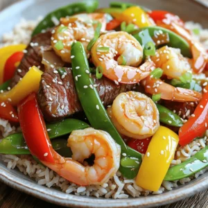 - 8 oz sirloin steak, thinly sliced - 8 oz shrimp, peeled and deveined - 2 cups mixed bell peppers (red, yellow, green) - 1 medium onion, sliced - 3 cloves garlic, minced - 3 tablespoons soy sauce (or tamari for gluten-free) - 1 tablespoon sesame oil - 1 tablespoon vegetable oil - 1 teaspoon red pepper flakes (optional) - Salt and pepper to taste - 1 cup snap peas, trimmed - 2 green onions, chopped - Cooked brown rice or quinoa for serving To make a high-protein steak and shrimp stir-fry, gather these fresh, vibrant ingredients. They bring color and flavor to your dish. The protein from the steak and shrimp makes this meal filling. The bell peppers and snap peas add crunch and nutrition. Using soy sauce adds depth to the flavor. Sesame oil gives a nice nutty taste. Don't forget the garlic for that classic stir-fry aroma! You can serve this dish over brown rice or quinoa. They both add healthy fiber and additional protein. For a full recipe, check out the details in the recipe section. - Prep Your Ingredients: Start by slicing the sirloin steak thinly against the grain. This helps make it tender. Next, peel and devein the shrimp. Cut the mixed bell peppers into thin strips and slice the onion into rings. Mince the garlic and ginger finely. This prep work makes cooking easier and faster. - Heat the Pan: In a large skillet or wok, add the vegetable oil. Heat it over medium-high heat until it shimmers. This shows that the pan is hot enough for frying. - Cook the Steak: Add the sliced steak to the hot pan. Season it with salt and pepper. Stir-fry for about 3-4 minutes, until the steak turns brown. Check for your preferred doneness. Once done, move the steak to a plate. - Cook the Shrimp: In the same hot pan, add the shrimp. Stir-fry for 2-3 minutes. Watch for the shrimp to turn a vibrant pink color. This means they are fully cooked. Remove the shrimp and place them on the plate with the steak. - Sauté the Vegetables: Now, add the sliced onion, bell peppers, and snap peas to the pan. Stir frequently for about 4-5 minutes. You want the veggies to be tender but still crisp. This keeps them tasty and colorful. - Add Aromatics: Next, toss in the minced garlic, ginger, and red pepper flakes if you like heat. Sauté for another 1-2 minutes. This step brings out the lovely scents and flavors. - Combine Everything: Return the cooked steak and shrimp to the pan. Drizzle in the soy sauce and sesame oil. Toss everything together for another 2 minutes. This warms up the dish and mixes the flavors well. - Season to Taste: Taste your stir-fry and adjust the seasoning. Add more salt and pepper if needed. Before serving, sprinkle some chopped green onions on top for freshness. - Serve: Serve the stir-fry over a bed of cooked brown rice or quinoa. This not only adds flavor but also boosts the dish's protein and fiber. For presentation, use a large, shallow bowl. Top with extra green onions and sesame seeds for a beautiful finish. Enjoy your High-Protein Steak and Shrimp Stir-Fry Delight! To boost protein in your stir-fry, consider adding: - Tofu: Firm tofu adds protein and absorbs flavors well. - Eggs: Scramble in a few eggs for extra richness. - Quinoa: Use quinoa instead of rice for a protein-rich base. To get a perfect sear on your steak: - Start with a hot pan. This helps seal in juices. - Don't overcrowd the pan. Cook in batches if needed. - Let the steak rest before slicing. This keeps it juicy. For different levels of doneness, use these cooking times: - Rare: 2-3 minutes per side. - Medium: 4-5 minutes per side. - Well-done: 6-7 minutes per side. Use the right stir-frying techniques for great veggies: - Keep the pan hot to avoid soggy vegetables. - Stir frequently but let them sit occasionally for char. - Add hard veggies like carrots first, then softer ones like bell peppers. Spice up your dish with these extras: - Chili paste: Adds heat and depth. - Fish sauce: A little goes a long way for umami. - Cilantro or basil: Fresh herbs brighten flavors. For balanced seasoning, remember these tips: - Taste as you cook. Adjust salt and pepper to your liking. - Use low-sodium soy sauce to control salt levels. - Add a squeeze of lime or lemon juice before serving. This dish is all about balance and creativity. Explore flavors and enjoy your cooking! For more detailed steps, check the Full Recipe. {{image_4}} You can easily switch out the vegetables in this dish. If you want a fresh taste, try using zucchini, broccoli, or carrots. These veggies add color and crunch. For seafood, feel free to swap shrimp for scallops or even crab. They will offer a unique flavor and texture. If you're looking for gluten-free options, use tamari instead of soy sauce. This keeps the dish tasty for those with gluten issues. For a vegetarian twist, replace steak and shrimp with tofu or tempeh. Both options absorb flavors well and pack a protein punch. To add a global flair, consider using different spices or sauces. Adding teriyaki or oyster sauce can change the entire vibe. You can also sprinkle in some cumin or coriander for a Middle Eastern touch. Don't be afraid to experiment; your taste buds will thank you! To keep your high-protein steak and shrimp stir-fry fresh, follow these tips: - Cool Down: Let the stir-fry cool to room temperature before storing. - Use Airtight Containers: Place leftovers in airtight containers to prevent moisture loss. - Fridge Duration: Store in the fridge for up to 3 days. To enjoy your stir-fry again, use these methods: - Stovetop Method: Heat in a skillet over medium heat for even warming. - Microwave Method: Use a microwave-safe dish and heat in short bursts. - Avoid Soggy Veggies: Reheat just until warm to keep veggies crisp. Freezing is great for longer storage. Here’s how: - Portion Control: Divide stir-fry into single servings before freezing. - Use Freezer Bags: Place portions in freezer bags, removing excess air. - Thawing: Thaw in the fridge overnight or use the microwave. - Reheat After Thawing: Heat thoroughly on the stovetop or microwave for best results. For the full recipe, check out the detailed cooking instructions for more tasty ideas! How long does it take to prepare and cook this dish? It takes about 15 minutes to prep and 10 minutes to cook. So, you can have a yummy meal ready in just 25 minutes. Can I use frozen steak or shrimp for this recipe? Yes, you can use frozen steak or shrimp. Just make sure to thaw them fully before cooking. This helps them cook evenly and taste great. What can I substitute for soy sauce? If you need a soy sauce substitute, use coconut aminos or tamari. Both options are tasty and work well in this dish. How can I make this dish less spicy? To make this dish less spicy, skip the red pepper flakes. You can also add more bell peppers for sweetness. What is the protein content in this dish? This dish packs in about 40 grams of protein per serving. The steak and shrimp give you a great protein boost. Is this recipe suitable for meal prep? Yes, this recipe is perfect for meal prep. You can store leftovers in the fridge for up to three days. Just reheat and enjoy! For the complete recipe, check out the [Full Recipe]. This blog post guided you through making a delicious stir-fry. You learned about essential ingredients like steak and shrimp, seasonal oils, and tips for cooking. We also explored variations to suit your tastes and dietary needs. As you experiment with this recipe, remember to get creative. Cooking is fun, and it’s all about enjoying the process. Use these steps and tips to build your confidence in the kitchen!