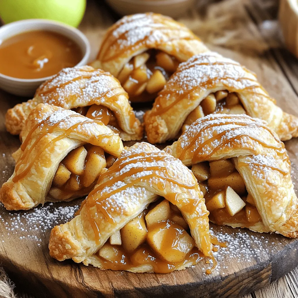 - 2 cups Granny Smith apples, peeled and diced - 1 cup packed brown sugar - 1 teaspoon ground cinnamon - 1 tablespoon freshly squeezed lemon juice - 1 tablespoon unsalted butter - 1 package (8 oz) refrigerated crescent roll dough - 1 cup caramel sauce (store-bought or homemade) - 1/2 teaspoon pure vanilla extract - 1/4 cup chopped pecans (optional, for added crunch) - Powdered sugar, for dusting Use these precise quantities for your caramel apple pie bombs: - 2 cups of diced apples give a nice balance of flavor. - 1 cup of brown sugar adds sweetness and depth. - 1 teaspoon of cinnamon brings warmth to the dish. - 1 tablespoon of lemon juice brightens the apple flavor. - 1 tablespoon of butter helps cook the apples nicely. - 1 package of crescent roll dough forms the tasty shell. - 1 cup of caramel sauce makes it extra sweet. - 1/2 teaspoon of vanilla adds a lovely aroma. - 1/4 cup of chopped pecans is optional for a crunchy texture. - A light sprinkle of powdered sugar adds a sweet finish. If you want to switch things up, try these suggestions: - Use Honeycrisp apples for a sweeter bite. - Substitute brown sugar with white sugar or maple syrup. - Use a gluten-free crescent roll dough for a gluten-free option. - Swap pecans for walnuts or leave them out entirely. - Try other spices like nutmeg or allspice for added warmth. First, heat a medium skillet on medium heat. Add one tablespoon of unsalted butter. Once melted, add 2 cups of diced Granny Smith apples. Sprinkle in 1 cup of packed brown sugar and 1 teaspoon of ground cinnamon. Drizzle 1 tablespoon of freshly squeezed lemon juice over the mixture. Cook this mix for about 5 to 7 minutes. Stir it occasionally until the apples soften and coat in a sweet glaze. Remove the filling from heat. Stir in 1/2 teaspoon of pure vanilla extract. For a nice crunch, add 1/4 cup of chopped pecans if you like. Let this filling cool slightly. Next, open your package of refrigerated crescent roll dough. Carefully unroll it on a clean surface. Cut it into triangles, keeping their shape. At the wide end of each triangle, add a generous tablespoon of the apple filling. Drizzle a teaspoon of caramel sauce over the apples to make them even sweeter. Start rolling from the wide end of the triangle. Roll it up snugly around the filling. Pinch the edges tightly to seal them. This step is key to keep the filling inside during baking. Preheat your oven to 375°F (190°C) while you prepare the pie bombs. Line a large baking sheet with parchment paper to prevent sticking. Arrange the rolled pie bombs on the baking sheet, leaving a few inches of space between each. This space allows them to puff up nicely while baking. Bake the bombs for about 12 to 15 minutes. You want them to be golden brown and puffed up. After baking, let them cool on the sheet for a few minutes. Drizzle more caramel sauce on top and dust with powdered sugar before serving. Enjoy these sweet treats! For a detailed recipe, check the Full Recipe. To get the best texture for your caramel apple pie bombs, focus on two main parts: the dough and filling. For the dough, use fresh crescent roll dough. Make sure it's cold when you work with it. This helps it puff up nicely in the oven. For the filling, aim for a balance. The apples should be soft but not mushy. Cook them just long enough to soften, about 5-7 minutes. The mixture should be sticky but not watery. If it is too wet, add a bit more brown sugar to thicken it. These bombs shine when served warm. I like to place them on a pretty platter. Drizzle extra caramel sauce on top for a sweet touch. You can also add a sprinkle of cinnamon for flavor and aroma. For a fun twist, serve them with a scoop of vanilla ice cream. The cold ice cream pairs well with the warm bombs, creating a delightful contrast. If you want, offer a small bowl of caramel sauce on the side for dipping. Baking can be tricky, but I have some tips to help you avoid common mishaps. First, always preheat your oven. A hot oven helps the dough rise properly. When arranging the bombs on the baking sheet, space them out. Leave a few inches between each one. This allows them to expand without sticking together. Watch the baking time closely. Every oven is different, so check them a couple of minutes early. You want them golden brown. If they brown too fast, cover them with foil to prevent burning. These tips will help you create perfect caramel apple pie bombs every time! For the complete process, check the Full Recipe. {{image_4}} You can make these caramel apple pie bombs even more fun! Add different spices like nutmeg or ginger for a warm kick. Try adding a splash of almond or maple extract to the filling. Both choices give a new twist that will surprise your taste buds. You can even mix in dried fruits like raisins or cranberries. This change adds a nice chewy texture. If you want to make these treats gluten-free, use gluten-free dough. Many brands offer this option that works great in baking. For a vegan version, swap the butter with coconut oil and use a plant-based caramel sauce. You can also choose a dairy-free crescent roll dough. These swaps make the recipe friendly for everyone without losing any taste. Change up the fruit to match the season! In fall, use pumpkin puree mixed with apple for a tasty twist. In summer, try peaches or berries for a fresh flavor. You can also add spices like cardamom or allspice for cozy warmth. These seasonal changes keep the recipe exciting and fun all year long. Check out the Full Recipe for more ideas! To keep your caramel apple pie bombs fresh, store them in an airtight container. They will stay good in the fridge for about 3 days. If you want to save them for later, you can freeze them. Just wrap each bomb tightly in plastic wrap, then place them in a freezer bag. They can last up to 2 months in the freezer. When you are ready to enjoy your pie bombs again, there are a few great ways to warm them up. The oven works best. Preheat it to 350°F (175°C). Place the bombs on a baking sheet and heat for about 10-15 minutes. You can also use a microwave. Heat them for about 15-20 seconds, but they may not be as crispy. These tasty treats have a short lifespan when stored. In the fridge, expect them to last about 3 days. In the freezer, they can hold up for about 2 months. For the best taste, try to eat them within these time frames. Enjoy the sweet, warm flavor of caramel apple pie bombs right out of the oven or warmed up later. Making Caramel Apple Pie Bombs is quick and easy. The prep time takes about 20 minutes. You will need an additional 12-15 minutes for baking. In total, you can have these tasty treats ready in about 35 minutes. Yes, you can prepare the filling ahead of time. Just store it in the fridge for up to 24 hours. When you're ready, you can roll and bake the bombs fresh. This makes it easy to serve warm treats at a moment's notice. I love to serve these bombs warm. They taste best right out of the oven. You can drizzle extra caramel sauce on top for more sweetness. For a fun twist, offer a bowl of caramel sauce for dipping. You can also sprinkle powdered sugar for a nice finish. Enjoy these sweet bites with family and friends! In this post, we covered how to make delicious Caramel Apple Pie Bombs. We looked at the key ingredients like apples, brown sugar, and crescent dough. You learned step-by-step how to prepare the filling, assemble the bombs, and bake them to perfection. I shared tips for texture, serving ideas, and how to customize for dietary needs. These treats are easy to make and fun to share. Enjoy them fresh, warm, or any way you like! Happy baking!