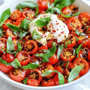 - 3 cups cherry tomatoes, halved - 1 cup fresh basil leaves, torn - 1 tablespoon balsamic vinegar - 2 tablespoons high-quality extra virgin olive oil - 1 teaspoon honey - Sea salt and freshly cracked black pepper - 8 oz burrata cheese, at room temperature - 1 teaspoon red pepper flakes (optional) To create a marinated tomato and burrata salad, start with fresh, ripe cherry tomatoes. They provide sweetness and juiciness. I love using basil for its fresh aroma and vibrant color. The balsamic vinegar adds tanginess, while extra virgin olive oil gives richness. Honey balances the flavors perfectly, enhancing sweetness without overpowering. Burrata cheese is a star ingredient. It’s creamy, rich, and melts in your mouth. You can use sea salt and black pepper to taste. If you want some heat, add red pepper flakes. They give the dish a spicy kick. What are the benefits of tomatoes? Tomatoes are full of antioxidants. They have vitamins C and K, which help your body stay strong. They also support heart health. What are the advantages of basil? Basil has anti-inflammatory properties. It can help reduce swelling. Plus, its strong flavor makes dishes taste better without extra salt. What is the nutritional profile of burrata cheese? Burrata offers protein and calcium. It helps build strong bones and muscles. While it’s rich, just a little goes a long way in flavor. 1. Begin by placing the halved cherry tomatoes and torn basil leaves into a large mixing bowl. 2. Gently combine them to ensure even distribution. 3. In a separate small bowl, whisk together the balsamic vinegar, extra virgin olive oil, honey, a pinch of sea salt, and a few cracks of black pepper. 4. Whisk until the mixture is smooth and all ingredients are well combined. 5. Drizzle the prepared dressing over the bowl of tomatoes and basil. 6. Using a large spoon, carefully toss the ingredients together. Ensure all the tomatoes and basil are coated in the dressing. Marinating is key to this salad. It helps the tomatoes soak up the dressing. This step enhances the taste and unites the flavors. Letting the salad sit at room temperature for at least 30 minutes makes a big difference. If you have more time, an hour is even better. Just before serving, take the burrata cheese and gently tear it into rustic pieces with your hands. Nestle the torn burrata on top of the marinated tomatoes in the bowl. If you want an extra kick of flavor, sprinkle red pepper flakes over the top. This adds a nice spice. For the finishing touch, drizzle a bit more extra virgin olive oil over the salad. You can also sprinkle with a little more sea salt if you like. This will really elevate the flavors before serving. Enjoy this fresh and zesty salad with your friends and family. - Choosing the right tomatoes: For this salad, I love using cherry tomatoes. They are sweet and juicy. Look for bright colors and smooth skin. You want them fresh and firm. If you can, choose local or organic tomatoes for the best taste. - Selecting high-quality olive oil: Use extra virgin olive oil. It brings a rich flavor to the dish. Look for a bottle with a harvest date. Fresh oil is always best. A good oil can make a big difference in taste. - Timing for marination: Marinating is key to this salad. Let the tomatoes sit in the dressing for at least 30 minutes. This time allows the flavors to mix well. If you marinate too long, the tomatoes can become mushy. Aim for a balance. - Serving in an elegant dish: A shallow serving bowl works wonders for this salad. It allows everyone to see the colors. Arrange the tomatoes and burrata artfully. This creates a beautiful centerpiece for your table. - Garnishing for visual appeal: Fresh basil leaves can add a pop of color. Sprinkle them over the top for a fresh look. You can also drizzle a little more olive oil. This not only looks good but adds flavor too. - Over-marinating: Keep an eye on the marination time. If you leave the tomatoes too long, they lose their crunch. Aim for 30 to 60 minutes max for the best texture. - Using low-quality ingredients: This salad shines with fresh, high-quality ingredients. Avoid cheap tomatoes or oils. Using better ingredients will elevate your dish and make it truly special. For the complete recipe, check out the [Full Recipe]. {{image_4}} You can mix and match flavors in your marinated tomato and burrata salad. Adding fruits like peaches or avocados brings a juicy touch. The sweetness of peaches pairs well with the tangy tomatoes. Avocados add a creamy texture that complements the burrata. You can also throw in nuts like pine nuts or walnuts for crunch. They add a nice contrast to the soft burrata. Fresh herbs like mint or parsley can brighten the dish. These herbs bring a fresh burst of flavor that lifts the whole salad. If you want a vegan option, you can swap burrata for vegan cheese. There are many good brands that mimic the creamy texture. You can also use tofu, which works well with the dressing. For gluten-free needs, this salad is already a great choice. All the ingredients are naturally gluten-free. You can enjoy it without any worries, making it a perfect dish for everyone. Want a spicy kick? Just add more red pepper flakes to your salad. This small change can turn a mild dish into a bold one. You can also try different vinegars or dressings. A splash of apple cider vinegar or a citrus vinaigrette can change the whole flavor profile. Experimenting with different combinations will help you find the perfect mix for your taste. To keep your marinated salad fresh, place it in an airtight container. Store it in the fridge. Make sure the burrata stays separate until you're ready to eat. This keeps it creamy and delicious. You can add it right before serving for the best taste. You can enjoy this salad for up to three days. After three days, the tomatoes may become mushy. Look for signs of spoilage. If the tomatoes smell sour or look slimy, it’s best to toss them. Always trust your senses when it comes to food safety. Don't let leftovers go to waste! You can turn your salad into tasty sandwiches or wraps. Spread some leftover salad on crusty bread. Add some greens for crunch. You can even mix it with pasta for a delightful dish. Get creative and enjoy every bite! Yes, you can make this salad ahead of time. Marinating the tomatoes enhances their flavor. However, add the burrata just before serving. This keeps it fresh and creamy. If you can't find burrata, you can use fresh mozzarella. It has a similar taste and texture. Ricotta can also work, but it will be creamier and less stretchy. Choose ripe, in-season tomatoes. Look for ones that are bright and firm. Gently press them to check for ripeness. You can also sprinkle salt on them to enhance their natural sweetness. Yes! Adding protein can make this salad heartier. Grilled chicken, shrimp, or chickpeas are great options. They pair well with the flavors of the tomatoes and burrata. Yes, this Marinated Tomato and Burrata Salad is gluten-free. It uses fresh ingredients without any gluten-containing products. Enjoy it without worry if you follow a gluten-free diet. For the complete recipe, check out the full recipe. This blog post shared an easy and tasty marinated tomato and burrata salad recipe. You learned about the key ingredients, their health benefits, and step-by-step instructions for preparation. I also gave tips for perfecting your salad and ideas for variations. Remember, fresh ingredients make all the difference. Keep these tips in mind as you try this delicious dish. Enjoy your cooking adventure and trust you'll impress your guests!