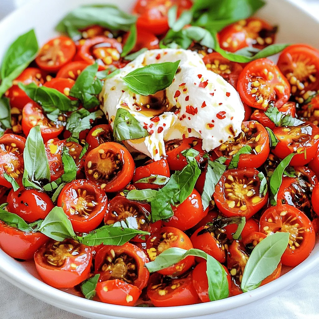 - 3 cups cherry tomatoes, halved - 1 cup fresh basil leaves, torn - 1 tablespoon balsamic vinegar - 2 tablespoons high-quality extra virgin olive oil - 1 teaspoon honey - Sea salt and freshly cracked black pepper - 8 oz burrata cheese, at room temperature - 1 teaspoon red pepper flakes (optional) To create a marinated tomato and burrata salad, start with fresh, ripe cherry tomatoes. They provide sweetness and juiciness. I love using basil for its fresh aroma and vibrant color. The balsamic vinegar adds tanginess, while extra virgin olive oil gives richness. Honey balances the flavors perfectly, enhancing sweetness without overpowering. Burrata cheese is a star ingredient. It’s creamy, rich, and melts in your mouth. You can use sea salt and black pepper to taste. If you want some heat, add red pepper flakes. They give the dish a spicy kick. What are the benefits of tomatoes? Tomatoes are full of antioxidants. They have vitamins C and K, which help your body stay strong. They also support heart health. What are the advantages of basil? Basil has anti-inflammatory properties. It can help reduce swelling. Plus, its strong flavor makes dishes taste better without extra salt. What is the nutritional profile of burrata cheese? Burrata offers protein and calcium. It helps build strong bones and muscles. While it’s rich, just a little goes a long way in flavor. 1. Begin by placing the halved cherry tomatoes and torn basil leaves into a large mixing bowl. 2. Gently combine them to ensure even distribution. 3. In a separate small bowl, whisk together the balsamic vinegar, extra virgin olive oil, honey, a pinch of sea salt, and a few cracks of black pepper. 4. Whisk until the mixture is smooth and all ingredients are well combined. 5. Drizzle the prepared dressing over the bowl of tomatoes and basil. 6. Using a large spoon, carefully toss the ingredients together. Ensure all the tomatoes and basil are coated in the dressing. Marinating is key to this salad. It helps the tomatoes soak up the dressing. This step enhances the taste and unites the flavors. Letting the salad sit at room temperature for at least 30 minutes makes a big difference. If you have more time, an hour is even better. Just before serving, take the burrata cheese and gently tear it into rustic pieces with your hands. Nestle the torn burrata on top of the marinated tomatoes in the bowl. If you want an extra kick of flavor, sprinkle red pepper flakes over the top. This adds a nice spice. For the finishing touch, drizzle a bit more extra virgin olive oil over the salad. You can also sprinkle with a little more sea salt if you like. This will really elevate the flavors before serving. Enjoy this fresh and zesty salad with your friends and family. - Choosing the right tomatoes: For this salad, I love using cherry tomatoes. They are sweet and juicy. Look for bright colors and smooth skin. You want them fresh and firm. If you can, choose local or organic tomatoes for the best taste. - Selecting high-quality olive oil: Use extra virgin olive oil. It brings a rich flavor to the dish. Look for a bottle with a harvest date. Fresh oil is always best. A good oil can make a big difference in taste. - Timing for marination: Marinating is key to this salad. Let the tomatoes sit in the dressing for at least 30 minutes. This time allows the flavors to mix well. If you marinate too long, the tomatoes can become mushy. Aim for a balance. - Serving in an elegant dish: A shallow serving bowl works wonders for this salad. It allows everyone to see the colors. Arrange the tomatoes and burrata artfully. This creates a beautiful centerpiece for your table. - Garnishing for visual appeal: Fresh basil leaves can add a pop of color. Sprinkle them over the top for a fresh look. You can also drizzle a little more olive oil. This not only looks good but adds flavor too. - Over-marinating: Keep an eye on the marination time. If you leave the tomatoes too long, they lose their crunch. Aim for 30 to 60 minutes max for the best texture. - Using low-quality ingredients: This salad shines with fresh, high-quality ingredients. Avoid cheap tomatoes or oils. Using better ingredients will elevate your dish and make it truly special. For the complete recipe, check out the [Full Recipe]. {{image_4}} You can mix and match flavors in your marinated tomato and burrata salad. Adding fruits like peaches or avocados brings a juicy touch. The sweetness of peaches pairs well with the tangy tomatoes. Avocados add a creamy texture that complements the burrata. You can also throw in nuts like pine nuts or walnuts for crunch. They add a nice contrast to the soft burrata. Fresh herbs like mint or parsley can brighten the dish. These herbs bring a fresh burst of flavor that lifts the whole salad. If you want a vegan option, you can swap burrata for vegan cheese. There are many good brands that mimic the creamy texture. You can also use tofu, which works well with the dressing. For gluten-free needs, this salad is already a great choice. All the ingredients are naturally gluten-free. You can enjoy it without any worries, making it a perfect dish for everyone. Want a spicy kick? Just add more red pepper flakes to your salad. This small change can turn a mild dish into a bold one. You can also try different vinegars or dressings. A splash of apple cider vinegar or a citrus vinaigrette can change the whole flavor profile. Experimenting with different combinations will help you find the perfect mix for your taste. To keep your marinated salad fresh, place it in an airtight container. Store it in the fridge. Make sure the burrata stays separate until you're ready to eat. This keeps it creamy and delicious. You can add it right before serving for the best taste. You can enjoy this salad for up to three days. After three days, the tomatoes may become mushy. Look for signs of spoilage. If the tomatoes smell sour or look slimy, it’s best to toss them. Always trust your senses when it comes to food safety. Don't let leftovers go to waste! You can turn your salad into tasty sandwiches or wraps. Spread some leftover salad on crusty bread. Add some greens for crunch. You can even mix it with pasta for a delightful dish. Get creative and enjoy every bite! Yes, you can make this salad ahead of time. Marinating the tomatoes enhances their flavor. However, add the burrata just before serving. This keeps it fresh and creamy. If you can't find burrata, you can use fresh mozzarella. It has a similar taste and texture. Ricotta can also work, but it will be creamier and less stretchy. Choose ripe, in-season tomatoes. Look for ones that are bright and firm. Gently press them to check for ripeness. You can also sprinkle salt on them to enhance their natural sweetness. Yes! Adding protein can make this salad heartier. Grilled chicken, shrimp, or chickpeas are great options. They pair well with the flavors of the tomatoes and burrata. Yes, this Marinated Tomato and Burrata Salad is gluten-free. It uses fresh ingredients without any gluten-containing products. Enjoy it without worry if you follow a gluten-free diet. For the complete recipe, check out the full recipe. This blog post shared an easy and tasty marinated tomato and burrata salad recipe. You learned about the key ingredients, their health benefits, and step-by-step instructions for preparation. I also gave tips for perfecting your salad and ideas for variations. Remember, fresh ingredients make all the difference. Keep these tips in mind as you try this delicious dish. Enjoy your cooking adventure and trust you'll impress your guests!